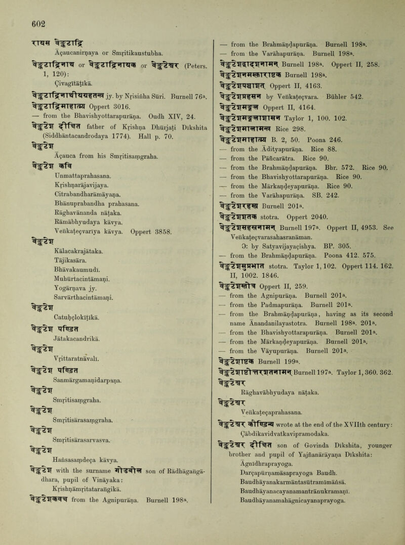 A^aucanirnaya or Smritikaustubha. or or (Peters. 1, 120): Qivagitatika. jy, by Nrisiuha Suri. Burnell 76a. ^ ^ iTf^^TT^TTi^T Oppert 3016. — from tbe Bhavishyottarapurana. Oudh XIV, 24. father of Krishna Dburjati Bikshita (Siddhantacandrodaya 1774). Hall p. 70. ^ ^_ Apauca from his Smritisamgraha. Un m attap rahasana. Krishnaraj avij aya. Citrabandharamayana. Bhanuprabandha prahasana. Raghavananda nataka. Ramabhyudaya kavya. Venkate9varlya kavya. Oppert 3858. Kalacakrajataka. Tajikasara. Bbavakaumudl. Muhurtacintamani. Yogarnava jy. Sarvarthacintamani. Catuh9lokitika. Jatakacandrika. Vrittaratnavall. Sanmargamanidarpana. *s. ^ Smritisamgraha. S mritisarasamgraha. Smritisarasarvasva. Hahsasamde9a kavya. with the surname son of Radhagaiiga- dhara, pupil of Vinayaka; Krishnamritatarangika. from the Agnipurana. Burnell 198a. — from the Brahmandapurana. Burnell 198^. — from the Varahapurana. Burnell 198^. Burnell 198*i. Oppert II, 258. Burnell 198a. Oppert II, 4163. by Venkate9vara. Biihler 542. Oppert II, 4164. Taylor 1, 100. 102. B. 2, 50. Poona 246. — from the .Adityapurana. Rice 88. — from the PMcaratra. Rice 90. — from the Brahmandapui'ana. Bhr. 572. Rice 90. — from the Bhavishyottarapurana. Rice 90. — from the Markandeyapurana. Rice 90. — from the Varahapurana. SB. 242. Burnell 201a. 4519171^ stotra. Oppert 2040. Burnell 197a. Oppert II, 4953. See V enkate9varasahasranaman. 0: by Satyavijaya9ishya. BP. 305. — from the Brahmandapurana. Poona 412. 575. %ft9TfTWTfT stotra. Taylor 1, 102. Oppert 114. 162. II, 1*002. 1846. Oppert II, 259. — from the Agnipurana. Burnell 201a. — from the Padmapurana. Burnell 201a. — from the Brahmandapurana, having as its second name Anandanilayastotra. Burnell 198a. 201a. — from the Bhavishyottarapurana. Burnell 201a. — from the Markandeyapurana. Burnell 201a. — from the Vayupurana. Burnell 201a. . Burnell 199a. Burnell 197a. Taylor 1, 360. 362. •n. Raghavabhyudaya nataka. Venkate9aprahasana. wrote at the end of the X Vllth century: (,labdikavidvatkavipramodaka. son of Govinda Dikshita, younger brother and pupil of Yajnanarayana Dikshita: Agnidhraprayoga. Dar9apurnamasaprayoga Baudh. Baudhayanakarmantasutramimansa. Baudhayanacayanamantranukramanl. Baudhayanamahagnicayanaprayoga.