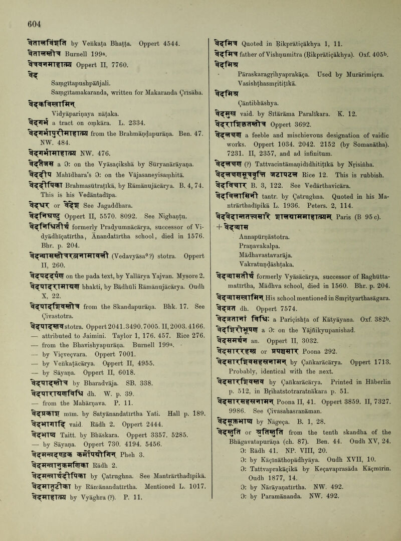 by Venkata Bhatta. Oppert 4544. Burnell 199®. Oppert II, 7760. Samgitapushpanj all. Samgitamakaranda, written for Makaranda (^rlsaba. Vidyaparinaya nataka. a tract on omkara. L. 2334. from the Brahmandapurana. Ben. 47. NW. 484. NW. 476. a 0: on the Vyasa9iksha by Suryanarayana. Mahidhara’s 0: on the Vajasaneyisamhita. Brahmasutratika, by Ramanujacarya. B. 4, 74. This is his Vedantadipa. or See Jagaddhara. Oppert II, 5570. 8092. See Nighantu. formerly Pradyumnacarya, successor of Vi- dyadhl^atirtha, Anandatirtha school, died in 1576. Bhr. p. 204. (Vedavyasa® ?) stotra. Oppert II, 260. on the pada text, by Yallaiya Yajvan. Mysore 2. bhakti, by Badhuli Ramanujacarya. Oudh X, 22. fi’om the Skandapurana. Bhk. 17. See Qivastotra. %^m^W^stotra. 0ppert2041.3490.7005. II,2003.4166. — attributed to Jaimini. Taylor 1, 176. 457. Rice 276. — from the Bhavishyapurana. Burnell 199^. — by Vi9ve9vara. Oppert 7001. — by Venkatacarya. Oppert II, 4955. — by Sayana. Oppert II, 6018. by Bharadvaja. SB. 338. dh. W. p. 39. — from the Maharnava. P. 11. mim. by Satyanandatirtha Yati. Hall p. 189. vaid. Radh 2. Oppert 2444. Taitt. by Bhaskara. Oppert 3357. 5285. — by Sayana. Oppert 730. 4194. 5456. Pheh 3. Radh 2. by (^atrughna. See Mantrarthadipika. by Ramanandatirtha. Mentioned L. 1017. by Vyaghra(?). P. 11. Quoted in Rikpratiijakhya 1, 11. father of Vishnumitra (Rikprati9akhya). Oxf. 4051^. Paraskaragrihyapraka9a. Used hy Murarimi9ra. Vasishthasmrititlka. Qantibhashya. vaid. by Sitarama Paralikara. K. 12. Oppert 3692. a feeble and mischievous designation of vaidic works. Oppert 1034. 2042. 2152 (by Somanatha). 7231. II, 2357, and ad infinitum. (?) Tattvacintamanididhititika by Nrisinha. Rice 12. This is ruhhish. B. 3, 122. See Vedarthavicara. tantr. by Qatrughna. Quoted in his Ma¬ ntrarthadipika L. 1936. Peters. 2, 114. Paris (B 95 c). Annapurnastotra. Pranavakalpa. Madhavastavaraja. Vakr atun dash taka. formerly Vyasacarya, successor of Raghutta- matlrtha, Madhva school, died in 1560. Bhr. p. 204. school mentioned in Smrityarthasagara. dh. Oppert 7574. a Pari9ishta of Katyayana. Oxf. 382b. a 0: on the Yajnikyupanishad. an. Oppert II, 3032. or Poona 292. hy Qankaracarya. Oppert 1713. Probably, identical with the next. by Qankaracarya. Printed in Haberlin p. 512, in Brihatstotraratnakara p. 51. Poona II, 41. Oppert 3859. II, 7327. 9986. See Qivasahasranaman. by Nage9a. B. 1, 28. or from the tenth skandha of the Bhagavatapurana (ch. 87). Ben. 44. Oudh XV, 24. 0: Radh 41. NP. VIII, 20. 0: by Ka9lnathopadhyaya. Oudh XVII, 10. 0: Tattvapraka9ika hy Ke9avaprasada Ka9mlrin. Oudh 1877, 14. 0: by Narayanatirtha. NW. 492. 0: by Paramananda. NW. 492.