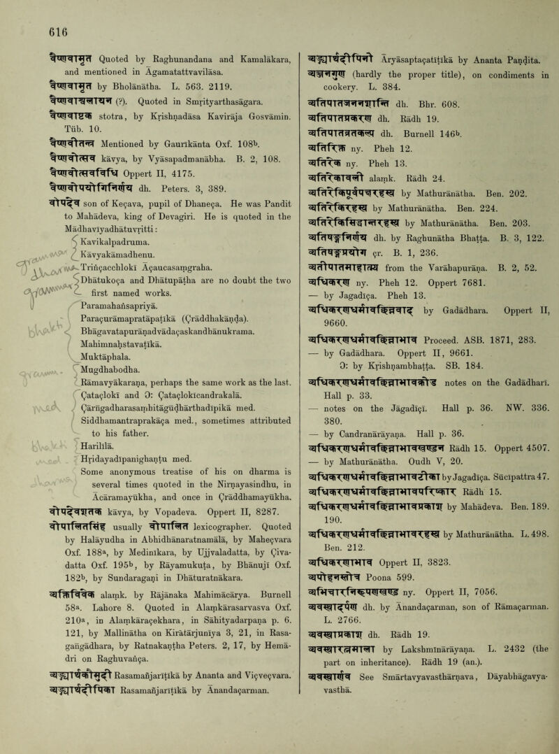 Quoted by Raghunandana and Kamalakara, and mentioned in Agamatattvavilasa. by Bholanatha. L. 563. 2119. (?). Quoted in Smrityarthasagara. q«(!iqIgcf) stotra, by Krishnadasa Kaviraja Gosvamin. Tiib. 10. Mentioned by Gaurikanta Oxf. lOSt*. kavya, by Vyasapadmanabha. B. 2, 108. Oppert II, 4175. q «t!i ql M^ dh. Peters. 3, 389. son of Ke9ava, pupil of Dbane9a. He was Pandit to Mahadeva, king of Devagiri. He is quoted in the Madhavlyadbatuvritti: y Kavikalpadi’uma. i Kavyakaniadhenu. ^ .1 ^»vA^Trin9accbloki A9aucasaingraha. ^ SDhatuko9a and Dbatupatlia are no doubt the two first named works. Paramahansapriya. Para9uramapratapatlka (Qraddhakanda). ' , ' Bhagavatapuranadvada9askandhanukrama. Mahimnahstavatika. _Muktaphala. CMugdhabodha. C Ramavyakarana, perhaps the same work as the last. (^Qata9lokl and 0: Qata9loklcandrakala. V \b- ) Qarngadharasamhitagudharthadipika med. I Siddhamantrapraka9a med., sometimes attributed ^ to his father. -i ^Harillla. Hridayadipanighantu med. Some anonymous treatise of his on dharma is several times quoted in the Nirnayasindhu, in Acaramayukha, and once in Qraddhamayukha. kavya, by Vopadeva. Oppert II, 8287. usually lexicographer. Quoted by Halayudha in Abhidhanaratnamala, by Mahe9vara Oxf. 188^, by Medinikara, by Ujjvaladatta, by Qiva- datta Oxf. 1951>, by Rayamukuta, by Bhanuji Oxf. 1821», by Sundaragani in Dhaturatnakara. alamk. by Rajanaka Mahimacarya. Burnell 58a. Lahore 8. Quoted in Alarnkarasarvasva Oxf. 210a, in Alamkara9ekhara, in Sahityadarpana p. 6. 121, by Mallinatha on Kiratarjunlya 3, 21, in Rasa- gangadhara, by Ratnakantha Peters. 2, 17, by Hema- dri on Raghuvah9a. Rasamanjantika by Ananta and Vi9ve9vara. Rasamanjantika by Ananda9arman. Aryasapta9atitika by Ananta Pandita. (hardly the proper title), on condiments in cookery. L. 384. dh. Bhr. 608. ^f^XTTfTinfiTTCfr dh. Radh 19. s( ddh. Burnell 146b. ny. Pheh 12. ny. Pheh 13. alamk. Radh 24. by Mathuranatha. Ben. 202. by Mathuranatha. Ben. 224. by Mathuranatha. Ben. 203. dh. by Raghunatha Bhatta. B. 3, 122. «?i’- B- 1, 236. from the Varahapurana. B. 2, 52. ^f^qt4,*l! ny. Pheh 12. Oppert 7681. — by Jagadl9a. Pheh 13. by Gadadhara. Oppert II, 9660. Proceed. ASB. 1871, 283. — by Gadadhara. Oppert II, 9661. 0: by Krishnambhatta. SB. 184. notes on the Gadadhan. Hall p. 33. — notes on the Jagadi9l. Hall p. 36. NW. 336. 380. — by Candranarayana. Hall p. 36. Radh 15. Oppert 4507. — by Mathuranatha. Oudh V, 20. byJagadi9a. Suclpattra47. Radh 15. by Mahadeva. Ben. 189. 190. by Mathuranatha. L. 498. Ben. 212. Oppert II, 3823. Poona 599. ny. Oppert II, 7056. oqq*^I^mUI dh. by Ananda9arman, son of Rama9arman. L. 2766. ^^TTI^BTir dh. Radh 19. by Lakshminarayana. L. 2432 (the part on inheritance). Radh 19 (an.). See Smartavyavastharnava, Dayabhagavya- vastha.