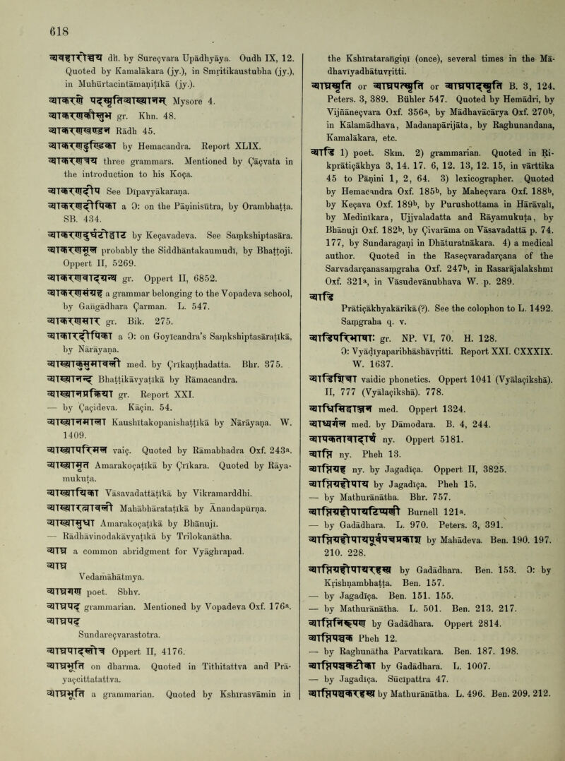 dh. by Sure^vara Upadhyaya. Oudh IX, 12. Quoted by Kamalakara (jy.), in Smritikaustubba (jy.), in Muhurtacintamanitika (jy.). Mysore 4. gr. Khn. 48. Radb 45. by Hemacandra. Report XLIX. three grammars. Mentioned by Qa9vata in the introduction to his Ko(ja. See Dipavyakarana. a 0: on the Paninisutra, by Oi’ambhatta. SB. 434. by Ke^avadeva. See Sainkshiptasara. probably the Siddhantakaumudl, by Bhattoji. Oppert IT, 5269. gr. Oppert II, 6852. a grammar belonging to the Vopadeva school, by Gaiigadhara Qarman. L. 547. gr. Bik. 275. a 0: on Goyicandra’s Satnkshiptasaratika, by Narayana. med. by Qrlkanthadatta. Bhr. 375. Bhattikavyatika by Ramacandi'a. gr. Report XXL — by Qa^ideva. Ka^in. 54. Kaushltakopanishattlka by Narayana. W. 1409. vai9. Quoted by Ramabhadra Oxf. 243^. ^T^T^rT Amarako9atlka by Qrikara. Quoted by Raya- mukuta. ^Twrf^^fiT Vasavadattatika by Vikramarddhi. Mahabharatatika by Anandapurna. ^ 1 Amarako9atika by Bhanuji. — Radhavinodakavyatika, by Trilokanatha. a common abridgment for Vyaghrapad. V edamahatmya. poet. Sbhv. grammarian. Mentioned by Vopadeva Oxf. 176a. Sundare9varastotra. Oppert II, 4176. ^TVr^fT on dharma. Quoted in Tithitattva and Pra- ya9cittatattva. a grammarian. Quoted by Kshlrasvamin in the Kshiratarangini (once), several times in the Ma- dhavlyadhatuvritti. or or B. 3, 124. Peters. 3, 389. Biihler 547. Quoted by Hemadri, by Vijnane9vara Oxf. 356*, by Madhavacarya Oxf. 270*>, in Kalamadhava, Madanaparijata, by Raghunandana, Kamalakara, etc. 1) poet. Skm. 2) grammarian. Quoted in Ri- kprati9akhya 3, 14. 17. 6, 12. 13, 12. 15, in varttika 45 to Panini 1, 2, 64. 3) lexicographer. Quoted by Hemacandra Oxf. 185b, by Mahe9vara Oxf. 188b, by Ke9ava Oxf. 189b, by Purushottama in Haravali, by Medinikara, Ujjvaladatta and Rayamukuta, by Bhanuji Oxf. 182b, by Qivarama on Vasavadatta p. 74. 177, by Sundaragani in Dhaturatnakara. 4) a medical author. Quoted in the Rase9varadar9ana of the Sarvadar9anasamgraha Oxf. 247b, in Rasarajalakshml Oxf. 321a, in Vasudevanubhava W. p. 289. Prati9akhyakarika(?). See the colophon to L. 1492. Sarngraha q. v. gr. NP. VI, 70. H. 128. 0: Vyadlyaparibhashavritti. Report XXL CXXXIX. W. 1637. ^Tf^fll'^7 vaidic phonetics. Oppert 1041 (Vyala9iksha). II, 777 (Vyala9iksha). 778. med. Oppert 1324. med. by Damodara. B. 4, 244. ny. Oppei’t 5181. ^TfH ny. Pheh 13. ny. by Jagadl9a. Oppert II, 3825. by Jagadl9a. Pheh 15. — by Mathuranatha. Bhr. 757. Burnell 121a. — by Gadadhara. L. 970. Peters. 3, 391. by Mahadeva. Ben. 190. 197. 210. 228. by Gadadhara. Ben. 153. 0: by Krishnambhatta. Ben. 157. — by Jagadl9a. Ben. 151. 155. — by Mathuranatha. L. 501. Ben. 213. 217. by Gadadhara. Oppert 2814. Pheh 12. — by Raghunatha Parvatikara. Ben. 187. 198. by Gadadhara. L. 1007. — by Jagadi9a. Sucipattra 47. by Mathuranatha. L. 496. Ben. 209. 212.