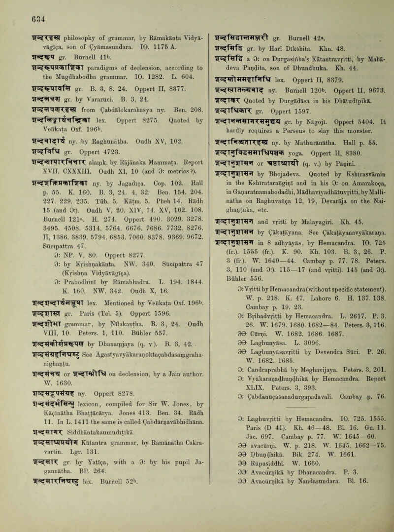 philosophy of grammar, by Ramakanta Vidya- vagi^a, son of Qyamasundara. 10. 1175 A. gr. Burnell 41b. paradigms of declension, according to the Mugdhabodha grammar. 10. 1282. L. 604. gr. B. 3, 8. 24. Oppert II, 8377. gr. by Vararuci. B. 3, 24. from Qabdalokarahasya ny. Ben. 208. lex. Oppert 8275. Quoted by Venkata Oxf. 196b. ny. by Raghunatha. Oudh XV, 102. gr. Oppert 4723. alamk. by Rajanaka Mammata. Report XVII. CXXXIII. Oudh XI, 10 (and 0: metrics?). ny. by Jagadl9a. Cop. 102. Hall p. 55. K. 160. B. 3, 24. 4, 32. Ben. 154. 204. 227. 229. 235. Tiib. 5. Katm. 5. Pheh 14. Radh 15 (and 0:). Oudh V, 20. XIV, 74. XV, 102. 108. Burnell 121a. H. 274. Oppert 490. 3029. 3278. 3495. 4508. 5314. 5764. 6676. 7686. 7732. 8276. II, 1386. 3839. 5794. 6853. 7060. 8378. 9369. 9672. Sucipattra 47. 0: NP. V, 80. Oppert 8277. 0: by Krishnakanta. NW. 340. Sucipattra 47 (Krishna Vidyavaglija). 0: PrabodhinI by Ramabhadra. L. 194. 1844. K. 160. NW. 342. Oudh X, 16. lex. Mentioned by Venkata Oxf. 196b. gr. Paris (Tel. 5). Oppert 1596. grammar, by Nilakantha. B. 3, 24. Oudh VIII, 10. Peters. 1, 110. Buhler 557. by Dhanamjaya (q. v). B. 3, 42. See Agastyavyakaranokta9abdasamgraha- nighantu. or on declension, by a Jain author. W. 1630. lexicon, compiled for Sir W. Jones, by Ka9lnatha Bhattacarya. Jones 413. Ben. 34. Radh 11. In L. 1411 the same is called Qabdarnavabhidbana. Siddhantakaumuditika. Kat antra giammar, by Ramanatha Cakra- vartin. Lgr. 131. gr. by A'ati9a, with a 0: by his pupil Ja- gannatha. BP. 264. lex. Burnell 52b. gr. Burnell 42a. gr. by Hari Dikshita. Khn. 48. a 0: on Durgasihha’s Katantravritti, by Maha- deva Pandita, son of Dhundhuka. Kh. 44. lex. Oppert II, 8379. ny. Burnell 120b. Oppert II, 9673. Quoted by Durgadasa in his Dbatudipika. gr. Oppert 1597. gr. by Nagoji. Oppert 5404. It hardly requires a Perseus to slay this monster. ny. by Mathuranatha. Hall p. 55. yoga. Oppert II, 8380. or (q. V.) by Panini. by Bhojadeva. Quoted by Kshlrasvamin in the Kshiratarangim and in his 0: on Amarako9a, in Ganaratnamahodadhi, Madhavlyadhatuvritti, byMalli- natha on Raghuvau9a 12, 19, Devaraja on the Nai- ghantuka, etc. and vritti bj' Malayagiri. Kh. 45. I by Qakatayana. See Qakatayanavyakarana. in 8 adhyayas, by Hemacandra. 10. 725 (fr.). 1555 (fr.). K. 90. Kh. 103. B. 3, 26. P. 3 (fr.). W. 1640—44. Cambay p. 77. 78. Peters. 3, 110 (and 0:). 115—17 (and vritti). 145 (and 0:). Buhler 556. 0: Vritti by Hemacandra(without specific statement). W. p. 218. K. 47. Lahore 6. H. 137. 138. Cambay p. 19. 23. 0: Brihadvritti by Hemacandra. L. 2617. P. 3. 26. W. 1679. 1680. 1682—84. Peters. 3,116. OH Curni. W. 1682. 1686. 1687. OH Laghunyasa. L. 3096. OH Laghunyasavritti by Devendra Suri. P. 26. W. 1682. 1685. 0: Candraprabha by Meghavijaya. Peters. 3, 201. 0: Vyakaranadhundhika by Hemacandra. Report XLIX. Peters. 3, 393. 0: Qabdanu9asanadurgapadavali. Cambay p. 76. 0: Laghuvritti by Hemacandra. 10. 725. 1555. Paris (D 41). Kh. 46—48. Bl. 16. Gu. 11. Jac. 697. Cambay p. 77. W.‘ 1645—60. OH avacurni. W. p. 218. W. 1645. 1662—75. OH Dhundhika. Bik. 274. W. 1661. OH Rupasiddhi. W. 1660. OH Avacurnika by Dhanacandra. P. 3. OH Avacui'nika by Nandasundara. Bl. 16.