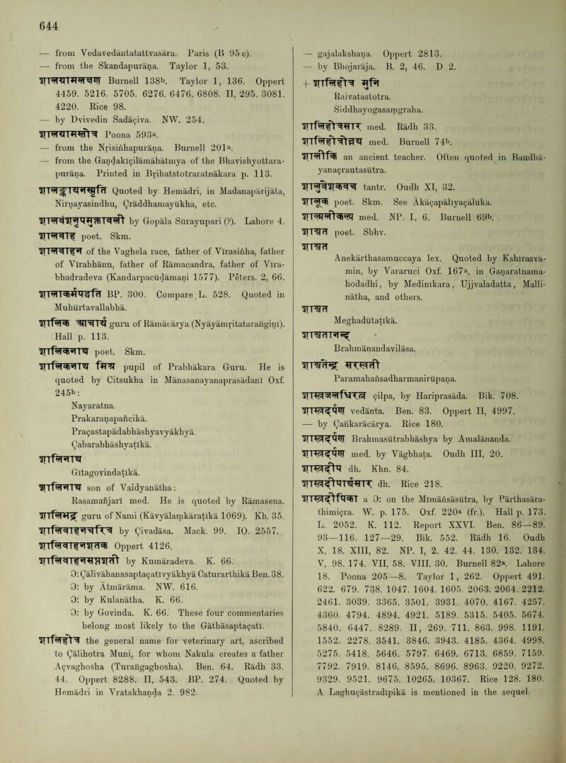 — from Vedavedautiitattvasarii. Paris (B 95 o). — from the Skandapurana. Taylor 1, 53. Burnell 138tJ. Taylor 1, 136. Oppert 4459. 5216. 5705. 6276. 6476. 6808. II, 295. 3081. 4220. Rice 98. — by Dvivedin Sada^iva. NW. 254. Poona 593*. — from the Nrisihliapurana. Burnell 201 a. — from the Gandaki^ilamahatmya of the Bhavishyottara- purana. Printed in Brihatstotraratnakara p. 113. Quoted by Hemadri, in Madanaparijata, Nirnayasindhu, Qraddhamayukha, etc. by Gopala Surayupari (?). Lahore 4. poet. Skm. of the Vaghela race, father of Virasinha, father of Virabhanu, father of Ramacandra, father of Vira- hhadradeva (Kandarpacudamani 1577). Peters. 2, 66. BP. 300. Compare _L. 528. Quoted in Muhurtavallabha. guru of Ramacarya (Nyayamritatarangini). Hall p. 113. poet. Skm. pupil of Prabhakara Guru. He is quoted by Citsukha in Manasanayanaprasadanl Oxf. 245b; Nayaratna. Prakaranapancika. Pra^astapadabhashyavyakliya. Qabarabhashyatika. Gitagovindatika. son of Vaidyanatha; Rasamanjarl med. He is quoted by Ramasena. guru of Nami (Kavyalamkaratika 1069). Kh. 35. by Qivadasa. Mack. 99. 10. 2557. Oppert 4126. by Kumaradeva. K. 66. 0: Qalivahanasapta^atlvyakhya Caturarthika Ben. 38. 0: by Atmarama. NW. 616. 0: by Kulanatha. K. 66. 0: by Govinda. K. 66. These four commentaries belong most likely to the Gathasapta9ati. the general name for veterinary art, ascribed to Qalihotra Muni, for whom Nakula creates a father A9vaghosha (Turangaghosha). Ben. 64. Radh 33. 44. Oppert 8288. II, 543. BP. 274. Quoted by Hemadri in Vratakhanda 2, 982. — gajalakshana. Oppert 2813. — by Bhojaraja. B. 2, 46. D 2. I Raivatastotra. Siddhayogasamgraha. med. Radh 33. med. Burnell 74b. an ancient teacher. Often quoted in Baudha- yana9rautasutra. tantr. Oudh XI, 32. poet. Skm. See Aka9apaliya9aluka. med. NP. I, 6. Burnell 69b. poet. Sbhv. Anekarthasamuccaya lex. Quoted by Kshirasva- min, by Vararuci Oxf. 167a, in Ganaratnama- hodadhi, by Medinikara, Ujjvaladatta, Malli- natha, and others. WT^fT Meghadutatika. ITT^rfRS^ Brahmanandavilasa. Paramahansadharmanirupana. 9ilpa, by Hariprasada. Bik. 708. lirT^<^qUJ vedanta. Ben. 83. Oppert II, 4997. —■ by Qankaracarya. Rice 180. Brahmasutrabhashya by Amalananda. ined. by Vagbhata. Oudh III, 20. dh. Khn. 84. dh. Rice 218. a 0: on the Mimahsasutra, by Parthasara- thimi9ra. W. p. 175. Oxf. 220a (fr.). Hall p. 173. L. 2052. K. 112. Report XXVI. Ben. 86—89. 93—116. 127—29. Bik. 552. Radh 16. Oudh X, 18. XIII, 82. NP. I, 2. 42. 44. 130. 132. 134. V, 98. 174. VII, 58. VIII, 30. Burnell 82a Lahore 18. Poona 205—8. Taylor 1, 262. Oppert 491. 622. 679. 738. 1047. 1604. 1605. 2063. 2064. 2212. 2461. 3039. 3365. 3501. 3931. 4070. 4167. 4257. 4360. 4794. 4894. 4921. 5189. 5315. 5405. 5674. 5840. 6447. 8289. II, 269. 711. 863. 998. 1191. 1552. 2278. 3541. 3846. 3943. 4185. 4364. 4998. 5275. 5418. 5646. 5797. 6469. 6713. 6859. 7159. 7792. 7919. 8146. 8595. 8696. 8963. 9220. 9272. 9329. 9521. 9675. 10265. 10367. Rice 128. 180. A Laghu^astradipika is mentioned in the sequel.
