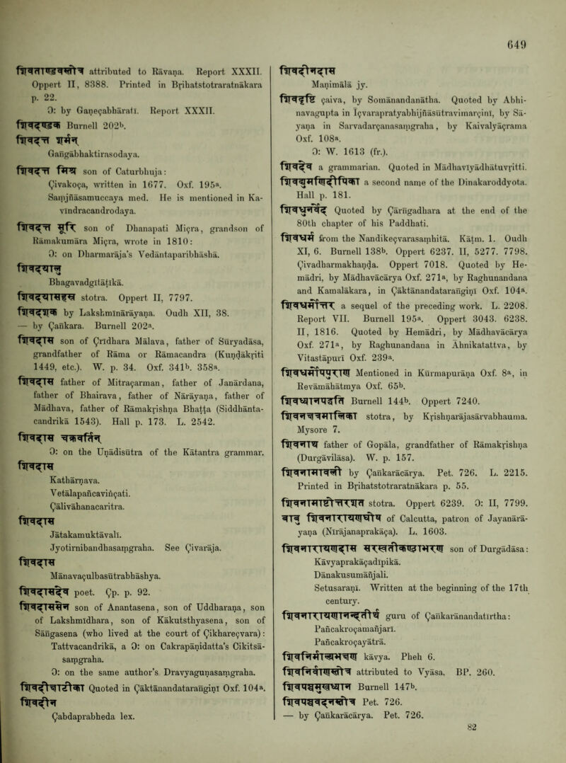 attributed to Ravana. Report XXXII. Oppert II, 8388. Printed in Brihatstotraratnakara p. 22. 0: by Gane(;abbaratl. Report XXXII. Burnell 202'>. Gangabhaktirasodaya. son of Caturbbuja: (^livakoQa, written in 1677. 0.\f. 195». Sainjnasamuccaya med. He is mentioned in Ka- vlndracandrodaya. son of Dbanapati Mi^ra, grandson of Hamakumara Mi^ra, wrote in 1810: 0: on Dbarniaraja’s Vedantaparibhasba. Bh agavadgi t at ika. stotra. Oppert II, 7797. by Lakshminarayana. Oudh XII, 38. — by Qankara. Burnell 202«. son of ^ridhara Malava, father of Sui’yadasa, grandfather of Rama or Raraacandra (Kundakriti 1449, etc.). W. p. 34. Oxf. 341b 358a. father of Mitra9arman, father of Janardana, father of Bhaii'ava, father of Narayana, father of Madhava, father of Ramakrishna Bhatta (Siddhanta- candrika 1543). Hall p. 173. L. 2542. 0: on the Unadisutra of the Katantra grammar. Katharnava. V etalapaficavin^ati. Qalivahanacaritra. J atakam uktavall. Jyotirnibandhasamgraha. See Qivaraja. M an ava9ulb asu trabh ashy a. poet. Qp. p. 92. son of Anantasena, son of Uddharana, son of Lakshmidhara, son of Kakutsthyasena, son of Sangasena (who lived at the court of ^ikhare9vara): Tattvacandrika, a 0: on Cakrapanidatta’s Cikitsa- samgraha. 0: on the same author’s Dravyagunasatngraha. Quoted in Qaktanandataraugini Oxf. 104®. Qabdaprabheda lex. Manimala jy. 9aiva, by Somanandanatha. Quoted by Abhi- navagupta in I9varapratyahhijnasutravimar9inl, by Sa- yana in Sarv<adar9anasamgraha, by Kaivalya9rama Oxf. 108a. 0: W. 1613 (fr.). a grammarian. Quoted in Madhavlyadhatuvritti. a second name of the Dinakaroddyota. Hall p. 181. Quoted by Qarngadhai-a at the end of the 80th chapter of his Paddhati. from the Nandike9varasamhita. Katm. 1. Oudh XI, 6. Burnell 138b. Oppert 6237. H, 5277. 7798. Qivadharmakhanda. Oppert 7018. Quoted by He- madri, by Madhavacarya Oxf. 271®, by Raghunandana and Kamalakara, in Qaktanandatarafigini Oxf. 104*. a sequel of the preceding work. L. 2208. Report VII. Burnell 195*. Oppert 3043. 6238. II, 1816. Quoted by Hemadri, by Madhavacarya Oxf. 271*, by Raghunandana in Ahnikatattva, by Vitastapuri Oxf. 239*. Mentioned in Kurmapurana Oxf. 8*, in Revamahatraya Oxf. 65b. Burnell 144b. Oppert 7240. stotra, by Krishnarajasarvabhauma. Mysore 7. father of Gopala, grandfather of Ramakrishna (Durgavilasa). W. p. 157. by Qankaracarya. Pet. 726. L. 2215. Printed in Brihatstotraratnakara p. 55. stotra. Oppert 6239. 0: II, 7799. of Calcutta, patron of Jayanara- yana (Nirajanapraka9a). L. 1603. son of Durgadasa: Kavyapraka9adlpika. Danakusumanjali. Setusarani. Written at the beginning of the 17th century. guru of Qankaranandatirtha: Pancakro9amanjarI. Pancakro9ayatra. kavya. Pheh 6. attributed to Vyasa. BP. 260. Burnell 147b. — by Qankaracarya. Pet. 726. 82