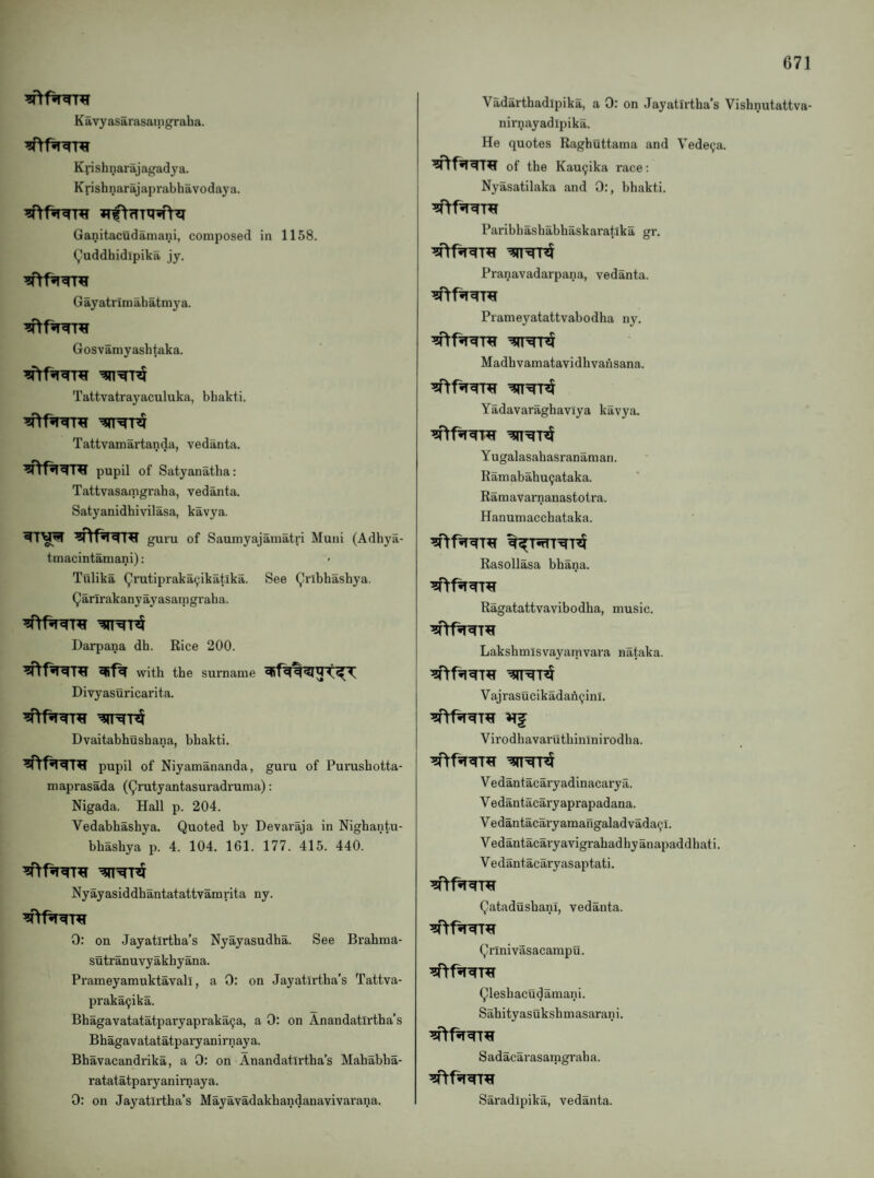 Kavyasarasanigraha. Kpshnarajagadya. Kfishnarajaprabhavodaya. Ganitacudamani, composed in 1158. (^'uddhidlpika jy. Gayatrimahatmya. Gosvamyashtaka. Tattvatrayaculuka, bhakti. Tattvamartanda, vedanta. pupil of Satyanatha: Tattvasamgraha, vedanta. Satyanidhivilasa, kavya. guru of Saumyajamatri Muni (Adhya- tmacintamani): Tulika ^rutiprakaijikatika. See (^rlbhashya. Qarirakany ay asaip grab a. Darpana db. Rice 200. with the surname Divyasuricarita. Dvaitahhushana, bhakti. pupil of Niyamananda, guru of Purashotta- maprasada (Qrutyantasuradruma): Nigada. Hall p. 204. Vedahhashya. Quoted by Devaraja in Nighantu- bhashya p. 4. 104. 161. 177. 415. 440. Nyayasiddhantatattvamrita ny. 0: on Jayatirtha’s Nyayasudha. See Brahma- sutranuvyakhyana. Prameyamuktavall, a 0: on Jayatirtha’s Tattva- praka9ika. Bhagavatatatparyapraka9a, a 0: on Anandatirtha’s Bhagavatatatparyanirnaya. Bhavacandrika, a 0: on Anandatirtha’s Mahabha- ratatatparyanirnaya. 0: on Jayatirtha’s Mayavadakhandanavivarana. Vadartbadipika, a 0: on Jayatirtha’s Vishnutattva- nirnayadlpika. He quotes Raghuttama and Vedeija. of the Kau9ika race: Nyasatilaka and 0:, bhakti. Paribbashabhaskaratika gr. Pranavadarpana, vedanta. Prameyatattvabodha ny. Madhvamatavidhvansana. Yadavaraghaviya kavya. Yugalasahasran am an. Ramabahu9ataka. Ramavarnanastotra. Hanumacchataka. Rasollasa bhana. Ragatattvavibodha, music. Lakshmisvayamvara nataka. VajrasucikadaA9inl. Virodhavartithinlnirodba. V edantacaryadinacary a. V edantacary aprapadana. V edantacaryaraangaladvada9l. Vedantacaryavigrahadhyanapaddhati. V edantacaryasaptati. QatadushanI, vedanta. Qrlniv3.sacampu. Qleshacudamani. Sahityasukshmasarani. Sadacarasamgraba. Sai'adipika, vedanta.