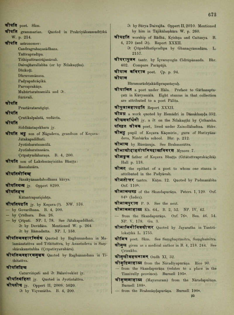 poet. Skm. grammarian. Quoted in Prakriyakaumuditika W. p. 214. astronomer: Gandragrahanasadhana. Tattvapradipa. Tithipattranirajanavali. Daivajfiavallabha (or by Nilakantba). Dhikoti. Dhruvamanasa. Padyapabca^ika. Parvapraka9a. Muhurtaratnamala and 0:. Saravali. Prastavataraiiginl. Qrutikalpalata, vedanta. SiddhantaQekbara jy. son of Nagadeva, grandson of Ke^.ava: Jatakapaddhati. Jyotisharatnamala. Jyotisharatnasara. Qrlpatyudabarana. P. 4, 200. son of Laksbminrisii'iba Pbatta: Ramalasara. Janakyanandabodhana kavya. jy. Oppert 8299. Katantrapariijisbta. jy. by Ke9ava(?). NW. 576. — by Govardhana. B. 4, 200. — by Qrldhara. Ben. 26. — by Qripati. NP. I, 78. See .Jatakapaddhati. 0: by Devidasa. Mentioned W. p. 264. 0: by Ramadatta. NP. I, 158. Quoted by Ragbunandana in Ma- lamasatattva and Tithitattva, by Anantadeva in Sam- skarakaustubha (Qripativyavahara). Quoted by Ragbunandana in Ti¬ thitattva. Caturvin9ati and 0: BalavivekinI jy. jy. Quoted in Jyotistattva. jy. Oppert II, 2009. 5020. 0: by Vi9vanatha. B. 4, 200. 0: by Surya Daivajna. Oppert II, 2010. Mentioned by him in Tajikalamkara W. p. 260. worship of Radha, Krishna and Caitanya. B. 4, 270 (and 0:). Report XXXII. 0: Qripaddhatipradipa by Ghana9yamadasa. L. 2157. tantr. by l9varayogin Cidrupananda. Bhr. 402. Compare Parapuja. poet. Qp. p. 94. Bhramarashtakadipra9astayah. a poet under Hala. Preface to Gathasapta- 9atl in Kavyamala. Eight stanzas in that collection are attributed to a poet Palita. Report XXXII. a work quoted by Hemadri in Danakhanda 352. jy. a 0: on the Nllakanthi by Qrlharsha. poet, lived under Zainollabadina. Sbhv. pupil of Ke9ava Ka9mirin, guru of Harivyasa- deva, Nimbarka school. Bhr. p. 212. by Ramanuja. See Brahmasutra. Mysore 7. father of Ke9ava Bhatta (Gitatattvapraka9ika). Hall p. 118. the epithet of a poet to whom one stanza is attributed in the Padyavall. tantra. Katm. 12. Quoted by Padmanabha Oxf. 110b. of the Skandapurana. Peters. 1, 120. Oxf. 84b (Index). P- 9- See the ne.xt. ^irra»nfTri3I Kh. 64. B. 2, 52. NP. IV, 42. — from the Skandapurana. Oxf. 76*^. Ben. 46. 54. NP. V, 178. Gu. 3. Quoted by Jayaratha in Tantra- lokatika L. 1755. poet. Skm. See Sanigha9nmitra, Satnghamitra. given as a medical author in B. 4, 218. 244. See Qrlsukha. Oudh XI, 32. from the Naradiyapurana. Rice 90. — from the Skandapurana (relates to a place in the Tinnivelly province). Burnell 195«. (Mayavaram) from the Naradapurana. Burnell 188». — from the Brahmandapurana. Burnell 190“.