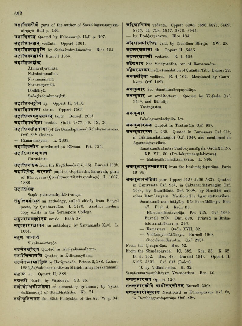 guru of the author of Sarvalingasarnnyasa- nirnaya Hall p. 140. Quoted by Kshemaraja Hall p. 197. vedanta. Oppert 4364. by SadaQivabrahmendra. Rice 184. Burnell 165a Atmavidyavilasa. Nakshatranoalika. Navamanimala. Navavarnaniala. Bodharya. Sada9ivabrahmavritti. ny. Oppert H, 9118. stotra. Oppert 7503. tanti'. Burnell 205t>. bhakti. Oudb 1877, 48. IX, 26. (of the Skandapurana) Golokavarnanam. Oxf. 84b (Index). — Ramarahasyam. L. 2839. attributed to Ravana. Pet. 725. Gurustotra. from the Ka^lkhanda (15, 55). Burnell 198b. pupil of Gopalendra Sarasvati, guru of Rame^vara (Qivashtamurtitattvapraka9a). L. 1687. 1886. Samkbyakramadipikavivarana. an anthology, culled chiefly from Bengal poets, by Qrldharadasa. L. 1180. Another modern copy exists in the Serampore College. music. Radh 38. an anthology, by Sarvananda Kavi. L. 1661. Vivekamartanda. Quoted in Ahalyakamadhenu. Quoted in Acaramayukha. by Hariprasada. Peters. 2,188. Lahore 1882,5 (Saddharmatattvam Masadinirnayaprakaranam). an. Oppert H, 888. Baudh. by Vasudeva. SB. 86. an elementary grammar, by Vyasa Sadanandaji of Stambhatirtha. Kh. 71. the 65th Pari9ishta of the Av. W. p. 94. vedanta. Oppert 5205. 5698. 5871. 6469. 8317. II, 713. 1557. 3870. 3945. — by Doddayyacarya. Rice 184. vaid. by Qivarama Bhatta. NW. 28. dh. Oppert II, ,6486. vedanta. B. 4, 102. See Vaidyanatha, son of Ramacandra. med. a translation of Quanuni Tibb. Lahore 22. vedanta. B. 4, 102. Mentioned by Gaurl- kanta Oxf. 109b. See Sanatkumaropapurana. on architecture. Quoted by Vitthala Oxf. 341'i, and Ramraj : Vastu9astra. Sakalagranthadipika lex. Quoted in Tantrasara Oxf. 95b. L. 239. Quoted in Tantrasara Oxf. 95b, in Qaktanandatarangini Oxf. 104^, and mentioned in Agamatattvavilasa. Sanatkumaratantre Trailokyamangala, Oudh XII, 50. NP. VH, 50 (Trailokyamangalakavaca). — Maba9ankhamalasamskara. L. 998. from the Brahmandapurana. Paris (B 94)^ paur. Oppert 4127.5206. 5337. Quoted in Tantrasara Oxf. 95b, in QaktanandataranginI Oxf. 104a, by Gaurlkanta Oxf. 109b, by Hemadri and other later lawyers. Mentioned in Agamatattvavilasa. Sanatkumarasamhitayam Karttikamahatmya Ben. 47. Pheh 4. Radh 39. ■— Ramacandrastavaraja. Pet. 725. Oxf. 106b. Burnell 200b. Bbr. 398. Printed in Briha- tstotraratnakara p. 246. — Ramastava. Oudh XVII, 82. — Vedaranyamahatmya. Burnell 196a. — Saccidanandastotra. Oxf. 299b. From the Qivapurana. Ben. 52. From the Skandapurana. 10. 382. Khn. 38. K. 32. B. 4, 102. Ben. 48. Burnell 194a. Oppert H, 5196. 5801. Oxf. 84b (Index). 0: by Vallabhendra. K. 32. Sanatkumarasamhitayam Vyasacaritra. Ben. 50. Oppert 126. Burnell 200*. Mentioned in Kurmapurana Oxf. 8a, in Devibhagavatapurana Oxf. 80a.
