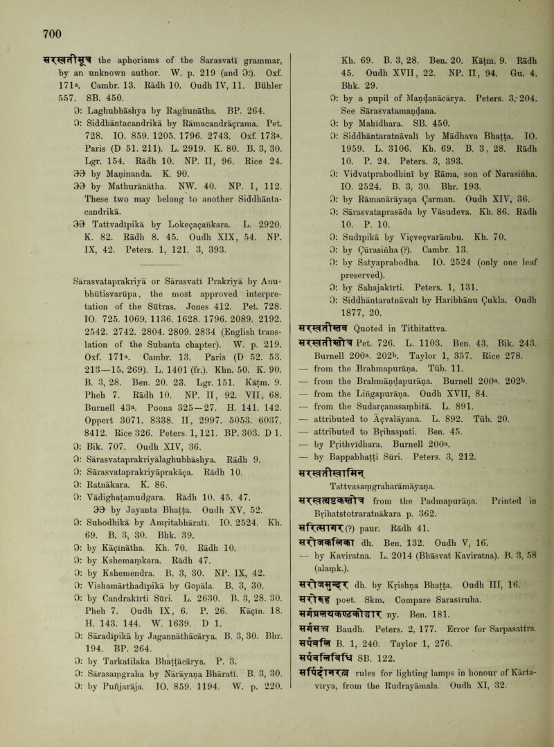 the aphorisms of the Sarasvati grammar, by an unknown author. W. p. 219 (and 0:). Oxf. 171a Cambr. 13. Radh 10. Oudh IV, 11. Biihler 557. SB. 450. 0: Laghubhashya by Eaghunatha. BP. 264. 0: Siddhantacandrika by Ramacandra9rama. Pet. 728. 10. 859. 1205. 1796. 2743. Oxf. 173a. Paris (D 51. 211). L. 2919. K. 80. B. 3, 30. Lgr. 154. Radh 10. NP. II, 96. Rice 24. 00 by Maninanda. K. 90. 30 by Mathuranatba. NW. 40. NP. I, 112. These two may belong to another Siddhanta¬ candrika. 00 Tattvadipika by Loke9a9an.kara. L. 2920. K. 82. Radh 8. 45. Oudh XIX, 54. NP. IX, 42. Peters. 1, 121. 3, 393. Sarasvataprakriya or Sarasvati Prakriya by Anu- bhutisvarupa, the most approved interpre¬ tation of the Sutras. Jones 412. Pet. 728. 10. 725. 1069. 1136. 1628. 1796. 2089. 2192. 2542. 2742. 2804. 2809. 2834 (English trans¬ lation of the Subanta chapter). W. p. 219. Oxf. 171a. Cambr. 13. Paris (D 52. 53. 213—15. 269). L. 1401 (fr.). Khn. 50. K. 90. B. 3, 28. Ben. 20. 23. Lgr. 151. Katm. 9. Pheh 7. Radh 10. NP. II, 92. VII, 68. Burnell 43a. Poona 325-27. H. 141. 142. Oppert 3071. 8338. II, 2997. 5053. 6037. 8412. Rice 326. Peters. 1,121. BP. 303. Dl. 0: Bik. 707. Oudh XIV, 36. 0: Sarasvataprakriyalaghubhashya. Radh 9. 0: Sarasvataprakriyapraka9a. Radh 10. 0: Ratnakara. K. 86. 0: Vadighatamudgara. Radh 10. 45. 47. 00 by Jayanta Bhatta. Oudh XV, 52. 0: Subodhika by Amritabharati. 10. 2524. Kh. 69. B. 3, 30. Bhk. 39. 0: by Ka9lnatha. Kh. 70. Radh 10. 0: by Kshemamkara. Radh 47. 0: by Kshemendra. B. 3, 30. NP. IX, 42. 0: Vishamarthadipika by Gopala. B. 3, 30. 0: by Candrakirti Suri. L. 2630. B. 3, 28. 30. Pheh 7. Oudh IX, 6. P. 26. Ka9ln. 18. H. 143. 144. W. 1639. D 1. 0: Saradipika by Jagannathacarya. B. 3, 30. Bhr. 194. BP. 264. I 0: by Tarkatilaka Bhattacarya. P. 3. 0: Sarasaingraha by Narayana Bharatl. B. 3, 30. 0: by Pufijaraja. 10. 859. 1194. W. p. 220. Kh. 69. B. 3, 28. Ben. 20. Katm. 9. Radh 45. Oudh XVII, 22. NP. II, 94. Gu. 4. Bhk. 29. 0: by a pupil of Mandanacarya. Peters. 3,-204. See Sarasvatamandana. 0: by Mahidhara. SB. 450. 0: Siddhantaratnavali by Madhava Bhatta. 10. 1959. L. 3106. Kb. 69. B. 3, 28. Radh 10. P. 24. Peters. 3, 393. 0: VidvatprabodhinI by Rama, son of Narasiiiha. 10. 2524. B. 3, 30. Bhr. 193. 0: by Ramanarayana (,)arman. Oudh XIV, 36. 0; Sarasvataprasada by Vasudeva. Kh. 86. Radh 10. P. 10. 0; Sudipika by Vi^ve^varambu. Kh. 70. 0: by Qurasihha (?). Cambr. 13. 0; by Satyaprabodha. 10. 2524 (only one leaf preserved). 0: by Sahajakirti. Peters. 1, 131. 0: Siddhantaratnavali by Haribhanu (^ukla. Oudh 1877, 20. Quoted in Tithitattva. Pet. 726. L. 1103. Ben. 43. Bik. 243. Burnell 200^. 202b. Taylor 1, 357. Rice 278. — from the Brahmapurana. Tiib. 11. — from the Brahmandapurana. Burnell 200. 202b. — from the Liilgapurana. Oudh XVII, 84. — from the Sudar^anasamhita. L. 891. — attributed to A9valayana. L. 892. Tiib. 20. — attributed to Brihaspati. Ben. 45. — by Prithvidhara. Burnell 200-'i. — by Bappabhatti Suri. Peters. 3, 212. Tattvasarngraharamayana. from the Padmapurana. Printed in Bvihatstotraratnakara p. 362. ^fT<^T^IT(?) paur. Radh 41. dh. Ben. 132. Oudh V, 16. — by Kaviratna. L. 2014 (Bhasvat Kaviratna). B. 3, 58 (alamk.). dh. by Krishna Bhatta. Oudh III, 16. poet. Skm. Compare Sarasiruha. ny. Ben. 181. Baudh. Peters. 2, 177. Error for Sarpasattra. B. 1, 240. Taylor 1, 276. SB. 122. rules for lighting lamps in honour of Karta- virya, from the Rndrayamala. Oudh XI, 32.