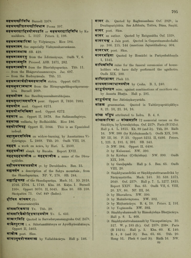 Burnell 197*>. Poona 397. liTfcT or by Ka- malakara. L. 3127. Peters. 2, 198. by Vidyaranya. Rice 184. 1*1^ See especially Vishnusahasranaman. sb. 429. 4,^ from the Adiramayana, Oudh V, 6. Proceed. ASB. 1871, 282. 1*1^’? from the Bhavishyapurana. Tiib. 11. — from the Bhagavatasamuccaya. Jac. 697. — from the Rudrayamala. Tiib. 11. from the Hiranyagarhhapara^arasam- hita. Burnell 200b. See Baudhayanasahasrabhojana. paur. Oppert II, 7830. 7993. med. Oppert 6271. med. Oppert 6272. yan. Oppert II, 3878. See Sadanandagiriya. l<sti vedanta, by Bodhisiddhi. Rice 186. Oppert II, 5044. This is an Upanishad indee.d. on widow-burning, by Anantarama Vi- dyavagl^a. L. 2468. Tiib. 20. Oudh VIII, 18. a work on acara, by Hari. L. 2530. alarak. by Rucaka. Report XVII. or a name of the Dhva- nyaloka. Qr. by Devabhadra. Ben. 13. a description of the Sahya mountain, from the Skandapurana. NP. V, 178. SB. 244. of tlie Skandapurana. Mack. 51. 10. 2618. 2703. 2704. L. 1748. Khn. 38. Katm. 1. Burnell 195a. Oppert 3070. II, 5045. Rice 80. SB. 238. Sucipattra 71. Oxf. 84b (Index). (?): Samarasaratika Yv. Tiib. 20. Quoted in Sarvadarijanasatpgraha Oxf. 247b. i- 6- Saketamahatmya or Ayodhyamahatmya. Oppert II, 5463. poet. Skm. by Vallabhacarya. Hall p. 146. ^■RTT dh. Quoted by Raghunandana Oxf. 292b, in Dvaitapari^ishta. See Adbhuta, Tattva, Dana, Sinriti. poet. Skm. ^T»n: an author. Quoted by Ranganatha Oxf. 135b. a Jain poet. Quoted in Ganaratnamahodadhi pp. 106. 115. 144 (mentions Jayasinhadeva). 304. poet. Skm. Quoted by Hemadri in Pari^eshakhanda 1, 1541. rules for the funeral ceremonies of house¬ holders who have daily performed the agnihotra. Oudh XIX, 100. by gesha. b. i, 240. ti I ralm. against combinations of sacrifices etc. by Ananta Bhatta. Hall p. 191. See Jatisarakaryavada. (?I grammarian. Quoted in Taittirlyaprati9akhya 8, 21. 10, 21. 16, 16. attributed to Indra. B. 4, 8. or 72 memorial verses on the Samkhya, by l^varakrishna. Oxf. 237b. Paris (B 152 a). Hall p. 4. L. 1815. Kh. 89 (and 0:). Tub. 20. Radh 16. NW. 388 (by Krishnananda?). Oudh XIX, 108. NP. Ill, 56. P. 23. Oppert 5212. II, 6495. Peters. 1, 121. 2, 191. 3, 391. SB. 343. 0: NW. 384. Oppert II, 6496. 0: by Kulamuni. NW. 390. 0: by Krishna (Qrikrishna). NW. 390. Oudh XIX, 108. 0: by Gaudapada. Hall p. 5. Ben. 65. Oudh VIII, 20. 0: Samkhyacandrika or Sarnkhyatattvacandrika by Narayanatirtha. Mack. 143. 10. 559. 1371. 2640. Oxf. 237b. Hall p. 7. L. 1277. 1815. Report XXIV. Ben. 65. Oudh VII, 6. VIII, 20. XV, 86. NP. Ill, 56. 0: by Bhavadeva. NW. 390. 0: by Mahadeva9rama. NW. 392. 0: by Matharacarya. B. 4, 10. Peters. 2, 191. 0: by Yogananda. NW. 392. 0: Samkhyakaumudi by Ramakrishna Bhattacarya. ' Hall p. 8. L. 468. 0: Samkhyatattvakaumudi by Vacaspatimi9ra. 10. 517. W. p. 185 (fr.). Oxf. 237b. 238a. Paris (B 152 b). Hall p. 5. Khn. 60. K. 140. B. 4, 8 (and 0:). Ben. 65. 66. Tub. 20. Haug 51. Pheh 6 (and 0;). Radh 16. NW. 89