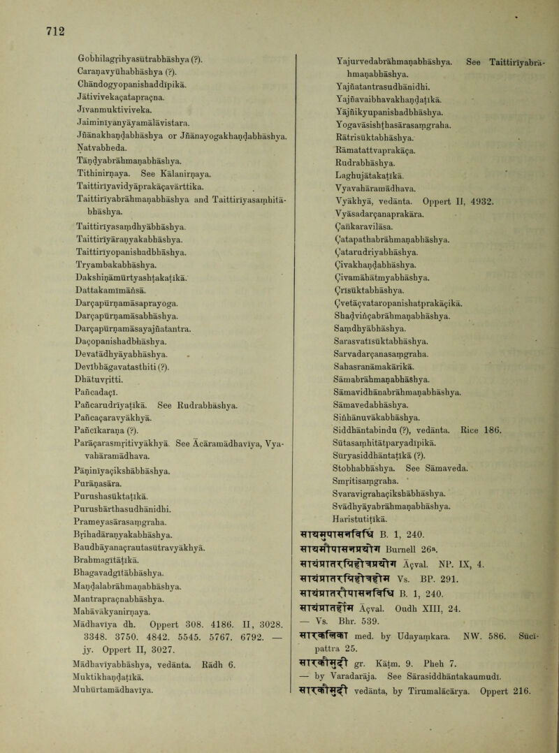 Gobhilagrihyasutrabhashya (?). Caranavyubabbasbya (?). Cbandogyopanisbaddipika. J ativiveka9atapra9na. J ivanmukti viveka. Jaiminlyanyayamalavistara. Jfianakbandabbasbya or Jnanayogakbandabhasbya. Natvabbeda. Tandyabrabmanabhasbya. Tithinirnaya. See Kalanirnaya. Taittirlyavidyapraka9avarttika. Taittirlyabrahmanabhashya and Taittiriyasambita- bhashya. Taittiilyasamdhyabhashya. Taittiriyaranyakabbasbya. Taittiriyopanishadbbashya. Tryambakabhashya. Daksbinamurtyashtakatika. Dattakamlnaansa. Dar9apurnaniasaprayoga. Dar9apurnamasabhashya. Dar9apurnamasayajnatantra. Da9opanishadbbasbya. Devatadhyayabbashya. Devibhagavatastbiti (?). Dhatuvritti. Pancada9l. Pancarudriyatika. See Rudrabbashya. Panca9aravyakbya. Panclkarana (?). Para9arasmritivyakbya. See Acarainadbaviya, Vya- vabaramadbava. Paniniya9iksbabbasbya. Puranasara. Purusbasuktatika. Purusbartbasudbanidbi. Prameyasarasaingraba. Bribadai'anyakabbasbya. Baudbayana9rautasutravyakbya. Brabmagitatika. Bbagavadgitabbasbya. Mandalabrabmanabbasbya. ]V]antrapi'a9nabbasbya. Mabavakyanirnaya. Madbavlya db. Oppert 308. 4180. II, 3028. 3348. 3750. 4842. 5545. 5767. 6792. — jy. Oppert II, 3027. Madbavlyabbasbya, vedanta. Radb 6. Muktikbandatika. Muburtamadbaviya. Yajurvedabrabmanabbasbya. See Taittiriyabi'a- bmanabbasbya. Yajnatantrasudbanidbi. Yajfiavaibbavakbandatika. Yajnikyupanisbadbbasbya. Yogavasisbtbasarasarngraba. Ratrisuktabbasbya. Ramatattvapraka9a. Rudrabbasbya. L agbuj atakatik a. Vyavabarainadbava. Vyakbya, vedanta. Oppert II, 4932. Vyasadar9anaprakara. (^ankaravilasa. Qatapatbabrabmanabbasbya. yatarudriyabbasbya. Qivakbandabbasbya. (^ivamabatmyabbasbya. (^rlsuktabbasbya. Qveta9vataropanisbatpraka9ika. Sbadvin9abrabmanabbasbya. Samdbyabbasbya. Sarasvatlsuktabbasbya. Sarvadar9anasarngraba. S abasranamakarikii. SamabrabmanabbaSbya. Samavidbanabrabmanabbasbya. Samavedabbasbya. Sinbanuvakabbasbya. Siddbantabindu (?), vedanta. Rice 186. Sutasambitatparyadipika. Suryasiddbantatika (?). Stobbabbasbya. See Samaveda. Smritisamgraba. ’ Svaravigraba9iksbabbasbya. Svadbyayabrabmanabbasbya. Hai'istutitlka. B. 1, 240. Burnell 26a A9val. NP. IX, 4. Vs. BP. 291. B. 1^ 240. ^■RTTTrlff^T A9val. Oudb XIII, 24. — Vs. Bbr. 539. med. by Udayamkara. NW. 586. Suci- pattra 25. gr. Katm. 9. Pbeb 7. — by Varadaraja. See Sarasiddbantakaumudl. vedanta, by Tirumalacarya. Oppert 216.