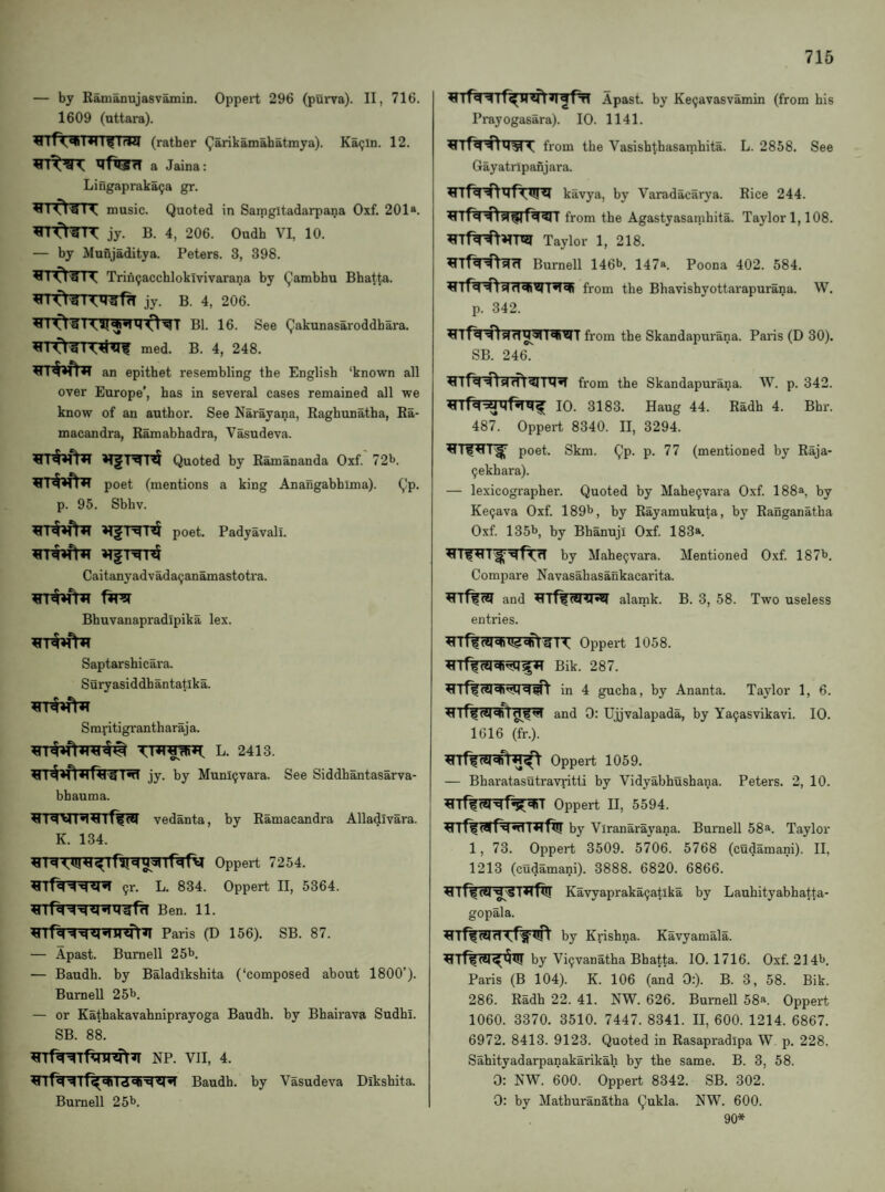 — by Ranianujasvamin. Oppert 296 (purva). II, 716. 1609 (uttara). (rather (^arikamahatmya). Ka^ln. 12. a Jaina: Liagapraka9a gr. ^Tftrn: music. Quoted in Samgltadarpana Oxf. 201“. ^ I O'® I ^ jy. B. 4, 206. Oudh VI, 10. — by Munjaditya. Peters. 3, 398. iTTfmr Trin9acchlokivivarana by Qambhu Bhatta. jy. B. 4, 206. ^I Cl'S I H 0 Bl. 16. See Qakunasaroddhara. ^lO'S med. B. 4, 248. an epithet resembling the English ‘known all over Europe’, has in several cases remained all we know of an author. See Narayana, Raghunatha, Ra- macandra, Ramabhadra, Vasudeva. Quoted by Ramananda Oxf. 72^. poet (mentions a king Anangabhima). Qp. p. 95. Sbhv. poet. Padyavali. Caitanyadvada9anamastotra. fws( Bhuvanapradipika lex. Saptarshicara. Suryasiddhantatika. Sraritigrantharaj a. L. 2413. 4lT44)*ini'S M jy. by Muni9vara. See Siddhantasarva- bbauma. Vedanta, by Ramacandra Alladivara. K. 134. Oppert 7254. 9r. L. 834. Oppert II, 5364. Ben. 11. Paris (D 156). SB. 87. — Apast. Burnell 25^. — Baudh. by Baladikshita (‘composed about 1800’). BurneU 25b. — or Kathakavahniprayoga Baudh. by Bhairava Sudhi. SB. 88. NP. VII, 4. Baudh. by Vasudeva Diksbita. Burnell 25b. Apast. by Ke9avasvamin (from bis Prayogasara). 10. 1141. from the Vasishthasamhita. L. 2858. See Gayatnpanjara. kavya, by Varadacarya. Rice 244. from the Agastyasamhita. Taylor 1,108. ¥Tf^*rng Taylor 1, 218. Burnell 146b. 147“. Poona 402. 584. from the Bhavishyottarapurana. W. p. 342. from the Skandapurana. Paris (D 30). SB. 246. '=0 si d)from the Skandapurana. W. p. 342. 10. 3183. Haug 44. Radh 4. Bhr. 487. Oppert 8340. II, 3294. poet. Skra. Qp. p. 77 (mentioned by Raja- 9ekhara). — lexicographer. Quoted by Mahe9vara Oxf. 188“, by Ke9ava Oxf. 189b, by Rayamukuta, by Ranganatha Oxf. 135b, by Bhanuji Oxf. 183“. by Mahe9var3. Mentioned O.xf. 187b. Compare Navasahasankacarita. and ¥1 alamk. B. 3, 58. Two useless entries. Oppert 1058. Bik. 287. in 4 gucha, by Ananta. Taylor 1, 6. and 0: Ujjvalapada, by Ya9asvikavi. 10. 1616 (fr.). Oppert 1059. — Bharatasutravritti by Vidyabhushana. Peters. 2, 10. Oppert II, 5594. by Viranarayana. Burnell 58“. Taylor 1, 73. Oppert 3509. 5706. 5768 (cudamani). II, 1213 (cudamani). 3888. 6820. 6866. ^Tf^fe4'^'SI*l|7!! Kavyapraka9atlka by Lauhityabhatta- gopala. by Krishna. Kavyamala. by Vi9vanatha Bhatta. 10. 1716. Oxf. 214b. Paris (B 104). K. 106 (and 0:). B. 3, 58. Bik. 286. Radh 22. 41. NW. 626. Burnell 58“ Oppert 1060. 3370. 3510. 7447. 8341. II, 600. 1214. 6867. 6972. 8413. 9123. Quoted in Rasapradipa W p, 228. Sahityadarpanakarikah by the same. B. 3, 58. 0: NW. 600. Oppert 8342. SB. 302. 0: by MathuranStha Qukla. NW. 600. 90*