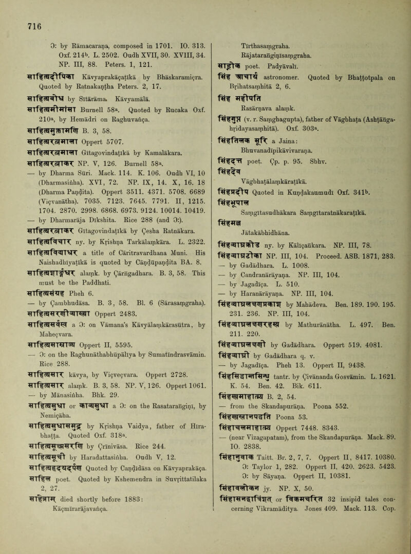 0: by Ramacarana, composed in 1701. 10. 313. Oxf. 214b. L. 2502. Oudh XVII, 30. XVIII, 34. NP. Ill, 88. Peters. 1, 121. Kavyapraka9atika by Bhaskarami9ra. Quoted by Ratnakantba Peters. 2, 17. by Sitarama* Kavyamala. Burnell 58». Quoted by Rucaka Oxf. 210a, by Hemadri on Raghuvan^a. B. 3, 58. Oppert 5707. Gitagovindatika by Kamalakara. NP. V, 126. Burnell 58a. — by Dharma Suri. Mack. 114. K. 106. Oudh VI, 10 (Dharmasinha). XVI, 72. NP. IX, 14. X, 16. 18 (Dharma Pandita). Oppert 3511. 4371. 5708. 6689 (Vi9vanatha). 7035. 7123. 7645. 7791. II, 1215. 1704. 2870. 2998. 6868. 6973. 9124. 10014. 10419. — by Dharmaraja Dikshita. Rice 288 (and 0:). Gitagovindatika by (^esha Ratnakara. ny. by Krishna Tarkalamkara. L. 2322. a title of Caritravardhana Muni. His Naishadhlyatika is quoted by Candupandita BA. 8. alamk. by (^arngadhara. B. 3, 58. This must be the Paddhati. Pheh 6. — by (^ambhudasa. B. 3, 58. Bl. 6 (Sarasamgraha). Oppert 2483. a 0: on Vamana’s Kavyalanikarasutra, by Mahe9vara. ^Tff(5WnErr5?( Oppert II, 5595. — 0: on the Raghunathabhupallya by Sumatindrasvamin. Rice 288. ^Tff(?WTT kavya, by Vi9ve9vara. Oppert 2728. alamk. B. 3, 58. NP. V, 126. Oppert 1061. — by Manasinha. Bhk. 29. ^Tff(sr^>irr or a 0 : on the Rasatarangini, by Nemi9aha. by Krishna Vaidya, father of Hira- bhatta. Quoted Oxf. 318*. cyby (ynnivasa. Rice 244. by Haradattasiiiha. Oudh V, 12. Quoted b}- Candidasa on Kavyapraka9a. poet. Quoted by Kshemendra in Suvrittatilaka 2, 27. died shortly before 1883: Ka9mlraraj avah9a. Tirthasamgraha. Raj ataranginisamgraba. poet. Padyavali. astronomer. Quoted by Bhattotpala on Brihatsarahita 2, 6. Rasarnava alamk. (v. r. Samghagupta), father of Vagbhata (Ashtanga- hridayasamhita). Oxf. 303^. a Jaina: Bhuvanadlpikavivarana. poet. (^p. p. 95. Sbhv. Vagb hatalamkaratika. Quoted in Kundakaumudi Oxf. 341h. Samgltasudhakara Samgitaratnakaratika. J atakabhidhana. ny. by Kali9ankara. NP. Ill, 78. f^fNP. Ill, 104. Proceed. ASB. 1871, 283. — by Gadadhara. L. 1008. — by Candranarayana. NP. Ill, 104. —■ by Jagadl9a. L. 510. — by Haranarayana. NP. Ill, 104. by Mahadeva. Ben. 189. 190. 195. 231. 236. NP. Ill, 104. by Mathuranatha. L. 497. Ben. 211. 220. by Gadadhara. Oppert 519. 4081. by Gadadhara q. v. — by Jagadl9a. Pheh 13. Oppert II, 9438. tantr. by (^ivananda Gosvamin. K. 54. Ben. 42. Bik. 611. B. 2, 54. — from the Skandapurana. Poona 552. Poona 53. L. 1621. Oppert 7448. 8343. (near Vizagapatam), from the Skandapurana. Mack. 89. 10. 2838. Taitt. Br. 2, 7, 7. Oppert II, 8417. 10380. 0: Taylor 1, 282. Oppert II, 420. 2623. 5423. 0: by Sayana. Oppert II, 10381. jy. NP. X, 50. or 32 insipid tales con¬ cerning Vikramaditya. Jones 409. Mack. 113. Cop.