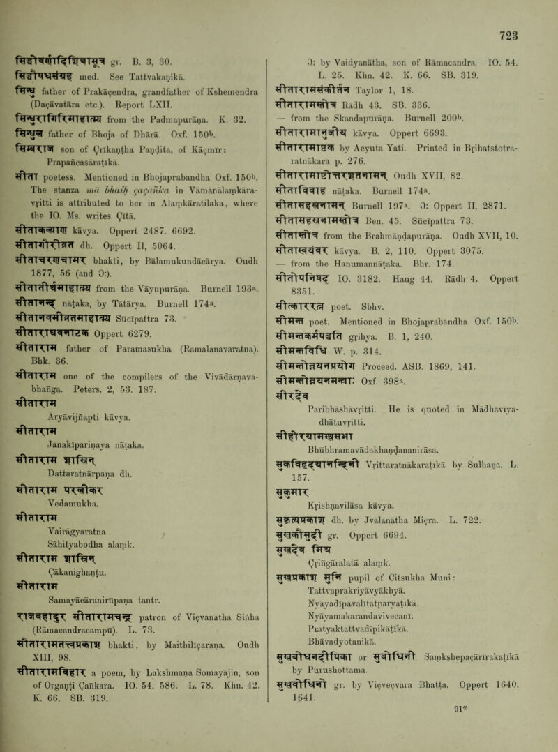 gr. B. 3, 30. med. See Tattvakanika. father of Praka^endra, grandfather of Ksheinendra (Da(,-avatara etc.). Report LXII. from the Padmapurana. K. 32. father of Bhoja of Dhara. Oxf. 150*». son of Qrlkantha Pandita, of Ka(,‘mlr: Prapaficasaratlka. ^rTT poetess. Mentioned in Bhojaprabandha Oxf. 150t>. The stanza nia hliaih (jaganka in Varaanalamkara- vfitti is attributed to her in Alanikaratilaka, where the 10. Ms. writes Qlta. kavya. Oppert 2487. 6692. dh. Oppert II, 5064. bhakti, hy Italaniukundacarya. Oudh 1877, 56 (and 0:). from the Vayupurana. Burnell 193‘i. na^aka, by Tatarya. Burnell 174-''. Sucipattra 73. Oppert 6279. ^TfTTT^T father of Paramasukha (Ramalanavaratna). Bhk. 36. #rnTT*T one of the compilers of the Vivadarnava- bhaFiga. Peters. 2, 53. 187. AryavijiiaiDti kavya. .lanakiparinaya nataka. ^'^rTTTT*T Dattaratnarpana dh. Vedamukha. Vairagyaratna. j Sahityahodha alaink. ^'\rTTTT»T Qakanighantu. ^'^rTTTTJT Sam ay acar an iru p an a tan tr. patron of Vigvanatha Sinha (Hamacandracampu). L. 73. ^rTTTT»lfna[Tt^Tir bhakti, by Maithill^arana. Oudh XlII, 98. poem, by Lakshmana Somayajin, son of Organti Qankara. 10. 54. 586. L. 78. Khn. 42. K. 66. SB. 319. 0: by Vaidyanatha, son of Riimacandra. 10. 54. L. 25. Khn. 42. K. 66. SB. 319. Taylor 1, 18. Kadh 43. SB. 336. — from the Skandapurana. Burnell 200''. kavya. Oppert 6693. by Acyuta Yati. Printed in Brihatstotra- ratnakara p. 276. Oudh XVII, 82. nataka. Burnell 174». Burnell 197*. 0: Oppert II, 2871. Ben. 45. Sucipattra 73. from the Brahmandapurana. Oudh XVII, 10. kavya. B. 2, 110. Oppert 3075. — from the Hanumannataka. Bhr. 174. 10. 3182. Haug 44. Radh 4. Oppert 8351. poet. Sbhv. poet. Mentioned in Bhojaprabandha Oxf. 150*'. grihya. B. 1, 240. W. p. 314. Proceed. ASB. 1869, 141. Oxf. 398i. Paribhashavritti. He is quoted in Madhavlya- dhatuvritti. Bbubhramavadakhandananirasa. Vrittai'atnakaratika by Sulhana. L. 157. Krishnavilasa kavya. dh. by Jvalanatha Mi^-ra. L. 722. gr. Oppert 6694. *5^^^ Or?! (,)ringaralata alamk. pupil of Citsukba Muni: Tattvaprakriyavyakhya. Nyayadipavalltatparyatika. Nyayamakarandavivecanl. Piiityaktattvadlpikatika. Bhavadyotanika. or Samkshepa(,anrakatlka by Purushottama. gr. by Vi^veij'vara Bhatta. Oppert 1640. 1641. 91*