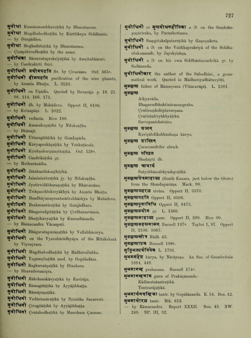 K umaraSiiinbhiiViihka by IJbarataseim. Mugdhaboilbatlka by Karttikeya Siddhanta. — by Diirgadasa. Meghadutatika by liharatasena. — (^ivupalavadhat.ika by tbe same. Sarasvataprakriyatika by Amritabliarati. — by Candrakirti Suri. 3T«n*IM3fH Sv. by (,'ivaiama. Oxf. 365“. pacification of tlie nine planets, by Ananta Bhatta. L. 3123. on Unadis. Quoted by Devariija p. 18. 21. 98. 114. 166. 171. dh. by Mahadeva. Oppert IT, 8106. — by Katuapani. L. 2022. vedanta. Rice 188. Amarako^atlka Ijy Nllakantba. — I)y Bhanuji. Uttaragltatlka by Gaudapada. Kavyapraka^atika by Venkatacala. Krishnakarnamvitafika. Oxf. 128“. Candrikatikii gr. — by Mathuranatha. J atakanilakanthitika. Jairainisutratika jy. by Nllakantba. .lyotirvidabharanatika by Bbavaratna. Trifi^acchloklvyakbya by Ananta Bhatta. Baudhayana^rautasutrabhashya by Mahadeva. Brahmasutratlka by Gangadhara. Bhagavadg itatlka by (,h'idharasvamin. Bhattikavyatika by Kumudananda. — by Ramacandra Vacaspati. Bhagavatapuranatika by Vallabhacarya. on the Vyavaharadhyaya of the Mitaksbara by Vi(jve9vara. Mugdhabodhatika by Radhavallabba. Yogamritatika med. by Gopaladasa. Raghuvafnjatika by Dinakara. — by Bhavadevami^ra. Rakshasakavyatika by Kaviraja. Ramagitatika by Ayyajibhatta. Ramayanatika. Vedantasaratika by Nrisinha Sarasvatl. Qivagitatika by Ayyajibhatta. Qrutabodhatika by Manohara Qanuan. or a 0: on the Sainkshe- paijavlraka, by Purushottama. Sanigltakalpatt irutika by Gane^adeva. a 0: on the Vaidikaprakriya of the Siddba- ntakauinudl, by Jayakrishna. a 0: on bis own Siddhantacandrika gr. by Sadananda. the author of tbe Subodhini, a gram¬ matical work. Quoted in Madhaviyadhatuvritti. father of Rameyvara (Viharavapi). L. 1381. Aikyavada. Bhagavadbhaktisarasaingraha. (,)rutisamkshiptavarnana. Qrutistutivyakhyatika. Sarvopanishatsara. Kavi^abdikabhushana kavya. Qaraccandrika alaink. ShadaQili db. Satyabhamabhyudayatika. ^(South Kanara, just below tbe Gliats) from the Skandapurana. Mack. 90. stotra. Oppert II, 3370. Oppert II, 6506. Oppert II, 8473. (jr. L. 1366. paur. Oppert II, 299. Rice 90. Burnell 197“ Taylor 1, 97. Oppert II, 2536. 5067. Radh 43. Burnell 198“. L. 1791. ♦ »»v kavya, by Narayana. As. Soc. of Greatbritain 1884, 449. prahasana. Burnell 174“. guru of Praka^ananda: Kadimatatantratika. Tantrarajatika. tantr. by Gopalananda. K. 54. Ben. 42. tantr. Bik. 613. — by Ramacandra. Report XXXII. Ben. 43. NW. 248. NP. HI, 32.