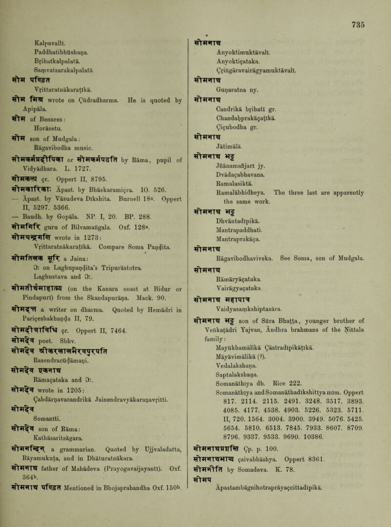 Kalpavalll. PaddliatibhQsbana. Bpihutkalpalata. Saipvatsarakalpalata. Vpittaratnakaratlka. wrote on Qudradharma. He is quoted by Apipala. of Benares: Horasetu. son of Mudgala: Ragavibodba music. or by Rama, pupil of Vidyadhara. L. 1727. ^r. Oppert II, 8795. Apast. by Bhaskaramicjra. 10. 526. — Apast. by Vasudeva Dikshita. Burnell 18«. Oppert II, 5297. 5366. — Baudh. by Gopala. NP. I, 20. BP. 288. guru of Bilvamangala. Oxf. 128“. wrote in 1273: Vrittaratnakaratika. Compare Soma Pandita. a Jaina: 0: on Laghupandita’s Tripurastotra. Laghustava and 0:. (on the Kanara coast at Bidur or Pindapuri) from the Skandapurana. Mack. 90. a writer on dbarma. Quoted by Hemadri in Pari(;eshakhanda II, 79. 9r. Oppert II, 7464. poet. Sbbv. Rasendracudamani. Rama^ataka and 0;. wrote in 1205: Qabdarnavacandrika Jainendravyakaranavj’itti. Somaniti. son of Rama: Kathasaritsagara. a grammarian. Quoted by TJjjvaladatta, Rayamukuta, and in Dhaturatnakara father of Mahadeva (Prayogavaijayanti). Oxf. 364b. Mentioned in Bhojaprabandha Oxf. 150b. Anyoktimuktavall. Anyokti^ataka. QviSg^ravairagyamuktavall. Gunaratna ny. Candrika bvihatl gr. Chandahpraka(;atlka. Qi9ubodha gi'. Jatimala Jnanamafijarl jy. Dvadai;abbavana. Ramalasikta. Ramalabhidheya. The three last are apparently the same work. Dhvantadlpika. Mantrapaddhati. ’ Mantrapraka^a. #r»T5TT'«I Ragavibodhaviveka. See Soma, son of Mudgala. Ramarya^ataka. Vairagya(jataka Vaidyasamkshiptasara. ^?T<iTT^ son of Sura Bhatta, younger brother of Venkatadri Yajvan, Andhra brahmans of the Nittala family: Mayukhamalika Qastradlpika^lka. Mayavimalika (?). Vedalakshana. Saptalakshana. Somanathlya dh. Rice 222. Somanathlya andSomanathadikshitlyamim. Oppert 817. 2114. 2115. 2491. 3248. 3517. 3893. 4085. 4177. 4538. 4903. 5226. 5323. 5711. II, 720. 1564. 3004. 3900. 3949. 5076. 5425. 5654. 5810. 6513. 7845. 7933. 8607. 8709. 8796. 9337. 9533. 9690. 10386. Qp. p. 100. (jaivabhashya. Oppert 8361. by Somadeva. K. 78. Apastambagnihotrapraya^cittadlpika.