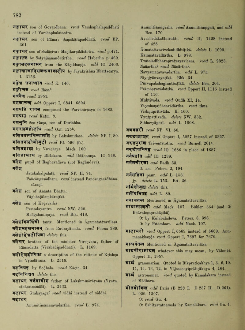 son of Govardhana: read Varshaphalapaddhati instead of Varshaphalatantra. son of Rama: Samskarapaddhati. read BP. 301. son ofSada9iva; Manikarnikastotra. readTpAll. by Satyajnanandatirtha. I'ead Haberlin p. 469. from the Ka^lkhanda. add 10. 2406. by Jayakrisbna Bhattacarya. L. 3156. ^IT read K. 146. read Rasa®. read 5951. add Oppert I, 6841. 6894. composed the Parvanirnaya in 1685. 1-ead Katm. 9. See Gana, son of Durlabha. read Oxf. 125'>. ^ini!ddT=tf^^T*tfuj by Lakshmidasa. delete NP. I, 80. read 10. 596 (fr.). ^fWrnim by Viracarya. Mack. 160. arfWrTTeiT^ by BbSskara. add Udaharana. 10. 340. pupil of Raghavadeva (not Raghudeva). Jatakakalpalata. read NP. II, 74. Pancangasadhanl. read instead Pancangasadhana- saranl. sou of Ananta Bhatta: V agbhatalamkaratika. son of Ke9avarka : Pratodayantra. read NW. 520. Mangalanirnaya. read Bik. 418. tantr. Mentioned in Agamatattvavilasa. from Rudrayamala. read Poona 389. delete this. brother of the minister Vire9vara, father of Ramadatta (Vivahadipaddhati). L. 1169. a description of the retinue of Krishna in Vrindavana. L. 2518. by Sodhala. read Ka9in. 34. delete this. father of Lakshminarayana (Vyava- stharatnamala). L. 2432. Grahayaga® read vidhi instead of siddhi. Anumitimanasavadartha. read L. 974. Anumitisamgraha. read Anumitisamgati, and add Ben. 170. Avachedakatanirukti. read II, 1428 instead of 428. Atmatattvavivekadidhititika. delete L. 1090. Karanatavadartha. L. 978. Tvataladibhavapratyayavicara. read L. 2323. Nanartha® read Nanartha®. Navyamatavavadartha. add L. 975. Niyojyanvayatika. Bhk. 34. Purvapakshagranthatika. delete Ben. 204. Pramanyavadatika. read Oppert II, 1116 instead of 116. Muktivada. read Oudh XI, 14. Vi9eshanajnanavadartha. read thus. Vishnupritivada. K. 160. Vyutpattivada. delete NW. 332. Sinhavyaghri. add L. 1008. read NP. VI, 50. read Oppert I, 5027 instead of 5327. Trivenistotra. read Burnell 201a. read 10. 1686 in place of 1687. add 10. 1239. add Radh 33. 0: an. Peters. 2, 194. paur. add L. 153. — jy. delete L. 153. BA. 36. delete this. add L. 89. Mentioned in Agamatattvavilasa. o>dd Mack. 107. Biihler 554 (and 0: Bhavale9apraka9ika). 0: by Kulabaladeva. Peters. 3, 396. 0: by Pitambara. add Mack. 107. read Oppert I, 6569 instead of 5669. Anu- manakbanda read Oppert I, 7697 for 7679. Mentioned in Agamatattvavilasa. vyhatever this may mean, by Valmiki. Oppert II, 1957. grammarian. Quoted in Rikprati9akbya 1, 3. 6, 10. 11, 14. 13, 12, in Vajasaneyiprati9akhya 4, 164. astronomer, read quoted by Kamalakara instead of Madhava. add Paris (B 228 I. D 257 II. D 261). L. 929. 1397. 0: read Gu. 4. 0: Sahityaratnamala by Kamalakara. reial Gu. 4.