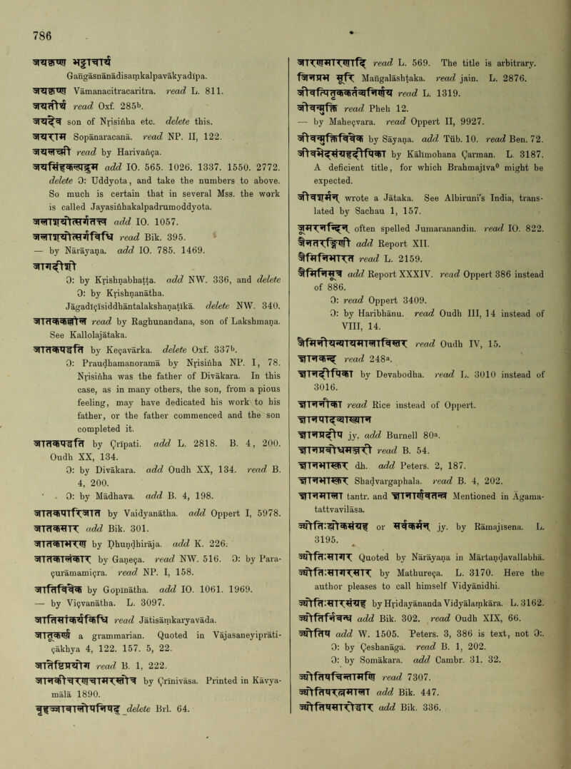 Gangasnanadisamkalpavakyadipa. Vamanacitracaritra. read L. 811. read Oxf. 285b. son of Nrisinha etc. delete this. Sopanaracana. read NP. II, 122. read by Harivan9a. add 10. 565. 1026. 1337. 1550. 2772. delete 0: TJddyota, and take the numbers to above. So much is certain that in several Mss. the woi'k is called Jayasinhakalpadrumoddyota. add 10. 1057. read Bik. 395. — by Narayana. add 10. 785. 1469. 0: by Krisbnabbatta. add NW. 336, and delete 0: by Krishnanatha. Jagadi9lsiddhantalakshanatika. delete NW. 340. read by Ragbunandana, son of Lakshmana. See Kallolajataka. by Ke9avarka. delete Oxf. 337b. 0; Praudbamanorama by Nrisinha NP. I, 78. Nrisinha was the father of Divakara. In this case, as in many others, the son, from a pious feeling, may have dedicated his work to his father, or the father commenced and the son completed it. by Qripati. add L. 2818. B. 4, 200. Oudh XX, 134. 0: by Divakara. add Oudh XX, 134. I’ead B. 4, 200. 0: by Madhava. add B. 4, 198. 3TTfI^''IT'fT5TTfT by Vaidyanatha. add Oppert I, 5978. UTrtSfi^TT add Bik. 301. by Dhundhiraja. add K. 226. by Gane9a. read NW. 516. 0: by Para- 9uramami9ra. read NP. I, 158. by Gopinatha. add 10. 1061. 1969. — by Vi9vanatha. L. 3097. read Jatisainkaryavada. a grammarian. Quoted in Vajasaneyiprati- 9akhya 4, 122. 157. 5, 22. read B. 1, 222. by Qrinivasa. Printed in Kavya- mala 1890. Brl. 64. read L. 569. The title is arbitrary. Mangalashtaka. read jain. L. 2876. read L. 1319. read Pheh 12. — by Mahe9vara. read Oppert II, 9927. by Sayana. add, Tiib. 10. read Ben. 72. by Kallmohana Qarman. L. 3187. A deficient title, for which Brahmajlva® might be expected. wrote a Jataka. See Albii’uni's India, trans¬ lated by Sachau 1, 157. often spelled Jumaranandin. read 10. 822. add Report XII. read L. 2159. add Report XXXIV. read Oppert 386 instead of 886. 0: read Oppert 3409. 0: by Haribhanu. read Oudh III, 14 instead of VIII, 14. read Oudh IV, 15. read 248*. by Devabodha. read L. 3010 instead of 3016. read Rice instead of Oppert. jy, add Burnell 80a. read B. 54. dh. add Peters. 2, 187. Shadvargaphala. read B. 4, 202. tantr. and Mentioned in Agama- tattvavilasa. or jy. by Ramajisena. L. 3195. s Quoted by Narayana in Martandavallabha. by Mathure9a. L. 3170. Here the author pleases to call himself Vidyanidhi. by Hridayananda Vidyalamkara. L. 3162. add Bik. 302. read Oudh XIX, 66. add W. 1505. Peters. 3, 386 is text, not 0:. 0: by Qeshanaga. read B. 1, 202. 0: by Somakara. add Cambr. 31. 32. read 7307. add Bik. 447. add Bik. 336.
