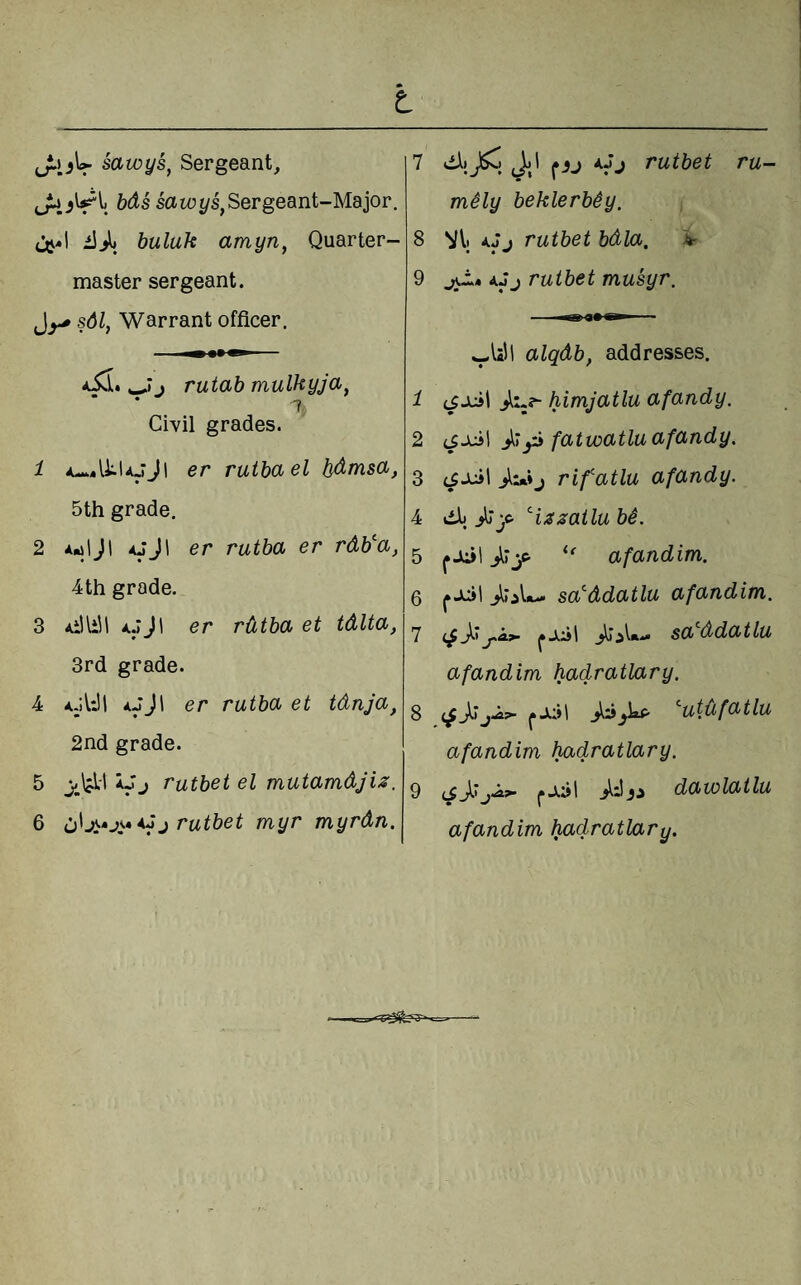 t JLi jU savoys^ Sergeant, bds satat/s, Sergeant-Major, ijjl, buluh amyn^ Quarter¬ master sergeant. sdl, Warrant officer, w'j rutab mulhyja^ 1, Civil grades. er rutbael hdjnsCL, 5th grade. 2 Ariljl AjJl er rutba er rdb'a, 4th grade. 3 A.illih A,.)Jl er rdtba et tdlta, 3rd grade. 4 A.;Ul aJJI er rutba et tdnja, 2nd grade. 5 iJj rutbet el mutamdjiz. 6 I'utbet myr myrdn. mHy beklerb^y. VI j rutbet bdla. 'k- aJj rutbet musyr. wUil alqdb, addresses. himjatlu afandy. (iJiil jCip fatwatlu ufundy. rifatlu afandy. H^s^atlubi. afandim. ^xi\ sa'ddatlu afandim. jIt j.^>‘ sa ddatlu afandim hadratlary. ^utdfatlu afandim hadratlary. dawlatlu afandim h^idratlary. 1 8 9 1 2 3 4 5 6 7 8 9 ■—