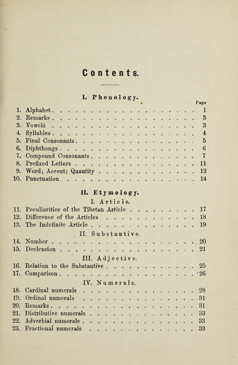 Contents I. Phonology. • Page 1. Alphabet..1 2. Remarks. 3 3. Yowels. 3 4. Syllables. 4 5. Final Consonants. 5 6. Diphthongs.6 7. Compound Consonants ..7 8. Prefixed Letters.11 9. Word; Accent; Quantity. 12 10. Punctuation. 14 II. Etymology- I. A r t i c 1 e. 11. Peculiarities of the Tibetan Article.. 17 12. Difference of the Articles ..18 13. The Indefinite Article.19 II. Substantive. 14. Number . . . ..*20 15. Declension. 21 III. Adjective. 16. Relation to the Substantive.25 17. Comparison. '26 IY. Numerals. 18. Cardinal numerals.28 19. Ordinal numerals . . . ..31 20. Remarks.31 21. Distributive numerals.33 22. Adverbial numerals. 33 23. Fractional numerals.33