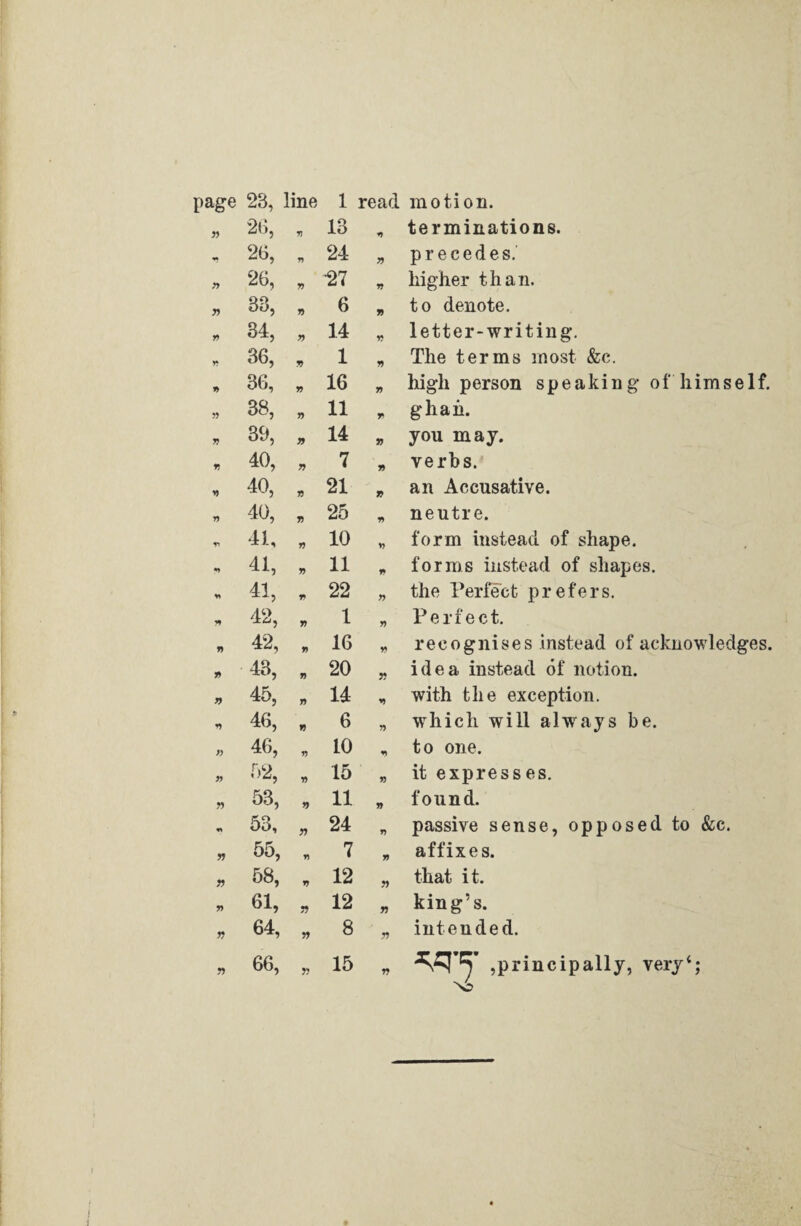 95 26, 15 13 *5 terminations. ** 26, 15 24 15 precedes. r> 26, 15 27 15 higher than. r> 33, n 6 15 to denote. 15 84, 19 14 55 letter-writing. 55 36, 99 1 15 The terms most &c. n 36, n 16 15 high person speaking of himself. 55 38, ?> 11 7 ghah. V 39, 99 14 15 you may. 15 40, r> 7 15 verbs/ 59 40, n 21 15 an Accusative. n 40, 7) 25 55 neutre. Vi 41, i? 10 55 form instead of shape. V 41, 15 11 15 forms instead of shapes. V 41, 19 22 15 the Perfect prefers. * 42, 15 1 15 Perfect. 15 42, 15 16 55 recognises instead of acknowledges. 39 43, 15 20 55 idea instead of notion. J) 45, 15 14 15 with the exception. 59 46, 19 6 55 which will always be. » 46, 55 10 T> to one. 11 52, 55 15 15 it expresses. 95 53, U 11 15 found. « 53, n 24 15 passive sense, opposed to &c. 59 55, 55 7 15 affixes. y> 58, 15 12 59 that it. 15 61, 59 12 15 king’s. 99 64, 55 8 55 intended. » 66, 5? 15 15 principally, very4;