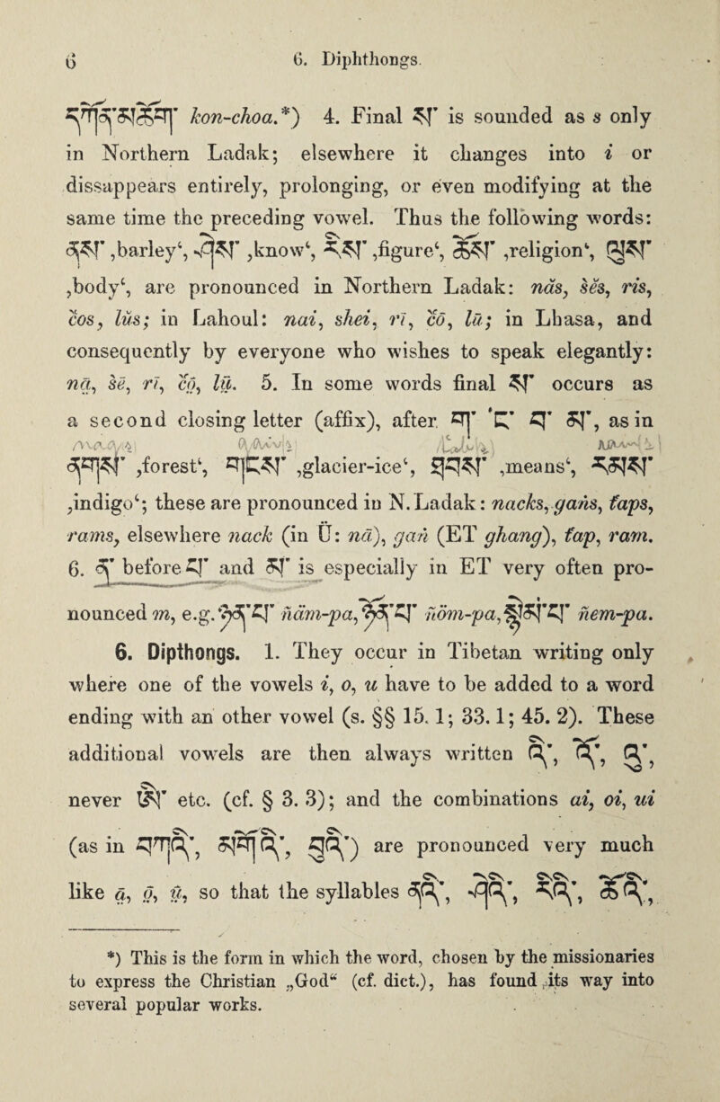 kon-choa.*) 4. Final 3T is sounded as s only- in Northern Ladak; elsewhere it changes into i or dissappears entirely, prolonging, or even modifying at the same time the preceding vowel. Thus the following words: ,barley4, ,know4, rfigure4, ,religion4, ,bodyc, are pronounced in Northern Ladak: nas, ses, Ws, cos, lus; in Lahoul: nai, sheir ?v, co, lit; in Lhasa, and consequently by everyone who wishes to speak elegantly: na, sc, tv, co, lu. 5. In some words final occurs as a second closing letter (affix), after. t q’ *r , as in (fy&Av|y. appr ,f orest4, upw ,glacier-ice4, , means4, ,indigo4; these are pronounced in N.Ladak: nacksygans, faps, rams, elsewhere nack (in 0: na\ gan (ET ghang), fap, 6. cj£ before Z£ and is especially in ET very often pro¬ nounced m, e.g.^Cf ndm-pap^Q’ ndm-pa,^j&j*q’ nem-pa. 6. Dipthongs. 1. They occur in Tibetan writing only where one of the vowels it o, u have to be added to a word ending with an other vowel (s. §§ 15.1; 33.1; 45. 2). These additional vowels are then always written never @N’ etc. (cf. § 3. 3); and the combinations ai, oi, ui Cn. CS. (as in gw are pronounced very much cv.? -scs, cscs^ like a, o, ?/, so that the syllables , *) This is the form in which the word, chosen by the missionaries to express the Christian .,Godu (cf. diet.), has found its way into several popular works.