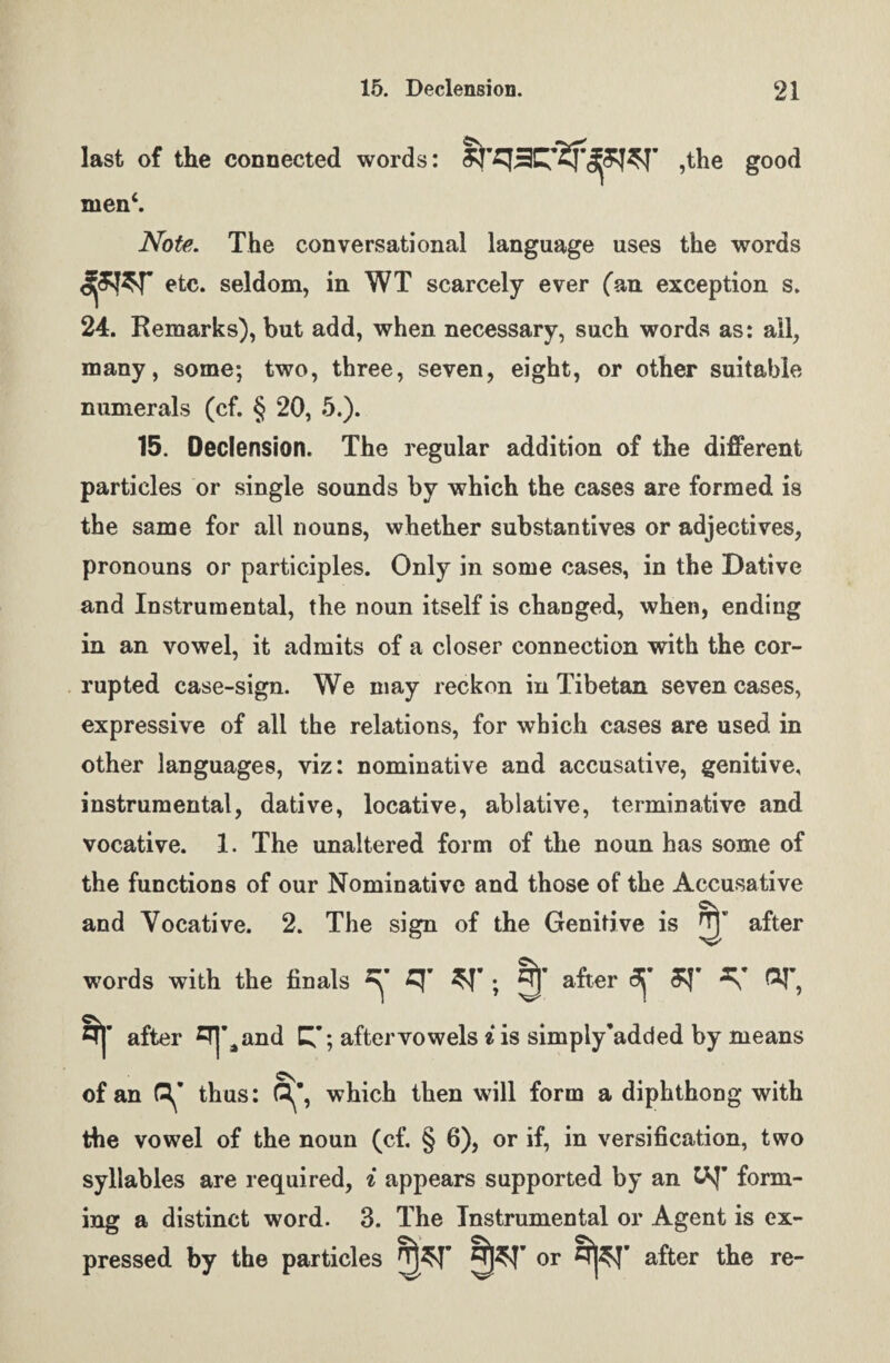 last of the connected words: ,the good men‘. Note. The conversational language uses the words jpST etc. seldom, in WT scarcely ever (an exception s. 24. Remarks), but add, when necessary, such words as: all, many, some; two, three, seven, eight, or other suitable numerals (cf. § 20, 5.). 15. Declension. The regular addition of the different particles or single sounds by which the cases are formed is the same for all nouns, whether substantives or adjectives, pronouns or participles. Only in some cases, in the Dative and Instrumental, the noun itself is changed, when, ending in an vowel, it admits of a closer connection with the cor¬ rupted case-sign. We may reckon in Tibetan seven cases, expressive of all the relations, for which cases are used in other languages, viz: nominative and accusative, genitive, instrumental, dative, locative, ablative, terminative and vocative. 1. The unaltered form of the noun has some of the functions of our Nominative and those of the Accusative and Vocative. 2. The sign of the Genitive is Hj after words with the finals after 3sJ* ®T, §|' after ^Tj^and aftervowels i is simply’added by means of an thus: which then will form a diphthong with the vowel of the noun (cf. § 6), or if, in versification, two syllables are required, i appears supported by an WJ’ form¬ ing a distinct word. 3. The Instrumental or Agent is ex¬ pressed by the particles JPT or %r after the re-