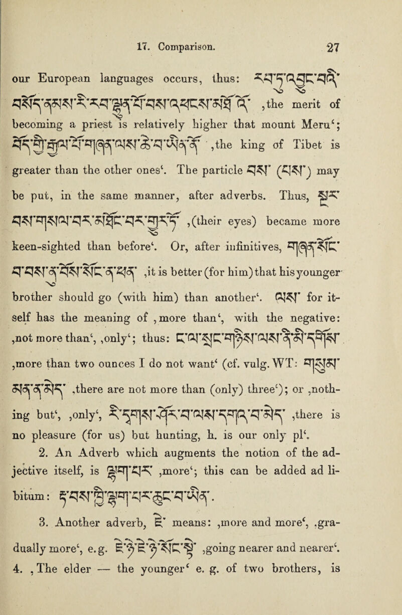 our European languages occurs, thus: ''O No , the merit of becoming a priest is relatively higher that mount Mem4; P*^7*2 c\ ,the king of Tibet is greater than the other ones4. The particle (£j3sf'\ may be put, in the same manner, after adverbs. Thus, ,(their eyes) became more keen-sighted than before4. Or, after infinitives, q'q^'y^JJf’^q'S'fifS ,it is better(for hiin)that bis younger brother should go (with him) than another4. PJ^J’ for it¬ self has the meaning of ,more than4, with the negative: ,not more than1, ,only1; thus: ,more than two ounces I do not want4 (cf. vulg. WT: sjararaK* .there are not more than (only) three4); or .noth- ing but1, ,only‘, ^qi^’^'q'iq^erj^-q’^' ,there is no pleasure (for us) but hunting, h. is our only pi4. 2. An Adverb which augments the notion of the ad¬ jective itself, is ,more4; this can be added ad li- bitum: rq^-^q]-q^q-q-cq^. 3. Another adverb, £.' means: ,more and more*. .gra- dually more4, e.g. ,going nearer and nearer4. 4. .The elder — the younger4 e. g. of two brothers, is