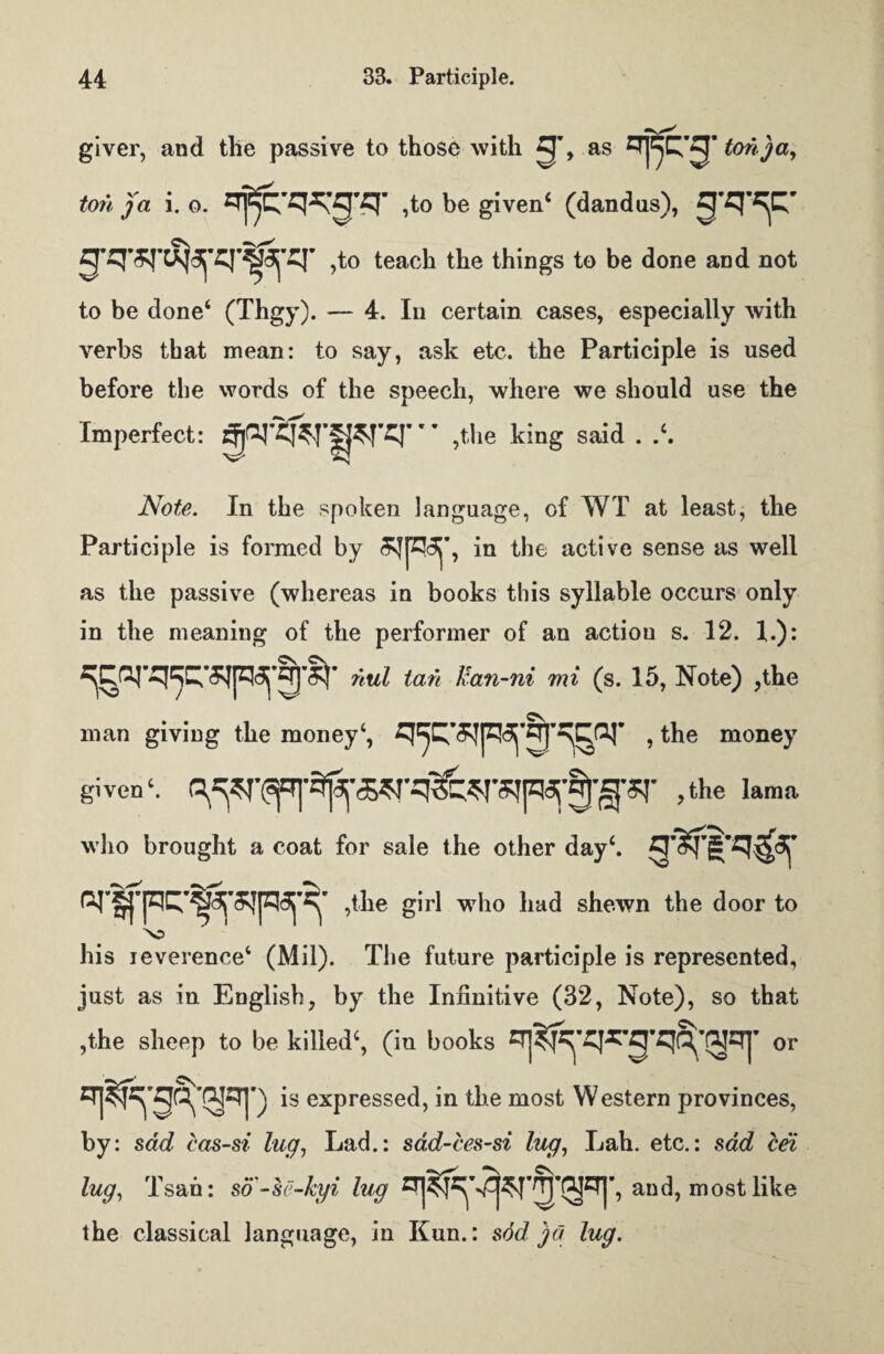 giver, and the passive to those with as tonja, tori Jet i. o. r^-qqcj-q- ,to be given4 (dandus), 3'^'T ,to teach the things to be done and not to be done4 (Thgy). — 4. In certain cases, especially with verbs that mean: to say, ask etc. the Participle is used before the words of the speech, where we should use the Imperfect: gpT^'fpTq''' ,the king said . .4. Note. In the spoken language, of WT at least, the Participle is formed by in the active sense as well as the passive (whereas in books this syllable occurs only in the meaning of the performer of an action s. 12. 1.): 7tul tan ttan-ni mi (s. 15, Note) ,the man giving the money4, , the money given4. >the Iama who brought a coat for sale the other day1. ,the girl who had shewn the door to 'NO his reverence4 (Mil). The future participle is represented, just as in English, by the Infinitive (32, Note), so that ,the sheep to be killed1, (in books qj^fc-qX^-qS^qj- or TOWD is expressed, in the most Western provinces, by: sad cas-si lug, Lad.: sad-ces-si lug, Lab. etc.: sad cei lug, Tsan: so-h'-kyi lug and, most like the classical language, in Kun.: sod jd lug.