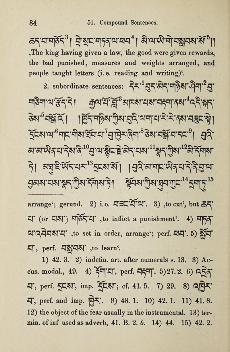 £^^«rsrc4! £ta’^qsjq*r?f6|f ,The king having given a law, the good were given rewards, the bad punished, measures and weights arranged, and people taught letters (i. e. reading and writing)4. 2. subordinate sentences: } sjpr*fIf 3*ipsr &r5q^X| | j ^•q-6£T|[;’^-^q-q-7g-|^-8^i-q^q-^-9| g§;- =>1 OTfMXp^q^psrSfj jga;-5i-sr]C-^<3j-q-^g-q- gwq^f^r^isr^i ^'5^'5q'3c'145qlT15 arrange4; gerund. 2) i. o. qSC^fq'. 3) ,to cut* 1, but q- (or q$T) qj^q* ,to inflict a punishment4. 4) iq-^q^I'q- ,to set in order, arrange4; perf. qq\ 5) |jjq’ q\ perf. qgjq$T ,to learn4. 1) 42. 3. 2) indefin. art. after numerals s. 13. 3) Ac- cus. modal., 49. 4) l^Tj’q’, perf. qt^|\ 5) 27.2. 6) Q^dj’ q-, perf. gpr, imp. r«i •; cf. 41. 5. 7) 29. 8) Qjj|^ q*, perf. and imp. j^*\\ 9) 43. 1. 10) 42. 1. 11) 41. 8. 12) the object of the fear usually in the instrumental. 13) ter¬ rain. of inf used as adverb, 41. B. 2. b. 14) 44. 15) 42. 2.