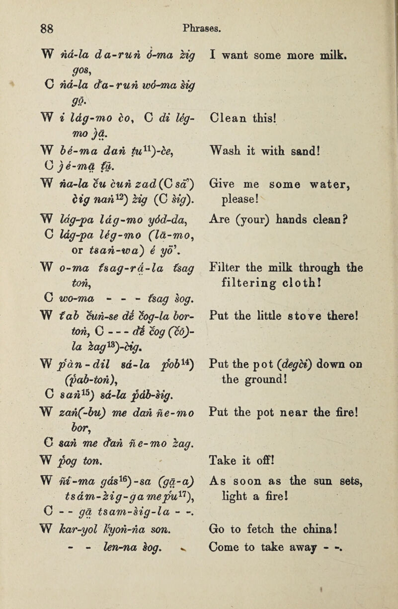 w nd-la da-run o-ma zig 90s, C nd-la da-run wd-ma sig 99- W i lag-mo bo, G di leg- mo )a. W be-ma dan tun)-ce, 0 je-ma fa. W na-la cu cun zad (C sa) big nan®') zig (C sig). W lag-pa lag-mo ydd-da, C lag-pa Ibg-mo (la-mo, or tsan-wa) e yo\ W o-ma fsag-ra-la fsag ton, C wo-ma - - - fsag sog. W fab cun-se de cog-la bor- ton, C-de cog (co)- la %ag®)-big. W pan-dil sa-la pob14) (pab-ton), C 8an®) sa-la pab-sig. W zan(-bu) me dan ne-mo bor, C san me dan ne-mo %ag. W pog ton. W ni-ma gas®) -sa (ga-a) tsam-zig-ga mepu17), G - - ga tsam-sig-la —. W kar-yol kyon-na son. - - len-na sog. ^ I want some more milk. Clean this! Wash it with sand! Give me some water, please! Are (your) hands clean? Filter the milk through the filtering cloth! Put the little stove there! Put the pot (degci) down on the ground! Put the pot near the fire! Take it off! As soon as the sun sets, light a fire! Go to fetch the china! Come to take away -