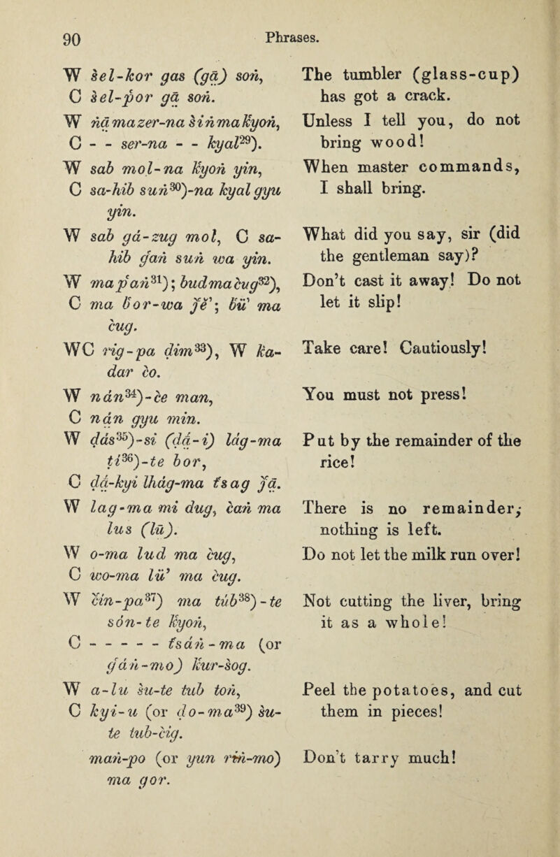 O ^ O ^ ^ O ^ O ^ ^ sel-kor gas (gd) son, sel-por ga son. ng ma zer-na sinma Icy on, - - ser-na - - Icyal2®). sab mol-na Icy on yin, sa-hib sun^-na hyalgyu yin. sab gd-zug mol, C sa¬ hib g'ari sun wa yin. ma pom 31); bud ma cug®‘\ ma bor-wa /o’; bu ma bug. j rig- pa dim33), W Ra¬ dar co. nanM)-ce man, nan gyu min. das 36) -si (da - i) lag-ma tim)-te bor, dd-kyi Ihdg-ma fsag yd. lag-ma mi dug, can ma lus (lu). o-rna lud ma bug, wo-ma lu ma cug. cin-pa37) ma tub38) - te son-te Icy o bi , - - - - - fsdn-ma (or (jdh-mo) Icur-sog. a-lu su-te tub ton, kyi-u (or do-ma39) su- te tub-cig. man-po (or yun rm-mo) wa gor. The tumbler (glass-cup) has got a crack. Unless I tell you, do not bring wood! When master commands, I shall bring. What did you say, sir (did the gentleman say)? Don’t cast it away! Do not let it slip! Take care! Cautiously! You must not press! P ut by the remainder of the rice! There is no remainder,- nothing is left. Do not let the milk run over! Not cutting the liver, bring it as a whole! Peel the potatoes, and cut them in pieces! Don't tarry much! •s
