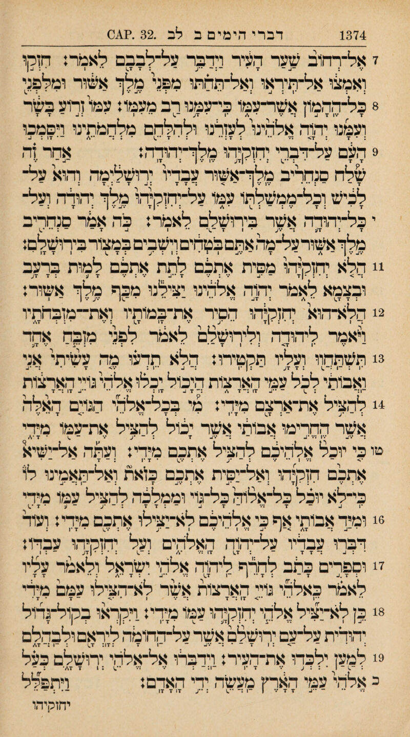 1374 דברי הימים ב לב .32 .?^0 7 אל־־רחוב עזער הליר וידבר על־לבבם לאמר: חזקו : ־1-־ 7־ ־;- -ע - ; ז־ •ן-) •• 1 • : 1-1 ואמנצו אל־חיראו ואל־תחתו מפני מלך אעזור ומלפני 8 בל־ההמוז אעזר־עמו כי־עמנו רב מעמו: עמו זרוע בעזר ד •••ו ד ע | ;־*.• • * •1 • דע ־.) •• • 1 ' : ^ - ד ד ועמנו יהוה אלהימ לעזרנו ולהלחם מלחמתינו ויסמכו : ־ 7 : 7> •• : 7 : : • 7 ׳•^ • ; ;־ ־ * 17 : ב 9 העם על־דברי יחזקיהו מלך־יהודה: אחר זה 7 7 ־ • : ; • : ־(דע •.־1 17 : 17 ־1- ־ עזלח סנחריב מלך־אעזור עבדיו ירועזלימה והוא על־ 7 _ _ . •1% 7 1 ־ > ;־7 7 :ע 7 ־ :.7 ; לציעז וכל־ממעזלתו עמו על־יחזקיהו מלך יהולה ועל־ 7• : 7 •.• :־:-) ־ 4 ־ : י : • 71 •.־ ע ••• 1 : 7 ; - י כל־יהודד, אעזר בירועזלם לאמר: כה אמר סנחריב 7 : 7;: ;־ •••ע • 1 7-.;• .. , •ן. _ _ מלך אעזורעל־מהאתםבטלים ויעזבים במצור בירושלם: *.־ע •% 1 ־ * ־ 7 - •••ו- 1 ן • : 1 : •ע ; 7 ^ • 1 7 17 • !! הלא יחזקיהו מפית אתכם לתת אתלם למות ברעב ובצמא לאמר יהוה אלהינו יצילנו מכף מלך אשור: 2! הלא־־הוא יחזקיהו הסיר את־במותיו ואת־־מזבהתיו :־ 1 : • : *71 ״ •ע 7 17 1.7 : 7 ׳ : : 7* לאמר ליהודה ולירועזלם לאכזר לפני מזבח אחד <7 8! תעזתהוו ועליו תקטירו: הלא תדעו מה עעזיתי אני -1 :־.) 7 •דע ואבותי לכל עמי הארצות היכול יכלו אלהי גויי הארצות ־1;־ ■־ ; ־ ״ע 17 ;־7 * ;־ 7 ע 17; :••• •• ״ע 17 :־ 7 להציל את־ארצם מידי: מי בכל־אלהי הגוים האלה • ^ •1 •* ^ 1 • 9 •4 • • ^ ••• ^ •• • • * ע• • 7^ ד \ • אעזר החרימו אבותי אעזר יכול להציל את־עמו מידי ;־ 17. 17 ;7 •ן, ;- - ;- 7ע ז : ־ •ע 7 ־־ .1 • 7 ב!ו בי יוכל אלהיכם להציל אתכם מידי: ועתה אל־ישיא •> - ;7 1 •• 7 ; ־ •ע 7 ; 1.7 • 7 •ן ; ־ 7 - - • אתכם חזקיהו ואל־יפית אתכם כזאת ואל־תאמינו לו 7 ; 7 • ; •|7 ; - - •ע 7; 7ע 7 ; - ־1 :־ •ע י ר כי־לא יוכל כל־אלוה כל־גוי וממלכה להציל עמו מידי •1 ע ־ 7 ;7 ־ 7 ע ־;7 7 : ־ •ע ־ ע ׳ 7 '.1 6! ומיד אבותי אף כי אלהילם לא־יצילו אתכם מידי: ועוד • ־1- ;־ 7,ע >-} :7 1 •• 7 ן - •ע 7 ; 7-\ • 7•! ; דברו עבדיו על־יהוה האלהים ועל יחזקיהו עבדו: - ; • : • |זדע ׳ 7! וספרים כתב לחרף ליהוה אלהי יעזראל ולאמר עליו : 7 7־ ; 7 •• 1 -ן 1.7 :7 ••1- • ; 7 ; ־• 7 7 לאמר כאלהי גויי הארצות אלזר לא־הצילו עמם מיקי ••ן ־• •־> 17 ;־ 7 :־ 7 1 * ־ 7 • 7 • 8! כן לא־יציל אלהי יחזקיהו עמו מידי: ויקראו בקול־גדול יהודית על־עם ירועזלם אעזר על־החומה ליראםולבהלם 1 ׳ ־ ־> : 1 7 ־ • ;־ 7ע ־ ־1 7 :17; 1,7 : -ן ;- 7./ 9! למען ילכדו את־העיר: וידבלו אל־אלהי ירועזלם כעל כ אלהי עמי ה^זרץ מעעזה ידי האדם: ויתפלל :־.־   4 7 ^ | . ..^ •ן, •ן .ן, יחוקיהו