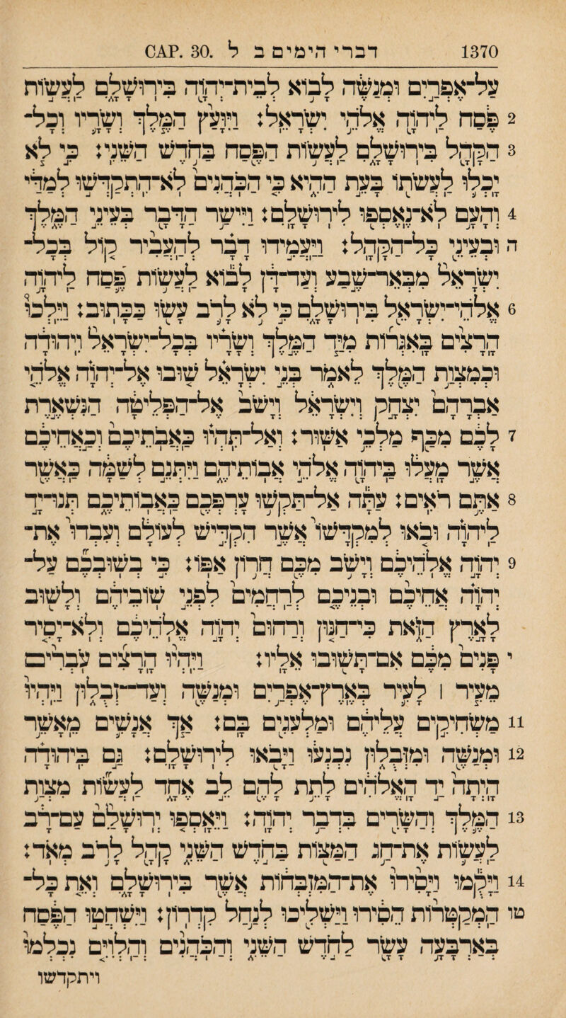 1370 דברי הימים ב ל .30 .?^0 על־אפרים ומנשה לבוא לבית־יהוה ביחשלם לעשות ••• ; ־ב • : ־ ••• x ע : • 1 ז■ ־1 ;־ נ. 2 ^סה ליהוה אלהי ישראל: ויועץ המלך ושריו ובל¬ 3 הההל בירושלם לעשות הפסח בחרש השני: כי לא 1 7 7\״ • יכלו לעשתו בעת ההיא כי הכהנים לא־התהדשו למלי _ . _ן. דו : ^ 7 ־■^ 4 והעם לא־נאספו לירושלם: ויישר הדבר בעיני המלך ה ובעיני כל־הההל: ויעמידו דב:ר להעביר רןול בכל־ ־1:־ ישראל מבאר־שבע ועיד־דל לבוא לעשות פסח ליהוה • : 7 ** * עג ־ : ־ 17 7 ־1 :־ ע עע - ־1 7ע 6 אלהי־ישראל בירושלם כי לא לרב עשו ככתוב: וילכו ! ׳־ • ; 7 •־.ו • 1 7 7\״• •1- ע 7(: 7^ ־17 -1 : הרצים באגרות מיד המלך ושריו בכל־ישראל ויהולה 17 7 * 17 • ; • ־צ ־ ע1- ע 1 : 7 7 : 7 • : 7 •• •1 7 וכמצות המלך לאמר בני ישראל שובו אל־יהוה אלהי : • ; -ע ־ ע^ ע 1 • : 7 •־ > ע ; 7 אברהם יצחה וישראל וישב אל־הפליטה הנשארת 7 7 7 לבם מכף מלכי אשור: ואל־תהיו כאבתיכם וכאחיכם 7 ע ־ ־^1| ־ ; ••ע ־ 1 : ־ •1: ־1 :־ 1 •• ע : -ב:- •• ע אשר מעלו ביהוה אלהי אבותיהם ויתנם לשבה כאשר ־1 ■1.1 -1 ;־ ע.1 8 אתם ראים: עתה אל־תמשו ערפכם כאבותיכם תנדיד ־ גן ע ־1 :־״ ו ליהוה ובאו למקדשו' אשר הקדיש לעולם ועבת את־ 1 7 > * •(7 ••נ. *1^* •7 •• • 9 יהוה אלהיכם וישב מכם חרוז אפו: כי בשובכם על¬ ; זע ;•־ 1 ׳' ע ;זע * ע^י ;־ ע 1 ־ 1 : 1 : ע יהוה אחיכם ובניכם לרחמים לפני שובילם ולשוב ; 7 ;־־ •־ ע : •־ ע> ; -ן • • : ••ע 1 •• ע : 7 ^ לארץ ה^את כי־חנוז ורחום יהוה אלהיצם ולא־יםיר 7 7עע ו־./ • ־ > 1 :־ ; 7ע :••• 1 •• ע : 1 7•> י פנים מכם אם־תשובו אליו: ויהיו הרצים עבריבס 7• • ע * 7.) •• 17 ־•ן: 17 7 ־ 1 ; • מעיר 1 לעיר בארץ־אפרים ומנשה ועד־־־זבלוז ויהל !! משחיקים עלילם ומלעגים בם: אך אנשים מאשר 2! ומנשה ומזבלוז נכנעו ויבאו לירושלם: גם ביהודה : ־ ע,) • * 1 • : : ־7.; • 1 7 17• -ע •1 7 היתה יד האלדים לתת להם לב אחד לעשות מצות 17: 7 -ע 17 :••• • 7 ״ע 7 ע.1 ־•ע ע 7./ ־1 :־ • ; -ע 3! המלך והשרים בדבר יהוה: ויאםפו ירושלם עם־לב לעשות את־חג המצות בחדש השני קהל לרב מאד: 4! ויהמו ויסירו את־ד,מזבחות אשר בירושלם ואת כל־ ־7 ;• ( ־7• ע ־ • : : ;־ •••1 • 1 7 7.׳״• ; ••> 7 טו המקטרות הבירו וישליכו לנחל קדרוז: וישחטו הפסח -1 : - 1 ; •• • — : •.1 : -ע- • 1: 1 1 - • : :־ ע - ע - בארבעה עשר לחדש השני וד,כהנים וד,לוים נכלנל 7 זע 7 ז.1 ויתמדשו
