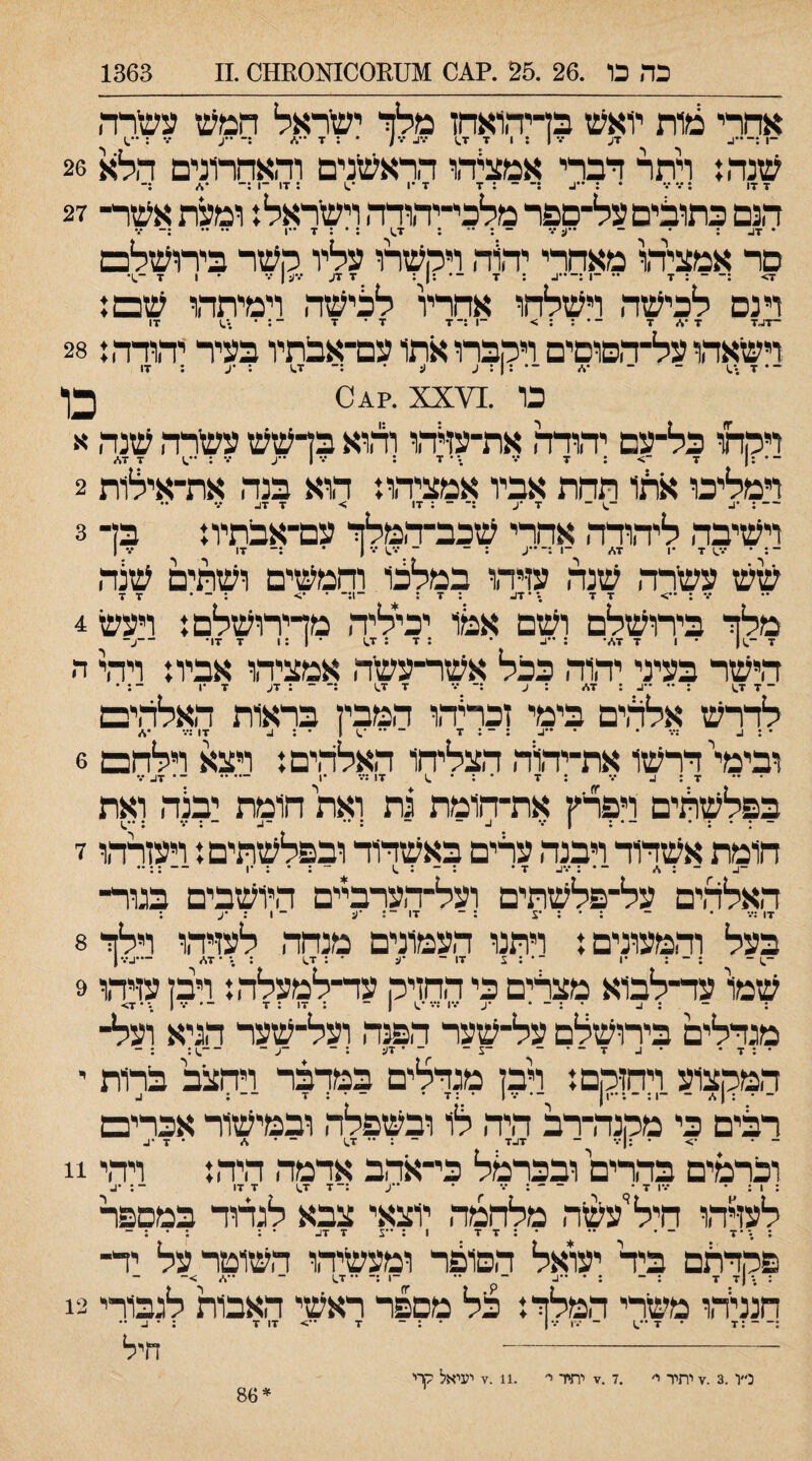 כה ט .26 .25 .?0.4 11נ11,}1001^[01160 .11 1363 אחרי נן1ת יואעז בדיהואחו מלזי יעזראל המעז עש״רה ו . דע ־.• | : 1 ד • : ד ••4 ;־ -ע ••• ;•*.ז- 26 עזנהז ויתר דברי אמציהו הראעזנים והאחרונים הלא ד דו :••• ••• • : •*ע :־ ־ : ד ד •1 •.1 : דו ־1 :־ •%״ ;־ 27 הנם בתוביםעל־םפר מלכי־יהודה וישראל ן ומעת אעזר־ • ד^ ; • - •ד - . . . •ן .., ....  סר אמציהו מאחרי יד^ה ויקשרו עליו קשר בירושלם ד> :־ ־ : ד •• ־1 ;־••ע : ד ־• :| : ד דע •.*ען ••• • 1 ד ־^• וי נם לבישה וישלחו אחריו ללישה וימיתהו שם: ־דו־ד ד ד ־ • : : > ־1 :־ ד זי * ז־ ־:*•.) דו 28 :וישאהו על־הפוםים ויקברו אתו עם־אבתיו בעיר יהודה ־־ • ד ־ ־ ־4 ־ ־ : ן : ע ע • ;־ ד.ו : •ע : דו 04 כן?. xx¥^. בו ויקחו בל־עם יהודה את־עלהו והוא בדשש עשרה שנה א ־ * ; | ד ־> ; ד ••• • ד : *•־ 1 * ע ־.־ : .) ד ד,ע 2 דמליכו אתו תחת אביו אמציהו: הוא בנה את־אילות ע ־..ו־ ד •ע :־ ־ : דו > ד דנ. ־•• ••* ; — 3 וישיבה ליהודה אחרי שכב־ד,מלןד עם־אבתיו: בד ־: ־ •••..ו ד •1 ד\״ ־1 :־ ״ע : ־ ־ ׳•'^ ד ן• ;־ דו •.־ ן שש עשרה שנה עז-יהו במלכו וחמשים ושתים שנה ־.•:••> דד ••זו־ : ד ; ־1:־ • : - • ד - 4 מלד בירושלם ושם אמו יכיליה מדירושלם: ויעש ד ־^| • 1 דד*• ; ־^ • : ד : ד,ן *1:1 ד דו• ־־ע־ הישר בעיני יהוה ככל אשר־עשה אמציהו אביו: ויהי ה ־ ד ד^ ; •• -ב : ד* ; ע :־ ••־ ד ד.ו ;־ ־ : דע ד •1 ־; • לדרש אלקים בימי זכריהו המבין בראות האלהים ע :•.• • • -4. : ־ : ד ־•••.11 • ; ע דו:.• •* : • 6 ובימי'דרשו את־יהוה הצליחו האלהים: ויצא וילחם • •• ד ; ע ••• : ד • : • ^ ד1 :•• •1 ־•• •• ־• 7^ •.־ בפלשקים ויפרץ את־הומת גת ואת חומת יבנה ואת ־ • : ן••* ע־ - : •• -ע - • : • : - 7 חומת אשדוד ויבנה ערים באשדוד ובפלשתים: ויעזרהו האלהים על־פלשתים ועל־הערביים היושבים בגור¬ ד!:•.• • ־ : • ; •! : ־ דו ־: •ע ־ 1 ; •ע : 8 בעל והמעונים: ויתנו העמונים מנחה לעזיהו וילך 9 שמוי עד־לבוא מצרים כי החזיק עד־למעלה: ויבן עזיהו : - ; ^ • : ־ ♦ •ע •••ו :••• •.1 1 - : -1 : ד ־ • ••• ן \ • ד> מגדלים' בירושלם על־שער ה^ה ועל־שער הגיא ועל־ :1.•:ד• •ע ד־־־ ־1־ ־•זע :־ ־ע־ ־־ המקצוע ויחזקם: רבן מגדלים במדבר ויחצב' ברות י ־ • :1 * ־ ־1 ; ־:••1 ן ־ • ••• 1 ־ • : 7 ־ ־ ; ע רבים כי מקנה־רב היה לו ובשפלה ובמישור אברים ן•.־ ־ 7^7 ־ : •• 1.7 ־ * * • 7 •ע: • <■ • - 11 וכרמים בהרים'ובכרמל כי־אהב אדמה היה: ויהי : 1 ; • •••ו 7• - • ••ע :־7 1.7 7 17 ־; •ע לעזיהו חיל'עלזה מלחמה יוצאי צבא לגדור במספרי 1 ; •ע 7 7^ פקדתם בידי יעואל הסופר ומעשיהו השוטר על יד־ : |7 ז ־ ־ ־ ־ ••* >־ חנניהו משרי המלך: כל מספר ראשי האבות לגבורי 12 £-71 ^ 7 ^ ־־ •. | •.•| ־ ־ .ן .ן! .ן .•!_•. - חיל נ״ו.7.3 יתיר י׳ .7.7 יתיר י• .11 .ד יעיאל דף 86*