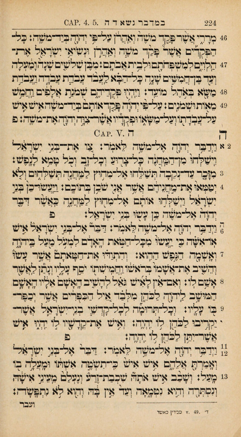 46 מהרי אשרפמר משה ואהרן על־פי יהוהכיד־משה: כל¬¬ : x ־\. :־ /• 1 1- : ••• 1<-x ־ •ע : : ־ ־••1 ד הפקרים אשר פקר משה ואהרן ונשיאי ישראל את¬ ¬ : .•|־ :־ ••• x ־( ••ע : -1ע 1 : • • ע • : x 47 הלוים למשפחתם ולבית אבתם: מכן שלשים שנה ומעלה ־1 ; : • : : x^ : ־•ע x x x <• : 1 ••• • ^^x ־ : x וער בדחמשים שנה כל־הבא לעבר עברת עברה ועברת : ־.1 /• | :־ • ־^ x - x /,x x ־ו:־ :־ ־צ :־ xע -1:- -ע 48 משא באהל מוער: ויהיו פקריחם שמנת אלפים וחמש• -ו ־•1 : : ••1 ן:- *■ע- • x ב :־- 49 מאות ושמנים: על־פי יהור, פקר אותם ביר־משה איש איש x x •ע •1נ על־עפרתו ועל־משאו ופקריו אשר־צור, יר,1ד, את־משה נ פ 1־ 1 x ^ ; ־ ־ x * : • |ז■ :- ••• • xע : 1,x •.־ •••ו ך, ה.¥ .?^0 2אוירבר יהוה אל־משה לאמר: צו את־־־בני ישראי4 ־:־ ••ע : x.) •% •.•ע •• 1 >- ••• : -ע • : x וישלחו מן־המהנה כל־צרוע וכל־זב וכל טמא לנפש: •1 ־ : • 1 - ־1 :- /• 1. x x ־ : x ^ : /.x x ״ע xxו ••• 3 מז־כר ער־נקבה תשלחו אל־מחוץ למחנח תשלחום ולא 4 יטמאו את־מחניחם אשר אני שכן בתוכם: ויעשרכזבני ישר^:ל וישלחו אותם אל־מחוץ למחנח כאש*ר דבר • ; x •־ ־: - : ב x ••• • ן-1 ־1:־ • •••> יהוה אל־משה כן עשו בני ישראל: פ ? וידבר יהוה אל־משד, לאמר: דבר אל־בני ישראל איש ט ••ע : ז־^ ••■ '1 •• X ־־ •• ••• : ••ב • : x •• •ג אראשה כי יעשו מכל־הטאת הארם למעל מעל ביהוה 1 • x •> ־1:- • x ־ ע xו x x • : ע ־־^ ־ -1 X./ ז ואשמה הנפש ההוא: והתוהו את־הטאתם אשיר עשו : xו : x^ - •••ע•.- - •ן : • : ־ ••• - x x :־ •••ן- x תשיב את־אשמובריאשווחמישתו ייםף עליו ונתן לאשר : •• •> •.־ :־ X : -ן:- •1 • •ך ■ך^. ,.ן _ ן 8 אשם לו: ואם־איןלאיש גאל להשיב האשם אליו האשם x ״ע 1 : • •• 1 x <• x : •• • xו x X •• x xו x ^ המושב ליהת לכהן מלבר איל הכפלים אשר יכפר־ xע ~׳ ■י^ ~ ״ •* ■■ ^*■*׳ - ■ \ ׳ :־ : ־ ••• 9 בו עליו: וכל־תרומה לכל־קרשי בני־ישראל אשר־ י יקריבו לכהן ל1 יהיה: ואיש את־קרשיו לו תיו איש אשר־יתן לכהן לו יהיה: פ וירבר יהת אל־משה לאמר: דבר אל־בני ישרא^ ־:- ••ע : x.^ ••• •••ע •• 1 ־ •• ••• : ••ב • ; x •• ואמרת אלהם איש איש כי־תשטה אשחו ומעלה בו : xו ־ : x^ :־ •• •••<*> •ע • •1 • ; •••ב • : xו :־ ז/ ^ 3! מעל: ושכב איש אתה שכבת־זרע ונעלם מעיני אישת דו : x -1• - x • : - ־.— ;•.•:- ••1 •• *•ב • x ונסתרה והיא נטמאה וער אין קה והוא לא נתפשה: ; • ; : x.ו : •ב • : x 1 -1•• •• : x .*.x ; ע : x 1x ״- וצבר 11 12 ד׳ .49 .זו סבירין כאשר
