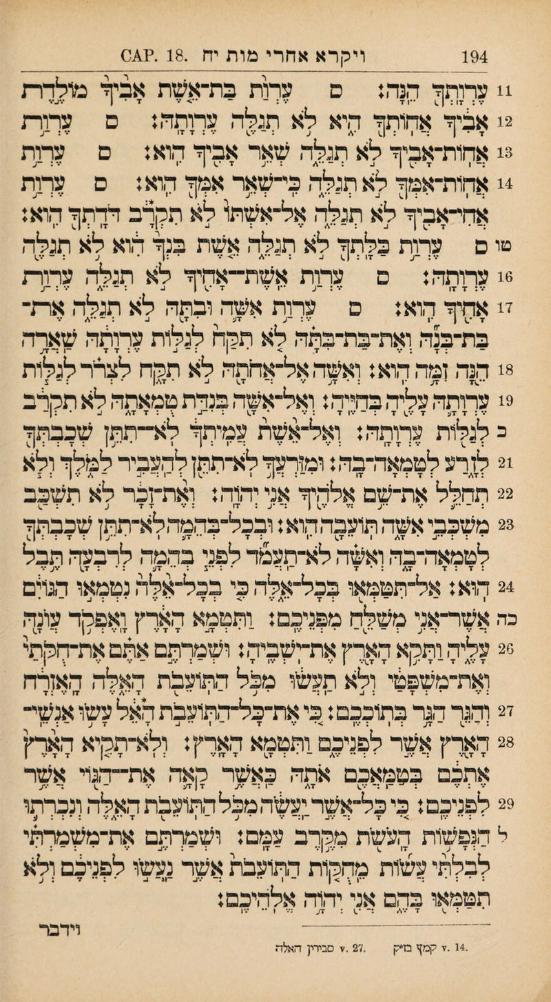 !! צרותריי הנה.• ם ערות בת־אשת אבירי מולדרת /• : זו: 1 ״ו x •• : ־ ־ *•> ׳• ז־ • 1 2! אביר־ אהותך־ היא לא תגלה ערותה: ם ערוות 3! אהות־אבירי לא תגלה שאר אביר־ הוא: ם ערות .— 1 ד •.1 1 ^ : ־ ־•\״ : ״ע ז■ 1 •> ••־ : 4! אחות־א^ןי לא תגלה כי־שאר אש^־ ה^: ם עתת אהי־אביך־ לא תגלה אל־אשתו לא תקרב דדתר־ הוא: :־ • ד ־.! | 1.. : ־ ״* *.* • : ^ • ;|ד דו : 1.1 •1 טי ם ערות כלתר־ לא תגלה אשת בנר־ לוא לא תגלה •••; -ע - דו : 1.1 ב : ־ ••> ••• • :1 • ע : ־ •.*.ו 6! ערותהג ס ערות אשת־־אחירי לא תגלה ערורת •••; ד זו ••• : -ע •יו ־•• ז■ *.י 1 ^ : ־ *.■ ; -ע ז! אתיר־ הוא.• ם ערות אשה ובתה לא תגלה ארת־ ד *.1 | •ן •.־ : -ע • דע • ד^ ^ ־ בת־בנה ואת־־בת־בתה לא תקח לגלות ערולה שארה : ד : ••• ־ * ז > • ־ ן : ־ ב ־••:זד -1 דע 8! הנה ומההוא: ואשהאל־־אחתה לא תקח לצרר לגלות 9! ערותהעליהבחייה: ואל־אשהבנדתטמאתהלאתקלב כ לגלות ערותה: ואל־אשת עמיתרי לא־־תתז שכבתר־ ; ־ .1 ע : ד דו : •% •• ••• :־ •ו : | 1 • -ע 1 : ז : : ן.1 !2 לזרע לטמאה־בה: ומזרעך־ לא־תתן להעביר למלך־ ולא 22 תחלל את־שם אלהיך אנייהוה: ואת־זכר לא תשכב 23 משכבי אשה תועבההוא: ובכל־בהמהלא־תתז שכבתך ־ : : ״ע • ד,/ 1 ** ד.! ־1 : ד : דע 1 • ••ע| : ד :: 1.1 לטמאה־בה ואשה לא־תעמד לפני בהמה לרבעה תבל ; ד ; ד ד* ; * ד ־1:־ * : *־צ : ׳• דע : • ; ד^ •%ע ••• 24 הוא: אל־־תטמאו בכל-אלהכי בכל־־אלה נטמאו רגלט ו ־ • ־ : ^ : ד ••%>••• •> : ז ״ '.־ • : : ע - • כה אשר־אני משלח מפניכם: ותטמא הארץ ואפקד עונה ד־ ־.־ ;־ •ע : - ••.ן ־ • : •• •••ן ־ • : ד^ זד••■ 1 ■וו*•■ : עו :־ ד^ 26 עליה ותקא הארץ את־ישביה: ושמרתם אתם את־חקתי ד •••%. ד ־ ד •ע| ז ד.!••• 1 •.• 1 : •••ו ד : - : •••ע - ••• ••• .־ { ־ ואת־משפטי ולא תעשו מכל התועבת האלה האזלח : ־•* • : ד - ; ^ ־1:־ • ע ־ 1 •• .1 ד ••\> ••• דו ••• :ד ז2 והגר הגל בתוככם: כי את־כל־התועבת האל עשו אנשי¬ : ־ *־.ו ־ דע : 1 : •••ן >• •.* ז ־ 1 ־־ ו_ ד דע-;••! 28 הארץ אשר לפניכם ותטמא הארץ: ולא־תקיא הארץ ד ד^••• | :־ •-•ב • : •• ־ • : ד^ ד דו־•• | : 1 ד •>| ד ד ••• ן אתכם בטמאכם אתה כאשר קאה את־־־־הנל אשר ־•• ; ••• : ^ ־1 :־ ־.-.ן ד./ ־1 :־ *••ע ז 1 דע ••• - .1 :־ *.*ע 29 לפניכם: כי כל-אשר יעשה מכל התועבת האלה ונכרתו * : •* *••ו >• ד :־ *••1- ־1:־ ־•• • ע ־ 1 ^ ז ״./••• : • : : ע ל הנפשות העשת מקרב עמם: ושמרתם את־משמרתי ־:דע דו .1 • •••ע ן••• ־ דו : - : ••־ע ••• • : - : • לבלתי עשיות מחקות התועבת אשר נעשו לפניכם ולא תטמאו בהם אני יהוה אלהיכם: -א־ ^ ד 1 ־• •••ו לידבר .14 .?י קמך בזיק .27 .ע סבירין האלה