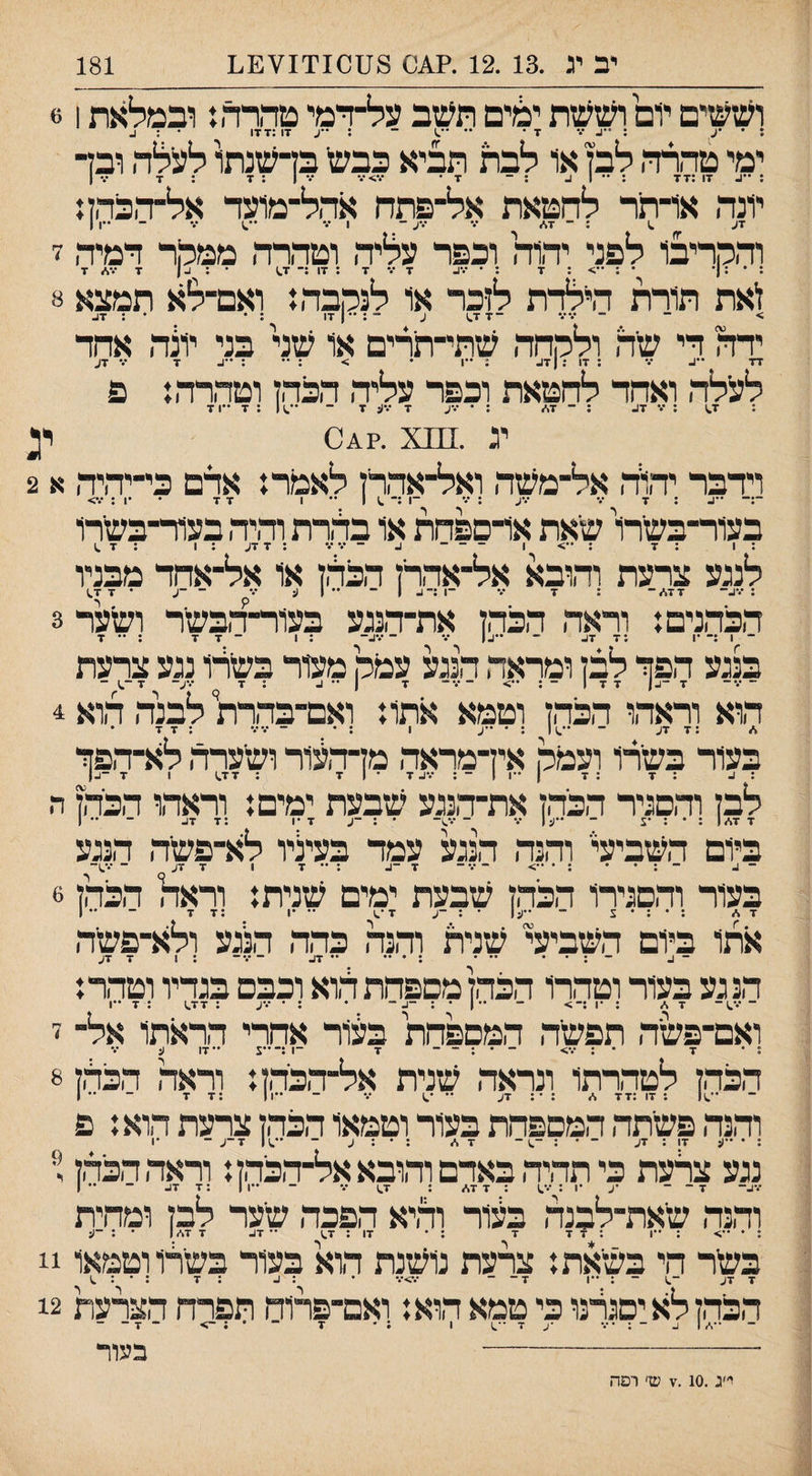 וששים יום וששת יכ;ים תעזב על־דמי טהרה : ובמלאת 1 . ״ •ן. ״ ״^) ־ ; ״ע 17 :דד1 * : ג ימי טהרד, לבן או לבת תביא בבש' בדשנתו לעילה ובז¬ : ״. 17 :7 7 : •• 1 . : - 7• •.•>•.• •.•7:1 ; 7 ••• ן יונה או־־תר לחטאת אל־פתח אהל־מועד אל־ד,כהזן 7. .1 : ־ %7. ••• ־ ו••• ־•^ ••• ־ ••1 ן והקריבו לפני יהוה וכפר עליה וטהרה ממהר דמיה 7 - - ן• : ••> : 7 : • •••. 7 ••• 7 : 17 :־ 7^ • : .ן 7 •.•\ו 7 זיאת תורת הילדת לזכר או לנקבה: ואם־לא תמצא 8 > ־ ־ ••••.* ־7 7^ ע ־ : •• 1 17 : • • : 7. ידה די שיה ולקחה שתי־תרים או שני בני יונה אחד 77 ••. ••• : 17 :|7. : ••1 • > : •• : 7 ••• 7ע לעלה ואחד לחטאת וכפר עליה הכהן וטהרה: פ : 7^ : ••• 7. : - 7./ : • ••-. 7 •••ע 7 ־ ••^1 : 7 ••71 יג .^^^0^?. x וידכר יד\ה אל־משה ואל־אהרין לאמר: אדם כי־יהיה א 2 ־:־ ••. : 7 ••• •••(״ : ••• ־1 :־ .1 1 •* 1 7 7 ••!:•.•> בעור־בשירו' שאת ארספחת או בהרת והיה בעור־בשרו : 1 : 7 ; ן - ^ -•.•••• :7 7. : 1 : 7 לננע צרעת והובא אל־־אהרין הכהן או אל־אחד מבניו : •••.־ 77.<״־ : 7 •.־ ־1 :־. 1 ־ •• 1 . •ד^ ־ ־. • 7 1.7 הכהנים: וראה הכהן את־הנגע בעור־הבשיר ושער 3 ־ 1 :־ •1 :7 7ג ־ ••גן ••• ־•••.־ : 1 ־7 7 : •• 7 בנגע הפך לבן ומראה הנגע עמק מעור בשירו נגע צרעת הוא וראהו הכהן וטמא אתו: ואם־בהרת לבנה הוא 4 .<״ :7 7. ־ ••^1 : • ״. 1 : • ־ •♦••.• : 7 7 • בעור בשירו ועמק אין־מףאה מן־העור ושיערה לא־הפך לבן והסגיר הכהן את־הנגע שבעת ימים: וראהו הכית ה 7 7.<״ ( : • : •צ ־ ־*. 1 ••• ־ •••.1־ • : ־. 7 •1 :7 7ג ־ •• 1 ביום השביש' והנה הנגע עמד בעיניו לא־פשיה הננע ־ ג ־ : • • : • ••> ־•••־ 7 -ג : •• 7 1 7 7. ־ •.•.1־ בעור והסגירו דבהן שבעת ימים שנית: וראה דבהן 6 7.<״ : • : • צ ־ .1 • : ־. 7•,) •• •1 ^:7 7 ־ *• 1 אתו ביום השביעי שנית והנה כהה הנגע ולא־פשיה ־ ג ־ ; • • •• • : • •• •• 7ג ־ •••־ : 1 7 7. הנגע בעור וטהרו הכהן מספחת הוא וכבס בגדיו וטהר: ־ •י-^־ 7.<״ :•!:־> - ••ן • : -ג־ • : • •%. : 77^; : 7 ו ואם־פשה תפשיה המספחת בעור אחרי הראתו אל־ ז . . •ן . _ . . _ _ 7 -ן :־•ע ••7ו . ••• דבהן לטהרתו ונראה שנית אל־הכיהן: וראה הכהן 8 והנה פשתה המספחת בעור וטמאו דבהן צרעת הוא: פ נגע צרעת כי תהיה באדם והובא אל-דבהן: וראה הכהן /•ג־ 7־ ־ •. •1: •י•^ : 7 7,<״ : 7^ ••• - ••11 :7 7ג ־ •• 1 והנה שיאת־לבנה בעור והיא הפכה שיער לבן ומחית : * ••> : ••| ;7 7 7 : * 17 : 7.; •• 7ג 7 7.׳> ן • : ־. בשר הי בשיאת: צרעת נושנת הוא בעור בשיחו וטמאו 11 7 7. ־ : ••1 7־ ־ •••>•.• • ; ג : 7 :•:..) הכהזלאיסגרנו כי טמא הוא: ואם־פרוה תפרח הצרעת 12 1 ;• 7 ־•;־> ־7־- בעור 9 ••</ 1 ג •ע 7 .) י״ג.7.10 ש׳ רפה