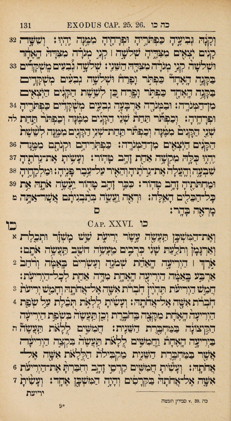 2x01)118 0^. 25.26. כה מ 131 וקנה גביעיה כפהריה ופרהיה ממנה יהיו.♦ וששה 32 : ד|ז : • ז - : •••ע ז : ד ד • •••עז־ •1:1 : • זג. קנים יצאים מצדיה שלשה 1 קני מנרה מצז¥ו הארור ושלשה קני מנרה מצדה השני נ שלשה גבעים משקדים 33 פ^ה ד^ד פפחר ופרח פןדקלים ה^ים מדהמנרה: ובמנרה ארבעה גבעים משקדים כפהריה 34 • 1 - : 17 ~ ׳1 * ~9 י* די :••זן־ - •.•.1 7 ופרחיה: וכפתר תחת שני הקנים ממנה וכפתר תחת לה : 7 •••1 7 • ~ • . ־ ־ : •• ־ 7 1 • • •.־ 7 ; - : _ן_ _ שני הקנים ממנה וכפתר תהת־שני הקנים ממנה לששת : ••> - 17־ • •.־ 7 : ־־ : ־1־ ; • ע - 7 ן .) • •••7/1 : •• ••• הקנים היצאים מדהמנרה: כפתריהם וקנתם ממנרה 36 יהיו כלה מקשה אחת זהב טהור: ועשית את־־נרתיה 37 * : 1• ׳־1 7 •ע ז 7 1.•.• 1•• שבעה והעלה את־נרתיהוהאיר על־עבר פניה: ומלקחיה 38 ומחתתיה זהב טהור: ככר זהב טהור יעשה ^תה את 39 ־ 1 •••.) 7 7 7ע 17 • ־); 7 7ע 7 ^ ־1 :־ •••ג. 7* ••ע כל־הכלים האלה: וראה ועשה בתבניתם אשר־אתה מ .ן - 7 ••1 ••• : ^•^ ־1:־־ •'./ : ־ ; • 7 ;־ •.• ־ 7ע מראה בהר: ם 17 7 : 7 0 ^;;;ן^?. xx¥^. כו ואתתמשק תעעזיה עשר יריעית שש משזר ותכלת א ••• <•• : 7:7 : ••• ־ • : 7ע 1 -ו:- •••.ל •.'ב ••• :• %. -ג וארגמן ותלעת שני כרבים מעשה חשב תעשה אתם: 17 ־ : 7 17 : ־4־ ז * : \ •ע ־1 ;־ ••ע ••.1 ־1 :־ •••ע ; 2 ארך 1 היריעה האחת שמנה ועשרים בא^ה ורחב ארבע באמה היריעה האחת מרה אחת לכל־היריעח: 1 • ; - 7 : 1.־ : ־^ 7-17 - : • 7^ 17 ••• 7* * 17- ־ ־ 3 חמש היריעית תהייז חברת אשה אל־אחתה וחמש יריעת • : <•• 7 : 47 ־ ••ג. - ;• •!:•.•11; • 7^ ••• :־: 4 חברית אשהאל־אחתה: ועשיית ללאת תכלת על שפת 1: • 7^1 ••• :־ 17 : 7 • 7 .•1 : ^ ;•••.• ־1- : ־> היריעה האחת מקצה בחברת וכן תעשה בשיפת חיריעח 7 •;- ^- : • •.•־:• 7 17 ••־ 7 • 7 |7..1 -ן 47••• : •■.>| ־1 :־־ הקיצתה במחברת השנית: חמשים ללאת תעשה ה ביריעה האחת וחמשים ללאת תעשיה בקצה היריעה 7 • ; ~ ; • 7ע 17 •<• 7 -ן:- • ■ב ;1 7 ־1 ;׳־ ••• • ; 1 ־•^ ־ אשר במהברת השנית מקבילת הללאת אשה איר¬ (.7 • ־ ■•־.) ־ ־ ■ ־ ״ ■'< ־ ג| • ־ .•^ ז: 6 אחתה: ועשית המשים קרסי זהב וחברת את־היריע1ת 7 אשד, אל־אחתה בקרבים והיה המשכן אחד: ועשית 7 • 7 : 17 •♦• 1^7 : • • 7> ••• ;־ 7 ־ :)7 • : 7 7ע ־ ידיצת--