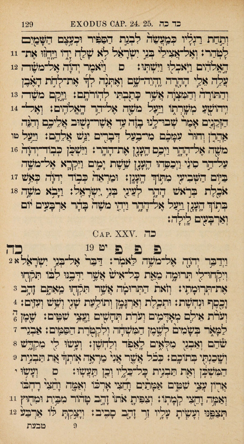 ותחת תליו כמעשיה לבנת ד.םםיר וכעצם העזמים : ־^ ־ ־ ; ד ; -1 :־ •• • : ־^ - - . ; עע•.• _ ^— לטהר. ואל־אצילי בני ישראל לא שלח ידו ויחזו את־ 11 X ן ־ . ... • : 7 •• ע ז■ ־.1 —.־1;•.• האללדם ראכלו וישתה ם ראמר יהוה אל־משדח 12 :ע * ־ 1 : ־ • : 1 - •.* : 7 ••• עלה אלי ההרה ודדה־שם ואתנה לחי את־לחת האבן :־ ״ע •• ־1; ד •ד.1ז■ •••ו : •• 7.י״ : : ד : 1 •% \ ב 7 /• •% 1 ודתודה והמצור, אשר כתבתי לד,ורתם: ויקם משד־, 13 ויד,ושע משרתו ויעל משד, אל־דר האלה,ים: וא^־ 14 •י ;־^י זו : %״ זו :••• יו הזמנים אמר שברלנו בזה עד אשד־נשוב אליכם וד,נד, ־:•• 1'> — ־ ־ ־ ־ ־. ז^ ז אד,רן וחור עמלם מי־בעל דברים ינש אלד,ם: רעל טו ־1 :־ > 1 ; • ז ••• י -ע- ; ז •.1 י-ע ;־ •־ •.יו — ע- משד, אל־דהר ויכם הענן את־ד,ד,ר: וישכן כבוד־יד,וה 16 •••.ן •.י זז,/ ־: ־ע ••*ו זז.)| ••־ ז זו ־• : > ן ; 1 ; ז על־ד,ר סלי ויכפת הענן ששת ימים ויררא אל־משד, ביום השביעי מתוך הענן: ומראד, כבוד יד,וד, כאש 17 אכלת בראש הדר לעיני בני,ישראל: ויבא משד, 18 ••'.ו ־•• : ע זז,/ ; ••.1 ; •יע ■ • : ז •יו ־זע •••ע בתוך הענן ויעל אל־דהר ויד,י משה בדר ארבעים לם : ע | /•1 זז.\| ־־ע־ /• ז ז\״ ־; •:<- •% זז ־ : ז •1- וארבעים לילד,: ; ־ ; ז י^ זו: ז כד, .¥0^?. xx פ £ פ יט 19 . כה וידבר יד,וד, אל־משד, לאמר: דבר אל־בני ישראל א 2 ־: ־ ייע ; ז.) י.* י.־ע •יו ־ •* : ••ע • ; ז •• ויההדלי תרומד, מאת כל־איול אשר ידבנו לבו תקחו : י ; י.) : ז\״ יי ז • ;־ •••ע • : •••ע • • :1 ^ את־תרומתי: לאת התרומד, אשר תקחו מאתם זד,ב 3 : 1 ז יו יו י ז^/ ז זע וכסף ונחשת: ותכלת וארנמן ותולעת שני ושש ועזים: 4 זי.י.1 *.י | :וי•• : יע י.י : ־ : ז זע | : -ע - ז י^ ; ייע : י יו וערת אילם מאדמים וערת תחשים ועצי שטים: ן ז ז •ע ז י.) ־1:־ ייע ה 6 למאר בשמים לשמן המשחר, ולמטרת הסמים: אבני־ ז שד,ם ואבני מלאים לאפד ולחשן: ועשו לי מהדש 8 ושכנתי בתוכם: ככל אשר אני מראד, אותך את תבנית 3 המשלן ואת תבנית כל־כליו וכן תעשו: ם ועשו י ־ ־ ; ז 1 : יי^ו ־ ; יע ז יי ז,/ : יי.11 -1 :־ 1 ;זע ארון עצי שטים אמתים וחצי ארכו ואמד, וחצי רחבו ן - •ן - . ז יי • זג 1 .־ ז יי י ז: ואמה וחצי קמתו: וצפית אתו זהב טד,ור מבית ומחוץ 11 תצפנו ועשית עליו זר זדב סביב: ויצקת לו ארבע 12 ; ־ י.־\. : ז ־5 ז ז זע *•ע ז ז^ ז יו ;ז־ע :|ז ־ : ־ 9 טבעת