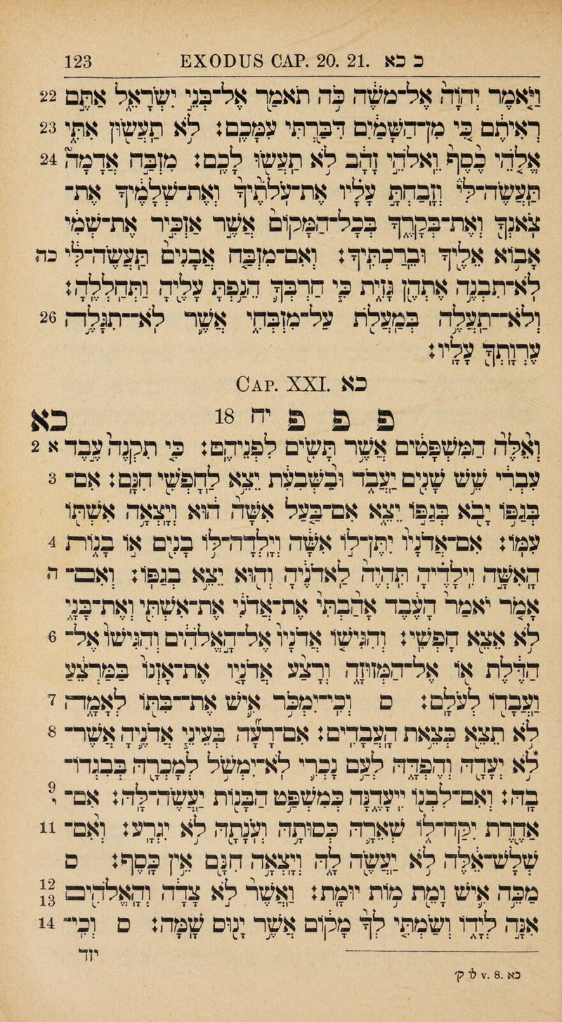 £X0^)כ כא .21 .20 .?0-4 8ס 123 ראמר יה1ה אל־מ^זה כה תאמר אל־בני יש־ראל אתם ־> /• נ ז *•* ע ••• : ״ג * : ד ־ ••ע ראיאם כי מדהשמים דברתי עמכם 1 לא תעשון אתי 23 אלהי כסף ואלהי זד,ב לא תעשו לכם: מזבח אדמה 24 :•.* > •• ••• 1 •־1 •־ג 7 7 ע ־1 ;־ ^ 7 •••ן • : -ג. :־7 7 תעשה־לי וזבחת עליו את־עילתיד ואת־שלמיד את¬ ¬ו :־ • :17 ־ : 7:. 7 7 1 ־•• 1 : ־•• ; 7 *.־ ן •.־ צאנד ואת־בקרד בכל-המקום אשר אזכיר את־שמי 1 : •יי : : ז■ ־ ז־ 1 :־ ־ : •ג. •.־ : • אבוא אליד וברכתידז ואם־מזבח אבנים תעשה־לי כה זע ** 1 ••'־ : •1 1 ; ־ • : -> ;־ 7 • ־1 ;־ ־.־ לא־תבנה אתהן גזית כי חרבד הנפת עליה ותחללה ז 1 * : *.-ע : ־.•.!! 7•./ •צ ־ : : |ע •• -ע : 7 7 •.־.) 7 ־ ; ־1 : •••1 7 ולא־־תעלה במעלת על־מזבחי אשר לא״תגלדה 26 : ־1 ;־ •••ע ־ ־ . ־ ־ ערותד עליו: 17 7 1 ; 17 : ••• 0^?. xx^. כא ־1 :־ ^ ־* •••ע 7 *••ע ^ ^ ^ יח 18 כא ואלה המשפכים אשר תשים לפניהם: כי תהנה עבד א 2 : •* •יי ־ • ; 7 • ;־ ־.-ע 7 •.1 • : •• •••ו •> • : % עברי שש שנים יעבד ובנשבעת יצא לחפשי חנם: אם־ 3 • ; • ••ע 7 ־1:־ * ־ : • • •• ••ע ־1 7 : • 17 • בגפו יבא בגפו יצא אם־בעל אשה הוא ויצאה אשתו ; ־ ע 7 : ־ ג. ••••./ ־ ־> ־ • 7 ;17 : 7ע • עמו: אם־אדניו יתדלו אשת וילדה־לו בנים או בנורת 4 * 1 * :־ 7 ••.־11. • 7 :17 : 7 ע 7 1_ 7 * האשה וילדיה תהיה לאדליה והוא יצא בגפו: ואבד ה 17 • 17- •1 7 ••• 7 •1 : ••• ־1 •יי 7 : .1 •• ••ע ; ־ 1 : • אמר ייאמר העבד אהבתי את־אדני את־אשתי ואת־בני 7> ־ 7••• ־.• 7 ־ : • ••• :־ • ••• • : ־^ : ••• 7 7\1 לא אצא הפשי: והגישו אדניו אל־האלהים והגישו אל־ 6 ע •• ••^1 7 : •1 : • • > :־ 7 ••• 7ע:•.• • : • • הדלת או אל־המזוזה ורצע אדניו את־אזנו במרליע ־ ••• ••• .1 ••• ־ : 7\> ; 7 ־ :־ 7> ••• 7; ־ ־ : •• - ועבדו לעילם: ם וכי־ימכר איש את־־בתו לאמדת י ־1:־ 7 .1 : 17 : ■1 • ; ע •ע ־.- • .1 ; 7 7,/ לא תצא כצאת העבדים: אם־רעה בעיני אדניה אשר־ 8 ע •• •־.) : ••ע 17 :־ 7 •ן • 7 ז : •• •*צ ;־ •״•ן; 7 :־ ••• לא יעדה והפדה לעם נכרי לא־ימשיל למכרה בבגדו־ ע :7 7.) : ••• : 7<ע ; ־ע ד : ■1נ ו • : ע :7:7^) ; • : בה: ואם־לבנו ייעדנה כמשפט הבנות יעשיה־לה: אם־ 17 : • • : .) •1 7 ־.־,/7 : • : ־ע ־ 7 ־1:־ ••• 17 • אהרת יהה־לו שארה כסותה וענתה לא יגרע: ואם־ 11 - •••.)••• • - 1 ./ : •• 7ע : 7ע :1 7 7.) ע • :17 ; • שלש־>:לה לא יעשה לה ויצאה חנם אין כסף: ם מכה איש ומת מות יומת: ואשר לא צדה והאלהים 13 ז •־.) (.• •••: 17 : אנה לידו ושמתי לד מלום אשר ינום שמה: ם וכי 14 • דב :7\. : ־ : •> :1 7 ן :־ ־.•ע ז^ 17 7 : •1 - יזד כא .8 .ז לו ק׳