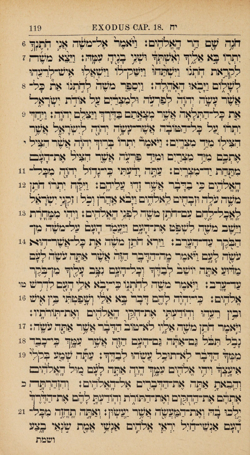 £X0^)^^8 0^?. 18. יח 119 הנה שם הר האלדיוים: ראמר אל־מעזה אני ד1תנןד 6 יתרו בא אליה ואשתל ושני בניה עמה: ויצא משה ז ־ דו. •• ־.•,/ | : | ; -ע ד ■•*1 ד • דו ־•••• ע לרךאת חתנו ויעלוהו וישק־לו וישאלו איש־לרעהו • :ן-ב ן: : - ־■ ־ 1 ע •1 ••^1 לשלום ויבאו האהלה: ויספר משה לחתצו את כל־ 8 : 7 -ז .י 7 ן :־.• ד ־: ־ •־> ••־ : : •־ ד א^ר עשה יהוה לפרעה ולמצרים על אורת ישראי4 ד ד> : ד : - : 1. : ־ : - • ־.; ^ • : ד את כל־התלאה אשר מצאתם בדרזי ויצלם יהוה: ויחד 9 -> ד ־:דד :־ .־ו. : ד דו. - - /• ן - : דו - •1.- ; יתרו על כל־הטובה אשר־עשה יהוה לישראל אשר • ; >־ ד ־ ד :- •* ד דע : ד.ו : • : ד ״* :־ •.־ע הצילו מיד מצרים: ויאמר יתרו' ברוד יהה אשר הציל י • ־ 1 • -ע • : ד1 * ־ '•* ־ : ד 1. ן ; ד :־ •.• • ■ע אתכם מיה מצרים ומיה פרע׳ה אשר הציל אתהעכם ; •••ע • ־ע • : ־^ • • ־ע ־ : ו/ :־•.*> * * דד מתחת יהמצרים: עתה ירעתי כי־גדול יהוה מכי4־ 11 • ־.1 ־ ־ • : דו • ־ דע ד־ : • ־1 דע : ד.1 ־ ד האלהים כי בדבר אשר זדו עליהם: וירה יתרו חתן 12 דו:••• •ע ־ ד ד :־ ••■ע ז.ו :־ ״ ••־י ־■־1 • : -ע ן משה עלה וזבחים לאלהים ויבא אהרן וכל 1 זהני ישראל לאכל־לחם עם־חתז משה לפני האלהים: ויהי ממחלת •••ן :•.• ד •.•עד • ••ע | ד.) • : ״ע דו ־1 ־; ־ • דו:ד ד וישב משה לשפם את־העם ויעמד העם על־משה מד —•ע •.• •.•^ • : ע ••• דד*/ —1:־ > דד ־ •.• • ן הבהר עד־הערב: וירא התז משה את כל־אשר־הוא 11 ־ ^) ••• | ־ ד דו••• — ; '•ע! -־ ••ע ד :־ ד ע עשה לעם דאמר מההדבר הזה אשר אתה עשיה לעם /•.ן דד* ־ •.• דו ־ ד ד> ־ ־•־ :־ ־•• ־ ד> ד ד ד מדוע אתה יושב לבלר וכל־העם נצב עליד מדבקר ־ ־ ד> •־ : ־ ••־ ) : ד ד דע • דע ד •.-,) 1 • ! ע ••■ ן עד־ערב: ויאמר משה לחתנו כי־יבא אלי העם לדרש טו דו••• -ע ••• •••.) : 1 : * •1 דע •• -ע ד ד.) • : ע אלהים: כי־יהיה להם דבר בא אלי ושפטתי בין איש 16 ובין רעהו והודעתי את-ההי האלהים ואת־תורתיו: דאמר חתן משה אליו לא־טוב הדבר אשר אתה עשה: 17 -ע ••• ••ע( •.•^ •' ד* ־דד:־ •••ע - ד^ ••־ו נבל תבל גם־אתה גם־העם הזה אשר עמך כי־כבד 18 מקך הדבר לא־תוכל עשהו לבדך: עתה שמע בקלי 19 איעצל ויהי אלהים עמך היה אתה לעם מול האלהיבם • דע : | • •ע :־• *.1 ־ ז<*>| :••״ע ־ דע דד > ד1 ;••־ ־ והבאת אתה את־הדבדים אל־האלהים: והזהדתוהכ • **1 ״* • •7^ *♦ xו•• 1 אתהם את־הההים ואת־התורית והודעת להם את־הדרך ••• : ••• ••• ־1 .* •.11 : ••• ־ * : 1 ־ : דע ד ••• ••• ־ ••־ ־.־ ן ילכו בה ואת־המעשיה אשר יעשון: ואתה תחזה מכל־ 21 ••ע: ד : ••• ־ ־1 :־ ־.־^ :־ ••־ע ־1:־ 1 | : ־ דע •••ן :׳■ •••ע • ד העם אנשי־חיל יראי אלהים אנשי אמת שנאי בצע ושמת
