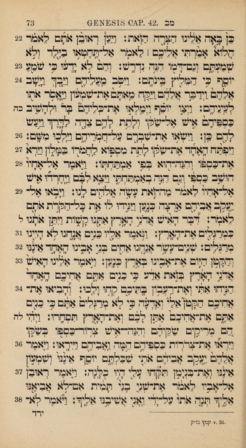 מב .42 .?^0 £818^![£<) 73 בז באה אלינו הצרה הן-את: רק ראובן אתם לאמר 22 הלוא אמרתי אליכם 1 לאמר אל־תחטאו בילד ולא :־ ד ־ ; • ;־ ״ '•ע •• ע ־ ••■ן ••• : ע - •.* : ^ שמעתם וגם־דמו הנה נדרש: והם לא ידש בי שמע 23 : ־ : •••* : ־ ד .1 • ••ע • ; דו : 1. דו: •ע .) ־ יוםף כי המליץ בינתם: ויסב מעליהם ויבד וישב 24 ־•14 - ״ •^1 1 ״ו 17 - • ע -1 :־ •• ד.) ־••*: ן: ־ד>ד אלהם וידבר אללם ויהח מאתם את־שמעוז ויאפר אתו :־ ־• *.־ - : - ••4 :־ •• -> 1 -ו • 7 ־.־ • ; 1 —1%:־.־ ע .) לעיניהם: ויצו יוסף וימלאו את־כליהם בר ולהשיב כה ; ••1 ־• •••1 ־; -4 ••ן ־: ־1 : 4 ־.• : ־• 7 : 7 •> כבפיהם איש אל־שקו ולתת להם צדה לדרך רעש להם בז: וישאו את־שברם על־חמריהם רלכו משם: 26 ד ־•*.) יין 1 ־• : ע •.־ • : ד.) ־ :־ 1 •• ־.־* —•1 ; ^ • דו ויפתח האחד את־שהו לתת מספוא לחמרו במלון וירא 27 את־כספו והנה־הוא בפי אמתחתו: ויאמר אל־אחל 28 ־ : : ־ •־ ^ ; ־4 ־ ; - : 1 -> 7 ■•• ••• 7 הושב כספי וגם הנה באמתחתי ויצא לבם ויחרדו איש ־4 ־ : • ; ־.) ־ •־4 : ־ •־4 • 7 —.־ו ־.־ : •> אל־אהל לאגור מה־ןאת עשה אלהים לנו: ויבאו אל־ 29 ••• 7 ♦ •• ־ 4 ד 47 ;••• 17 -7 ע יעקב אביהם ארצה כנען ויגידו לו את כל־המרת אתם לאמר: דבר האיש אדני הארץ אתנו קשות ויתן אתנו ל י . ־ ־• ד־ :־ 4 ד ד4•.• 1 • 1.7 7| 4 4| ד כמרגלים את־הארץ: ונאמר אליו כנים אנחנו לא היינו 31 מרגלים: שנים־עשר אנהנו אחים בני אבינו האחד איננו 32 : ־ : •1 : 1 ד ד4 :־־4: - •.) : •־4 7 •<*> 17 ••• 47 •• •.־ והקטן היום את־אבינו בארץ כנען: ויאמר אלינו האיש 33 : - ד 1 4 1 ־ 4 ••• ד *.1 : '••4•.־ 1 ; 17- 1 - 4 ••• •• •• ד • אדני הארץ בזאת אלע כי כנים אתם אחיכם האחד :־ ••4 7 ד ••• 1 : 4 ־ ־4 ״ •.1 - •.־,4 :־ • 17 ־.־ 7 הניחו אתי ואת־רעבון בתיכם קחו ולכו: והביאו את־ 34 ־ •ב * * : ••• ־1 :־ 14 דו•* ••־.) :( 4 7 ••1 ; 7 • אחיכם הקטואלי ואדעה כי לא מרגלים אתם כי כנים • *.־4 ־ דן 1 •• - : 1 : ד ־4 > ; ־ : • ־־ ••• *4 •• ־.) אתם את־אחיכם אתן לכם ואת־האדץ תסחרו: ויהי לה - 7,<״ 7 :־ • •.־ ••4| ד ־.• : ־.• ד ד.!••• 1 • : דו • הם טדירןם שקיהם והנה־־איש צרור־כםפו בשקו ויראו את־צדרות כספיהם המה ואביהם וייראו: ויאמר 36 ־ * : ••• : :1 ־ : •־ *•*4 •*4 7 -ן • 1.7 ־ • דו - > אלהם יעקב אביהם אתי שכלתם יוסף איננו ושמעון •־ 7 ־1:־4| ־ י ׳• . •.1 • - : 47 ••>( •• 7 :•:14 איננו ואת־בנימן תקחו עלי היו כלנה: ראמר ראובן 37 •• 7 ; 7 • : ד ־4 | • דן 7 ־.) ד 4 .• 7! ד -> 7 : •־ 1 אל־אביו לאבוד את־שני בד תלוית אם־לא אביאנו ד •4 •• 7 : ••> ד־־ ד־ * 4 • 1.7 אליר תנה אתו על־יהי ואני אשיבנו אליר: ראמר לא- 38 •• 417 1 : ד> ־־ ד• ■־):־ •.1 :־־ * *•'4 •• 17 ( - 7 1 -- ירד