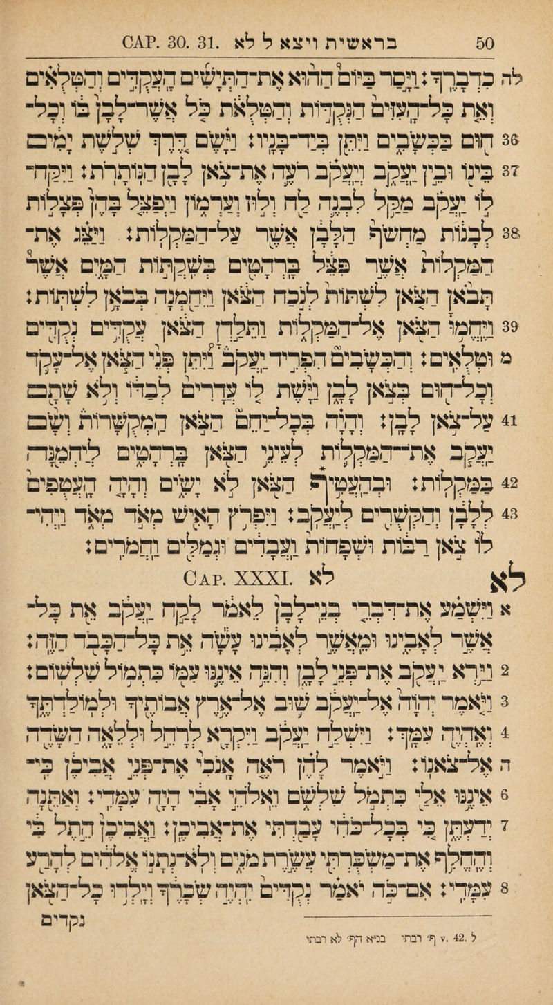 לה כהברהיז ויסר בי1ם ההוא את־התישים העמדים והטלאים • : ד •••ו | ־ז■^- - - - : ■ד • ז-ו :־.•ן-ב : ־ : • ואת כל־העןים הנהרות והטלאת כל אשר־לבן 1:3 וכל¬ 36 חום בכשבים ויתז ביר־בניו: רשם הרזי שלשת ימים .1 - : X •%״ ־• ••,11 : ־ 1X7 ־7 ^ ; 1 •.••••< x ־ 37 בינו ובין יעקב ויעקב רעה אתתיאז לבז הנותרת ן ויהח־ •• ^ ••ב 1 -1.— ,/4 :־־ו:־־ ן •••ן; ••• ע 1 ד 7,<| - 1 7 1 ־••־1 לו יעקב מקל לבנה לה ולוז וערמון ויפצל בהן פצלות ב ־1:- 1 ־־ע| • : •••ע -,1 : ב : ^ 1 ־: - ••> 7 ••• 1 : 7 ב 38 לבלות מחשף הללן אשר על־המקלות: ויצג את־ : X _ . ן _ .ן .ן 1 - - - : 1 1 - המקלות אשר פצל ברהטים בשקתות המים אשיר 1.• 7 :17 -1 -: 1• תבאן הצאן לשתות לנכה הצאן ויחמנה בבאן לשתות: 39 ויחמו הצאן אל־המקלות ותלדן הצאן עקדים נקדים ־ לאיסו' פש^בגםד41יד־יע*'׳.תן פליה4ן־!^הד : • •ו : ־ : 7 • • : •ב ־1:־ 1 ־• •• 1 : •• ־ צ 1•.• x (:} וכל־חום בצאן לבן וישת לו עדרים לבהו ולא שתם : 1 /.x x 1 : 1, x ־7 •♦• > :-7• : ־ : ע x x,< 41 על־צאן לבן: והיה בכל־יחם הצאן המקשרות ושים << ^ ן וןי ^.ן ן ^ • • 1 זי • •ך :עקב אתי־־המקלות לעיני הצאן ברהטים ליחמנדה 42 במקלות: ובהעטיף! הצאן לא ישיים והיה העטפים 4.3 ללבן והקשרים ליעקב: ויפריץ האיש מאד מאד ויהי¬ לו צאן רצות ושפחות ועברים וגמלים והמרים: זלא לא .^0^?. XXX א וישמע את-דברי בני-לבן לאמר לקח יעלב את כל¬ ¬• : - •.־ • : ••> : ••1 7 17 •• ■1-ב| -1:- ( x אשר לאבינו ומאשר לאבינו עשה את כל-הכבד הזה: :־ ^••^ : 7 •* ••1 :־ •••ב : 7 • 7 7 ••ע 7 - 7 ,) - •••1 2 ררא יעקב את-פני לבן והנה איננו עמו כתמול שלשום: 3 ראמר יהוה אל-יעלב שוב אל-ארין אבותיה ולמולרתןד 4 ואהיה עמה: וישלח יעקב ויקרא לרחל וללאה השדה ה אל־צאנו: ראמר להן ראה אנכי את-פני אביבן כי¬ 6 איננו אלי כתמל שלשים ואלהי אבי היה עמדי: ואתנה •• •< •• -,) • : ^ _ • : ./ -1 ־•^ 7 : 1• X • |,X X • X 7 ידעתן כי בכל-כהי עבדתי את-אביכן: ואביכן התל בי . ״^1 . .ן . . ״ . .,.,ן . ״ן ••,_ והחלף את-משיכרתי עשירת מנים ולא-נתנו אלהים להרע : •.•1 :••־ ••* ־ : ;• : •,1 :- ״ב••״ •.2 : 1 : x : • -1 X 8 עמדי: אם-כה ייאמר נקדים יהיה שיכלה וילדו כל-הצאן • 7 •1 • ^ ־ :.רן• •1 : 2•^ : 17: 1 •••X : ע X - ^ ! - נקדים ל.42 .ז ף■ רבתי בניא ד.ף■ לא רבתי