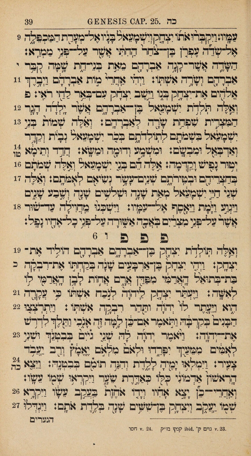 כה .25 .?^0 £818ז;!€1£1 39 עמיוזויהבתאתו יצחהוישמעא^בדואל־מערת המכפלה 9 ־ 17 ־• :| ; • : ד> |:• : ד •• 7 ד ••• : ■ר־.) ־ ד* אל־שדה עפרן בד־צחר החרי אשר על־־־פד ממראן : •• ••• : > 1 •% 1 - -ן • • _ . ו השרה אשר־קנה אברהם מאת בני־חת שטה רבד י ־ 7 •••ע ;־ •.* 7 |7ע ־ : 7 1.7 ־• ־•^ ^ : •• -4 7ע 7 .* ן -ע אברהם ושרה אשתוז ויהי אחד מות אבררם ויברזי 11 אלהים את־יצחק בנו וישב יצדזק עם־באר לחי ראת פ 7ג ואלה תלדת ישמעאל בז ־־אברהם אשר ילדה הגר 12 : ״ע ־• 11^ • : 7 •־.) *.־ 1 ־:77* 17 : 7 7 57 המצרית שפחת שרה לאברהם ן ואלה שמות בני 13 : -ע 7 7^ 17 7 ישמעאל בשמתם לתולדתם בכר ישמעאל נביית והדר . _ ״ . . - - . - _ - ־ ־ : ••ן7ע •• 7 ואדבאל ומבשם ז ומשמע ודומה ומשא ז חדד ותימא טו -1—: יטור נפיש והדמהז אלה הם בני ישמעאל ואלה שמתם 16 : ע 7 7 •״1 ן; 7 ••ג ••• •• : ••> • : 7 •• : ••• : 7 בחצריהם ובטירתם שנים־עשר נשיאם לאמתם: ואלה ז1 •1 7* : ••1 7 7ע שני חיי ישמעאל מאת שנה ושלשים שנה ושבע שנים : ״ ־ ••ג • : 7 •• ; -ע 7 7ע : •ע 7 7^ : •.־^ ־ 7•* וינוע למת ויאםף אל־־עמית וישכנו מחוילה עדשור 18 אשר על־פני מצרים באכה אשורה על־פני כל־אחיו נפל: :־ ־ : 1. * ; ־ * 1 :־ 7^ - * 7 ־ ; ע 7 7^ 7 17 פ פ פ ו 6 ואלה תוללת יצחק בן־־אברהם אברהם הוליד את־ 19 ; ••ע 1 : ע • : 1.7 1 1 -:77* ־ : 7 7^ •ע יצחק: ויהי יצחק בדארבעים שלה בקחתו את־רבקה כ • : 17 1 ־: •> * : 7 1 7 1 - : 7 •ב 7 7 : ־ ( : ג. •.־ • : 7| בת־בתואל האר^י מפדן ארם אחות לבז הארמי לו : ״ 17: • ־־.11 :־7* 7 7;.! 17 :־־ ׳^ ע לאשה: ויעתר יצחק ליהוה לנכה אשהו כי עקרה 21 ־1 7 •ע :־ 7 7.) הוא ויעתר לוי יהול ותדר רבקה אשתו: ויתרצצו 22 ** ־•• 7> ••• : 7 ־^ ־ • : 7ע 1 • : 1 ־ • : 1 : > הבנים בקרכה ותאמר אם־כן למה זה אנכי ותלדי לדרש ־ 7 • : •ן: 7 ־ ^ 7 • •• 1 7ע7 7 * •••ן • : ע את־־יהוה: לאמר יהוה לה שני לים בבטנך• ושני 23 לא^ים ממעיך יפדרו ולאם מלאם יאמץ ורב יעבד : • ־ * ־^• ן * 7••* : • : ב 17;.• 7 1 :־.) ־1:- ע צעיר: וימלאו ימיה ללדת והנה תומם בבטנה: ויצא כד, הראשון אדמוני כלו כאדרת שער ויקראו שמו עשו: 17* 1 ־ : • .־ .1 : - •.״7.1 •• 7* ־• :ן: ע : .1 ״ 17 ואחרי־־ כן יצא אחיו וידו אחזת בעקב עשו ויקרא 26 : ־1 :־ ** *־1 7 17. 7 * :7> 7 7 -1 :־••!.( •• 7 ־• :|7ע שמו יעקב ויצחק בקששים שנה בלדת :לתם: ויגדלו 27 : ^ -ן:- *) : * : זו: 1 7 1 ־ •ע 7 7^ ; 7ע*.י 17 : : -^- הנצרים