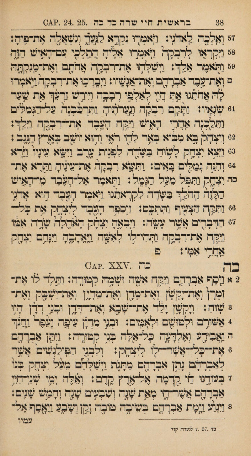 57 ואלכה לאלנה ראמת נקרא לנער ונשאלה את־פיה? : ••ו ; ־1 *1 ־1 : .1 ־ : זז- —ו:-7</ : • : ;־ ••• •1 ■ד 58 ויקראו לרכלןה _ראמרו אליה התלכי עם־ד,איש הזה ד :־ ••1 ; ־.) ד •1- 59 ותאמר אלזי: וישלחו את־־רבקה אהתם ואת־מנקתה ־.* ** ״ו | ־: ־ ; ע ••• ־ : ■דע| :־ ••1 • :|ד</ ם ואת־־עבד אברהם ואת־אנשיח ויברכו את־רבקה ראמרו : *•־ ־•״ע ־•־ ־ : ד ד^ : •% :־ ד ד1 ־; דו : > ־•• • : ד ן : לה אחתנו את רר לאלפי רבבה ויירש זרננך את שער ד :־ •• -ע: :־ *1 : ־ : '•1. : דד./ : • -ג •• 1 •־.ו -ע - !6 שנאיו: ותקם רבקה ונערתיה ותרכבנה על־הגמלים 1 ; ד1 ותלכנה אחרי האיש ויקה העבד את-רבקה ו.ילך: ־,; : ד ־1:־ ••ג. ד •./ 62 ויצחק בא מבוא באר לחי ראי והוא יושב בארץ הנגב: :* : ד ן ד1- * : ־•(- --1 *./ ; ע ־ .) : •••ע••• 1 - •••1•.־ 63 ויצא יצחק לשוח בשדר, לפנות ערב וישא עיניו לרא • : דו; '| דע ־ ־ ד •.'.1 * : 1. ד,/*.־ ־־ ד> •־ ד —: 64 והנה גמלים באים: ותשא רבקה את־עעיה ותרא את¬ פה יצחק ותפל מעל הגמל: ותאמר אל־דעבד מי־האיש * : ד./ / ־ • ^ י' ־ע ־ ד ד1 - ע ••• ••• ד ••• •ן ד •> הלזה הדלזי בשדה לקראתנו ראמר העבד הוא אדני ־ ז ־• •*>| ־ זי ■ :|ז■ •• ־ע־•• ד •.־.) ע :־ ־,/ 66 ותקח הצעיף ותתכם: ויספר העבד ליצחק את כל¬¬¬ 67 הדברים אשר עשה: ויבאה יצלק האהלה שרה אשו ־ ; ד *.> ;־ ••*ע ד דו - ; • ••־ע ד * ; ד | ד :••• ד ד דע * ויקה את-רבקה ותהי-לו לאשה ויאהבה וינחם יצחק ־*־צ | ••־ * : דע | ־ : • ע : * ד^ —.־ו ד ••־./ ד ־' ד ״ע • : ד.1 ן פ כה .¥0/.?. xx 2 א דסף אברהם ויקה אשה ושמה קטורה: ותלד לו את- ־5 1 ־ : ד דע ־־־ען • ד-1 ; דע : ן דו ־••ע ••־ ••• זמרן ואת-יקשן ואת-מדז ואת-מדין ואת-ישבק ואת¬ • : ד 1 :/• ד : | ד 1 : ־.* : ד.1 1 ; •.* • : ד,/ 1 ; /• • : ד^ ן ; •.־ 3 שוח: ויקשן ילד את״שבא ואת-דדן ובני דדן היו 4 אשורם ולטושם ולאמים: ובני מדין עיפה ועפר וחנ^ך ה ואבדע ואלדעה כל-אלה בני קטורה: ויתן אברהם 6 את~כל~אש1—לו ליצחק: ולבני הפילגשים אשר ד :־ ־•• ^ : • : דו 1 ;־:••> ־ •1 - : • •••ע לאברהם נתן אברהם מתנת וישלחם מעל יצחק בל :־:דד .־י ־עי ־:דד.) -ד./ •:ד>| : ז בעודנו הי קדמה אל-ארץ קדם: ואלה ימי שני-חיי אברהם אשר-חי מאת שנה ושבעים שנה וחמש שנים: אחרי אמו: ־1 :־ ••ע • 1 ז■ ז■^ •ד -ע 8 ויגוע וימת אברהם בשיבה טובה זקן ושבע ויאסף אל¬ •:־ ־זע ד ־ : ד דע : ״ דע ד-1 ד--ע|| : ד ••./־ ־••ד^ ••• 1 -- צגןיו נד .57 .? לנערה קוז