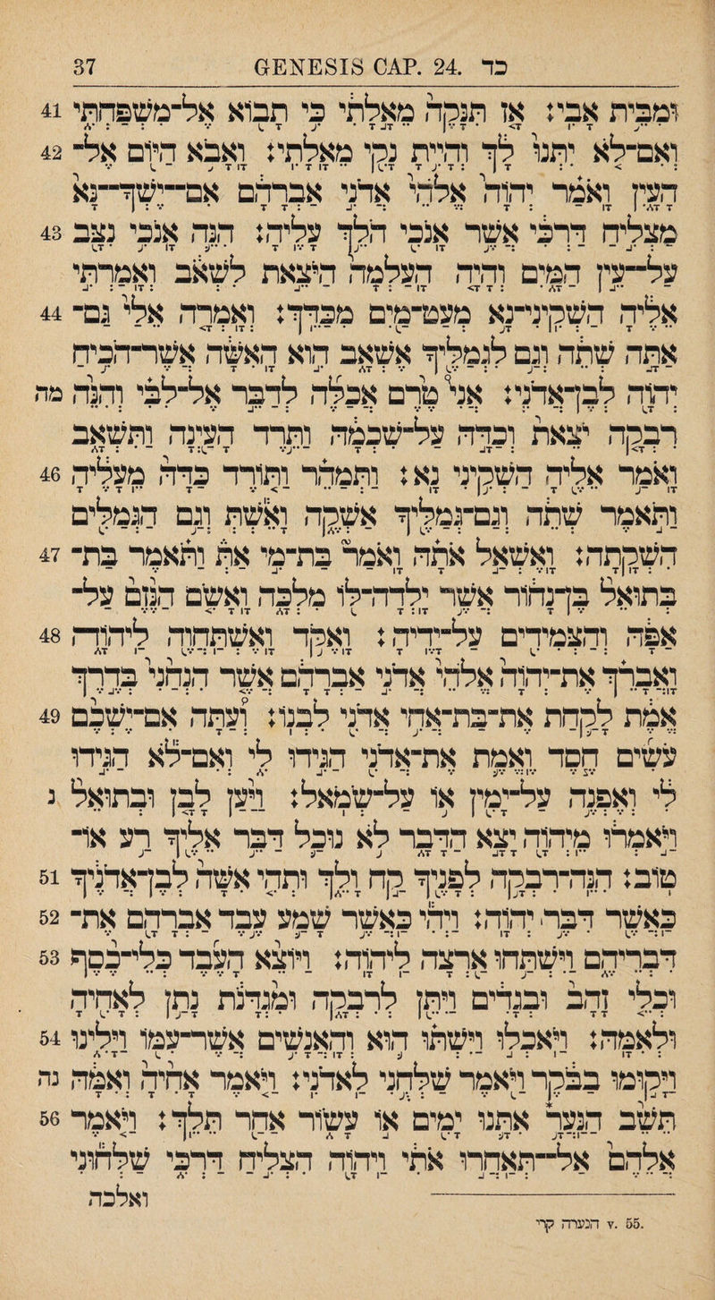 כד .24 .?^0 37 ומבית אבי: אז תנהה מאלתי כי תב1א אל־משפחתי 41 • 7 •1 7> • 7 •■•ן •' 7^7• •ע 7^ ־.• •:־:•* ואם־לא יתנו לך והיית נרן מאלתיו ואבא היום אל־ 42 ; * > * : 7 | : 7 •ע 7 7־.) 1 •• 17 7 •1 7ז 7 ^ ־ ^ ••• העיז ואמר יהוה אלהי ארני אברהם אם־־ישך־־נא 7 7\.' 1 17 - : 7 :־.••• :־ •ע ־ : 7 7 • : 1 7 מצליה דרבי אשר אנכי הלך עליה: הנה אנכי נצב 43 ־י : '1. ־ ־ : ־ ;־ ־־ע 17 •־ע1 7 ••־1 7 • ־•!: 17 •ע • 7^1 על-עיז המים והיה העלמה היצאת לש^ב ואמרתי **1. | ~ 17/ • :7 7> 17 - : 7 - ••ן. • : ; 17 ־ אליה השמיני־נא מעט־מים מכדך: ואמרה אלי גם־ 44 •• ••• 7 - ; •11 • 7ע ; - ־^)• ׳ -••1 1 ; 17 : 7> ־ אתה שהה וגם לגמליך אשאב הוא האשה אשר־דביה ־ 17. : •• ;־(״ ־ : ־ ־••^1 1 ••• : 7\״ •כ 17 • 7 :־ ••• •ז, ־ יד.וה לבךאדני: אנ^ טרם אכלה לדבר אל־לבי והנה מה : : ־.״ 1 ;־ ״: ;־־ • ••״ ••• :־־ ־ ••• : • • : • רבקה יצאת וכדה על־שכמה ותרד העינה ותשאב • : 7>| •• ; ־17. ־ • : 7 -••ע•.־ 7 ־^:7 ־ * : 7\> ואמר אליה השקיני נא: ותמהר ותורד כדה מעליה 46 -ך, .. .ן _ . .^1 . •ן, - - > ־.• ־7 ••1 7 7 ותאמר שתה וגם־גמליך אשקה ואשת וגם הגמלים * • ••^1 • •%|| * • * 9 ^ ^ השקתה: ואשאל אתה ואמר בת־מי את ותאמר בת־ 47 • ; 17|7 17••• : ־1. 7 17־ ־ •ג ־ ; ־ בתואל בךנהור אשר ילרה־לו מלכה ואשם הנזם על¬ : *־ ־•־ | 7 :־ ־••/״ 17 : 7 ^ ־ : 7* 17 7 •> - *.־•.• אפה והצמידים על־ידיה: ואקד ואשתהוה ליהודה 48 ־ 7 : ־ : ־ ־^ ־ 7־.•! 7 17 ••• ע 1 17 ••• : ־1 :־ •••.1 ־1 7* ואברך את־יהוה אלהי אדני אברהם אשר הנחני בהדך דוג־ ז■ ׳• 1־•■ : 7 !••• •• :־ •!.-:7 7 :־ *.•> • : - • : ־.•1. ••• ן אמת לקחת את־בת־אחי אדני לבנו: ועתה אם־ישכם 49 :••• ••• ד ־ל 1 ־ ••• ־ :־ •ע ;־ ׳^ • : 1 : ־ 7 . עשים חםד ואמת את־אדני הגידו לי ואם־לא הגידו ׳••! ••• •••1:••• •ין; ••• :־ •.1 ־ •1_ •* : • ־ •1. לי ואפנה על־ימיז או על־שמאל: ויעז לבז ובתואל נ : : •••ע - 7 1 ע ־ : 1 -1 7 7> ן : •• ויאמלו מיהוה יצא הדבר לא נוכל דבר אליך רע אר ־ 1. : ••1 ; 1.7 7 17. ־ 7 7\״ ע ־1; ־ ע •• *.•.1 1 ־ע טוב: הנה־רבקה לפניך קח ולך ותהי אשה לבקאדליך 51 כאשר דבד יהוה: ויהי כאשר שמע עבד אברהם את־ 52 ־1 :־ •••.1 • •.•ע : 17 ־: ■ ־!ג־ 7 ־1; •.־ע••• ־ : 7 1.7 ••• דבריהם וישתחו ארצה ליהוה: ויוצא העבד כלי־כסף 53 ־ : •• •.•%. ־• : -ע ־^ : 7 .ן, - ״ 7 ••■ ••• : •• •♦• ••• ן וכלי זהב ובגדים ויתז לרבקה ומגדלת נתז לאחיה : -> 7 7 : 7 • — ••.1 1 : • : 7,׳.! • : 7 7 -ע 1 : 7 •.) ד ולאמה: ראכלו וישתו הוא והאנשים אשר־עמו וילינו 54 : • 17 ־1 : 1. ־• : : 17 :־ 7 •ע :־ ••• • .1 ־7•* ויקומו בבקר ראמר שלחני לאדני: ראמר אחיה ואבה נה תשב הנער אתנו ימים או עשור אחר תלך: ראמר 56 •־ •• -־1:־7^ . ■ן ^ .. ..,ן ... אלהם אל־־תאחרו אלי ויהוה הצליח דרכי שלחוני . .... — — ... • ואלכה ־1 :־ 1. -1 ד^