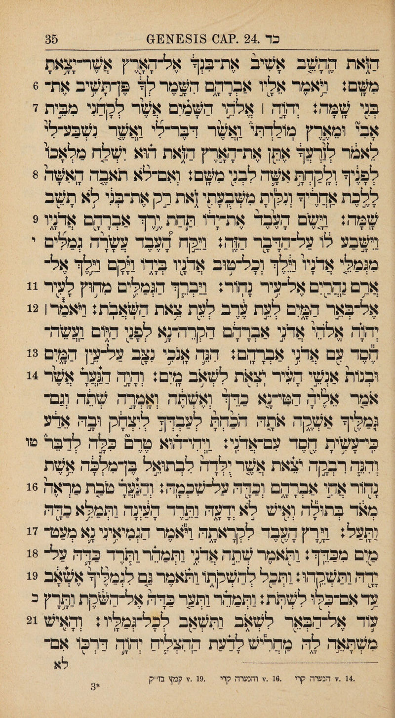 כד .24 .?^0 1:818^![0£ 35 ה!את ההשב אשיב את״בנל אל־־הארץ אשר-יצאת x ־ •••ו 7 ״> ד• ־.* • :1 ••• 7 7^)••• 1 :־ ־.־ 7 זע 6 משם: האמר אליו אברהם השמר פן־תשיב את־ בני שמה: יהוה 1 אלהי השמים אשר להחני מבית ז : •^1 7ז 7 : 7ע .״ ..ן_ _ ■ן _ אבי ומארץ מולרתי ואשר דבר־לי ואשר נשבע־לי 7 • •• •.•^7 1 1 ־ ; • -1;- ••• • • -ן:- •••> • : - • לאנור לורעל אתן את־הארץ הז*את הוא ישלח מלאכו' 7 ; - <- : • * ־: :־1 *.•••^11 ••• 7 7ע••• 1 ־ : 8 לפציך ולקחת אשה לבני משם: ואם־לא תאבה האשה 7 • 17 <7 • : 17 • 1.* : * : 7 7 1 : 17 ־ 1 : 7ע • 7(נ ללכת אחריף־ ונקית משבעתי!יאת רק את־בני לא תשב 1.•• 7 77ע 7 ־1;־ 7 1 :••1 7 • ; .־1 7 -ע ן 7 : • ע 9 שמה: וישם העבר את־יהו תחת ירה אברהם ארניו *7 17 7 ־7> 7 7 7 7 7 7 -ע - 7ע•.• ( ־ ; 7 7^ :־ וישבע לו על־הדבר הזה: ויקה'העבר עשרה גמלים י • - : 7 7 ־* 7ע - - ^-7 7^ -17 -—ע| 7 7 7 :־ מגמלי ארניו רלה וכל־טוב ארניו בירו רקם וילה אל¬ *•* 1 *•*^**~ 1 7 *1^ * 7 ^ 7 • 1 *** ^ * • * 11 ארם נרדים אל־עיר נחור: ויברה הגמלים מחוץ לציר 12 אל־באר המים לעת ערב לעת צאת השאבת: ראמרו ; ••ג ־ 7*ע • . ״!_ ״ ״ . ן _ - יהוה אלהי אלני אברלם הקרה-נא לפני היום ועשה¬ 7 :••• •• :־ •ע - : 7 7 - :!•• 7ע : 7-.1 ־./ ־1:־ •• : 13 ד1םר עם ארני אברהם: הנה אנכי נצב על-עין המים 14 ובנות אנשי העיר יצאת לש^ב מים: והיה הנער אשר 7 1:־ 7 ;־ : -;••!_ 7• 1 : .1 * : ע 17• : 7 7ע אמר אליה הטי־־נא כהה ואשקה ואמרה שתה וגם- ־> •• 7 7 - • 7> - ״ 1 :7:7 : 17 : 7ע : •• : - גמליה אשקה >נתה הכחת לעבדה ליצחק ובה ארע כי-עשית חטה עם-אדני: ויהי-הוא טרם כלה לדבר טו •1 7 •ע 7 1.7 7 • :־ •1 -ן: • 7 7 • 7ע : - •• והגה רבקה יצאת אשר ילדה לבתואל בדמלבה אשת 7 ע • : 7ען •• :־ 7> •• : 7 • : ••1. 7 1 • : 7 ••ע• • : 16 נחור אחי אברהם וכהה על-שכמה: והנער טבת מראה 7 : - <- 71:־-7 .1 ;־ •ע - : 7 7.ע ; - 1.7 - • : 17 : מ^ד בתולה ואיש לא ידעה ותרד דעינה ותמלא כהה 1.7 - ז : •.1 ע :7 7* - ••ע 7 7 - :7 - : - •*ע : : 17 -ותעל: וי רץ העבד לקראתה ראמר הגמיאיני נא מעט 18 מים מכהה: ותאמר שתה אדני ותמהר ותרד כהח על־ 19 ידה ותשקהו: ותכל להשקתו ותאמר גם לנמליה א^^ב 7:7 1 7 - : 1.77 --:••11 - : -.1 : - : 1 - 7 -> ־ עד אם־כלו לשתת: ותמהר ותער כהה אל-רשיקת ותרץ כ 21 עוד אל-הבאר לשאב ותשאב לכל־גמליו: והאיש ע 7 - : ••.1 • : * - • : -.1 : 7 : ־ 17 : 7 גי משתאה לה מחריש לדעת ההצליח יהוה הרכו אם- • 1, : - ----- 7* ־1 :- • 7 - - -1 * : •5 - : 7ע לא - -1•• 7 .14 .7 הנערה קרי .16 .7 ודגערה קרי .19 .7 קמץ מ״ק ^י3