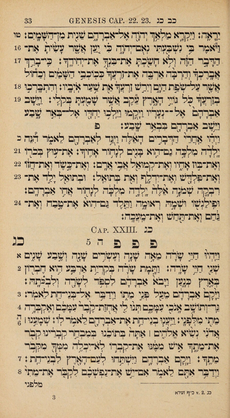 יראה: ויקרא מלאך יה1ה אל־אברהם שנית מדהעזמים: טד ••71 ••1 ־• : |7;; ־ : ־^1 ; 17 ־•־ ־ : 7 7\/ •' ׳^ • 1 ~ 7 X| • ויאמר בי נשבעתי נאם־יה1ה 3י יען אשר עשיית את־ 16 הדבר ה1:ה ולא חשיבת את־בנף־ את־יחידזד 1 כי־ברך 17 אברבך והרבה ארבה את־ןרען%בבובבי השמים ובחול אשר על־שיפת הים וירש זרעל את שער איבית והתברבו 18 בזרעף־ כל גויי הארץ עקב אשר שמעת בקלי: וישב 19 :־::־( ^ 7 7\.־•• ו ״ ••־1 :־ 7 : 7 : 1*1 ־7> 7 אברהם אל ־־נעריו ויקמו וילכו יחדו אל״באר שבע ־:7 7 ־.• : 77 ־־ד-ען 1; ע ־: 1.7 ••• : 1. 7* ־ וישב אברהם בבאר שבעז פ — •ע••• ־ : 7 1.7 • : ״ע 17 - ויהי אחרי הדברים ה^לה ויגד לאברהם לאמר ל,נה כ ־: • ־1;־•• ^ .. ... . _ , .ן .. ^ ... ילדה מלכה גם־הוא בנים לנחור אחידז את־עוץ בכרו 21 ואת־בון אחיו ואת־קמואל אבי ארם: ואת־כשיד ואת־ח1ו 22 •• ^ •• •1 ^ •ע. זו •* •• • ואת־פלדש ואת־ידלף ואת בתואלז ובתואל ילד את־ 23 : *.* • ; 17 : 7 • ; 7,■״( : ־•.1 : ••ן : ••.1 7 ־^. ••• רבקה שמנה אלה ילדה מלכה לנחור אחי אברהם ז ־ : 7./| : 7^ ־' ־.' 17 : 17. • ; 7 ; 7 .1 :־ •ע ־ : 7 17 ופילגשו ושמה ראומה ותלד גם־הוא את־טבח ואת־ 24 •1 ־ : 1 : 47 : 7,■> ־ 7 - • 7 47 - ; 7 לחם ואת־תחש ואת־מעכה: ^ •• • •• 9. 1 י■ • ♦ ^ • * ו • 17 כג .^^^0^?. xx ^ ^ ^ ה 5 כג ויהיו חיי שירה מאה שנה ועשירים שנה ושבע שנים א ־*1 : ־••4 7 7 •• 47 7 7ע : 7 : •ע 7 ז^) ; 47 ־ 7•* שני חיי שירה ז ותמת שירה בקרית ארבע הוא חברון 2 1 ״.1 ־ **4 7 17 ־47 7 7 7 •ן: ־4 ־ : ־4 •4 7 : 1 בארץ כנען ויבא אברהם לספד לשירה ולבכתה: : 47••• 1 : 7.׳>־ 1 ־7 ־:7 7 * : 4 : 7 ?•.1 : • : 17 ויקם אברהם מעל פני מתו וידבר אל־בני־חת לאמרז 3 גר־ותושב אנכי עמכם תנו לי אחות־קבר עמכם ואקברד, 4 מתי מלפני ז ויענו בני־חת את־אברהם לאמר לוז שמענו 1 ל׳ ־* ־.) • : 7 17 -1 :־ 5 : ׳־ •*4 7 -:7 7.)•־ 4 1 ; 7 •'4 אדני נשיא אלהים 1 אתה בתוכנו במבחר קברינו קבר ;־ • : • ;7•> ־ 7 : •• : • : ־4 : ן 7 •• : 1 .) את־מתחי איש ממנו את־קברו לא־יכלה ממחי מקבר מתך • דקם א־דהם ויש״ת לע^ד^־ח לבנ״ד1ת ־ י וידבר אתם לאמר אם־יש את־נפשכם לקבר את־מתי ־ 7.) •־ \״ • -4 7 - : : 7 ־ ; 1 > 7 •• ־ -- מלפני ־: ־ 4 כג.2 כ״ף זעירא 3