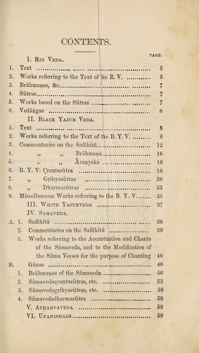 CONTENTS. 1. 2. 3. 4. 5. 6. 1. 2. 3. 4. 5. 6. 7. 8. 9. A. 1. 2. 3. B. PAGE. I. Rig Veda. Text ...i. 5 Works referring to the Text of he R. Y. 5 Brahmanas, &c. 7 Sutras. 7 Works based on the Sutras... 7 Vedangas . 8 II. Black Yajtte. Yeda. Text . 8 Works referring to the Text of tie B. Y. V. 8 Commentaries on the Samhitd. 12 „ „ Brahmana. 16 s\ „ Aranyaka . 16 B. Y. V. Crautasutra . 18 „ Grihyasu.tr as . 30 „ Dharmasutras . 33 Miscellaneous Works referring to the B. Y. Y. 35 III. White Yajurveda . 37 IV. Samaveda. Saihhita . 38 Commentaries on the Samhita . 39 Works referring to the Accentuation and Chants of the Samaveda, and to the Modification of the Sama Verses for the purpose of Chanting 40 Ganas . 40 Brahmanas of the Samaveda .. 50 Samaveda^antasutras, etc. 53 Samavedagrihyasutras, etc. 56 Samavedadharmasutra . 58 Y. Atharvaveda . 58 YI. Upanishads. 59 1. 2. 3. 4.