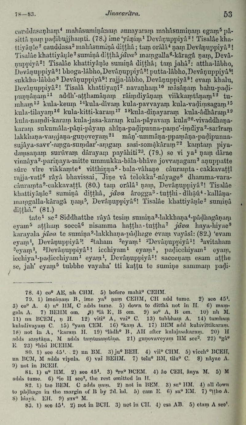 nirddfiSi’.nliam4 maktisuminamim annayaram makasuminam egam5 pa- sitta nampadibujjkamti. (78.) ime ‘yunim1 Devanuppiya2! Tisalae kha- ttiyanic2 cauduasa3 mahasumina uittlia; turn oral a4 nam Devanuppiya2! Tisalae khattiyanie2 sumina ditihayam5 mamgalla6-karag& nam, Deva- nuppiya2! Tisalae khattiyanie sumina dittlia; tam jalia7: attha-labho, Devanuppiya8! bhoga-labho,Devanuppiya3! putta-labho,Devanuppiya6! sukkha-lablio8 Devanuppiya8! rajja-labho, Devanuppiya8! evam khalu, Devanuppiya2! Tisala kkattiyani2 uavanham10 masanam bahu-padi- punnanam11 addh’-atthamanam rtumdiyanam viikkamtanam12 tu- mlnun13 kula-keum 14kula-divam kula-pavvayam kula-vadimsagam15 kula-tilayarn10 kula-kitti-karam17 16lmla -dinayaram kula-fidharam10 kula-namdi-karam kula-jasa-lcaram kula-payavam kula,20-vivaddkana- karam sukumala-pani-payam akma-padipunna-pamc’-imdiya2-sanram lakkliana-vaiajana-gunoveyaiu21 man’-ummana-ppamana-padipunna- sujuya-savv’-amga-sumdar’-amgam sasi-somakaram22 kamtam piya- damsanam suriivam darayam payabiti23. (79.) se vi ya1 nam darae vinnaya2-parinaya-mitte ummukka-bala-bhave jovvanagam3 anuppatte sure vire vikkamte4 vitthinna5 - bala-vahane caurainta - cakkavatti rajja-vati6 raya bkavissai, Jine va telokka7-nayages dhamma-vara- cauramta9-cakkavatti. (80.) tam orala1 nam, Devanuppiya2! Tisalae kkattiyame2 sumina dittlia, java arogga3 - tuttlii - diba,u4 -kallana- mamgalla-karaga nam5, Devanuppiya0! Tisalae khattiyanie2 sumina dittka.” (81.) tate1 se2 Siddkattke raya tesiin sumina3-lakkkana4-padkaganani eyam5 at.tkam socca0 nisamma kattka-tuttha7 juva liaya-kiyae8 karayala java, te sumina9-lakkhana-padlnige evam vayasi: (82.) ‘evam eyam1, Devanuppiya1! 2takam 2eyam1 -'Devanuppiya1! 3avitakam 3eyam1, devanuppiya1! iccliiyam1 eyam1, padieckiyam1 eyain, iecliiya1 -padiccliiyam1 eyam1, Devanuppiya1! saccenam esam attlie se, jak’ eyam5 tubbke vayaka’ tti kattu te sumine sammain padi- 78. 4) co° AE, nil CUM. 5) boforo ra:ih;i° CEIIM. 79. 1) imcanam B, ime ya4 nam CEIIM, Cll add tumo. 2) soo 45'. 3) co° A. 4) u° I1M, C adds tumo. 5) down to dittlia, not in II. G) maip- gala A. 7) BE1DL om. £) ia E, B om. 9) so0 A, B om. 10) nil M. 11) nil BCEM, n II. 12) viti0 A, viiiu C. 13) tubbham A. 14) tumlmm kuladivayain C. La) yam CEM. 10) “kani A. 17) BEM add kulavittikaraiu. 18) not in A, ‘karain II. 19) °ladli° B, AH after kulajasakaram. 20) II adds samtauu, M adds taintusanitaiia. 21) gunovavcyam IIM see2. 22) °ga° E. 23) i'liisi IICEIIM. 80. 1) seo 45'. 2) mi BM. 3) ju° BEII. 4) vii° CIIM. 5) viccli0 BCEII, un BCM, M adds vipula. 6) val BEIIM. 7) telu0 BM, tilu0 C. 8) nayao A. 9) not in BCEII. 81. 1) u° IIM. 2) soo 45*. 3) °ru° BCEM. 4) fio CEJI, ftuyn M. 5) M adds tunie. G) °io II seo2, the rest omitted in II. 82. 1) tao BEM. C adds nam. 2) not in BEM. 3) su° IIM. 4) all down to pfulliago in tlio margin of B by 2d. lid. 6) cam E. fi) su° EM. 7) “Oho A. 8) hiaya. EH. 9) snv^ 51. 83. l) seo 451. 2) not in BCII. 3) not in CII. 4) esa AB. 5) ctam A see'.