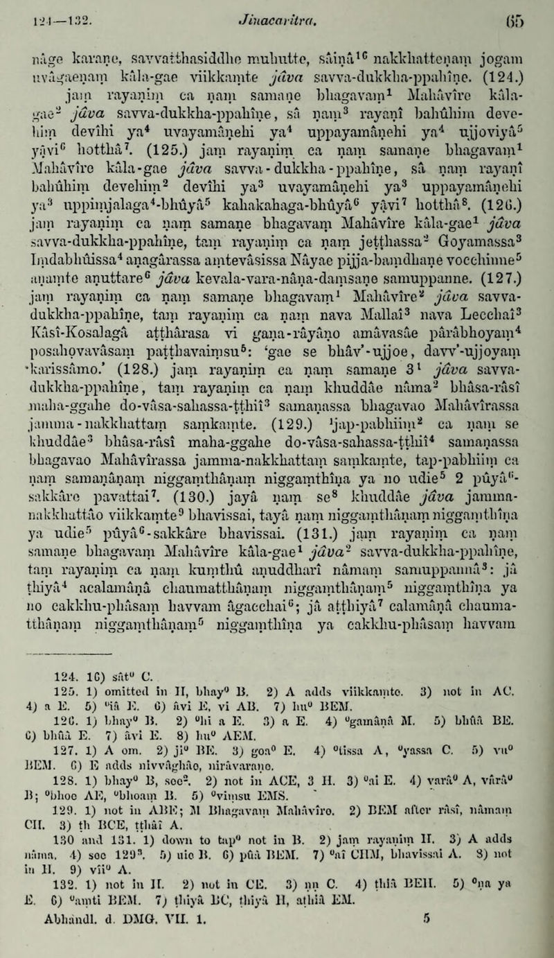 niige karane, savvaithasiddhe muhutte, sainaic nakkliattenam jogam uvagaenam kala-gae viikkamte java savva-dukkha-ppahine. (124.) jam rayanim ca nam samane bhagavam1 Mahavire kala- gae2 java sawa-dukkha-ppaliine, sa rain8 rayani bahuhim deve- him devihi ya4 uvayamaneki ya4 uppayamanehi ya4 ujjoviya,5 yavi® liottba7. (125.) jam rayanim ea nam samane bliagavani1 Mahavire kala-gae java sawa - dukkha - ppahine, sa nam rayani bahuhim devehim2 devihi ya3 uvayamanehi ya3 uppayamanehi ya3 uppiinjalaga4-bhuya5 kakakahaga-bkuya® yavi7 hottha8. (12L>.) jam rayanim ca nam samane bhagavam Mahavire kala-gae1 juva .savva-dukklia-ppaliine, tarn rayanim ca nam jetthassa2 Goyamassa3 Imdabbdissa4 anagarassa amtevasissa Nayae pijja-banidbane voechiime5 anamte anuttare® java kevala-vara-nana-damsane samuppanne. (127.) jatn rayanim ca nam samane bhagavam1 Mahavire2 java savva- dukkha-ppahine, tain rayanim ea nam nava Mallai3 nava Leccbai3 Kasi-Kosalaga attharasa vi gana-rayano amuvasae parabhoyam4 posabovavasam pattbavaimsu6: ‘gae se bbav’-ujjoe, daw’-ujjoyam •karissamo.' (128.) jam rayanim ca nam samane 3l java savva- dukkha-ppahine , tain rayanim ca nam khuddae llama2 bhasa-rasi malia-ggahe do-vasa-sabassa-ttliii3 samanassa bliagavao Mabavirassa jamma-nakkliattam samkamte. (129.) 'jap-pabbiiiu2 ca nam se khuddae3 bliasa-rasi maha-ggabe do-vasa-sahassa-ttliii4 samanassa bkagavao Mabavirassa jamma-nakkbattam samkamte, tap-pabbiini ca nam s am an an am niggamtbanam niggamthina ya no udie5 2 puya(i- saklcaro pavattai7. (130.) jaya nam se8 khuddae java jamma- nakkliattao viikkamte9 bbavissai, tayfi nam niggamtbanam nigganithina ya udie3 puyac-sakkare bbavissai. (131.) jam rayanim ca nam samane bliagavani Mahavire kala-gae1 juva- savva-dukklia-ppaliine, tam rayanim ca nam kumtliu anuddkari namam samuppaima3: ja tbiya4 acalamana, cliaumattbanam niggamtbanam5 niggamthina ya no cakkhu-phasam liavvam agaccbai®; ja attbiya7 calamana chauma- ttbanam niggamtbanam5 niggamthina ya eakldm-pbasam liavvam 124. 1C) satu C. 125. 1) omitted in II, bliay0 11. 2) A adds viikkanito. 3) not in AC. 4) a E. 5) “ia E. G) uvi IS, vi All. 7) liu° HEM. 12C. 1) bhny0 11. 2) °lii a IS. 3) a E. 4) “gamana M. 5) blifia BE. C) Lima. E. 7) avi E. 8) hu° AEM. 127. 1) A ora. 2) ji“ BE. 3) goa° E. 4) °lissa A, “yassa C. 5) vu° HEM. C) E adds nivvilghao, niravarano. 128. 1) bliay0 B, soc2 2) not iii ACE, 3 II. 3) °ai E. 4) vara0 A, vara0 B; °blioo A1S, “blioam B. 5) °viinsu ISMS. 129. 1) not in ABE; M Bhagavam Mabaviro. 2) BEM after nisi, mlmain CII. 3) th BCE, ttlmi A. 130 and 131. 1) down to tap0 not in H. 2) jam rayanim II. 3) A adds naina. 4) soo 129s. 5) uio B. G) pGa BEM. 7) °at CI1M, bbavissai A. 3) not in 11. 9) vii° A. 132. 1) not in II. 2) not In CE. 3) nn C. 4) tlila BEII. 5) °na ya E. G) °amti B1SM. 7; tbiya 110, tbiya 11, atliil EM.